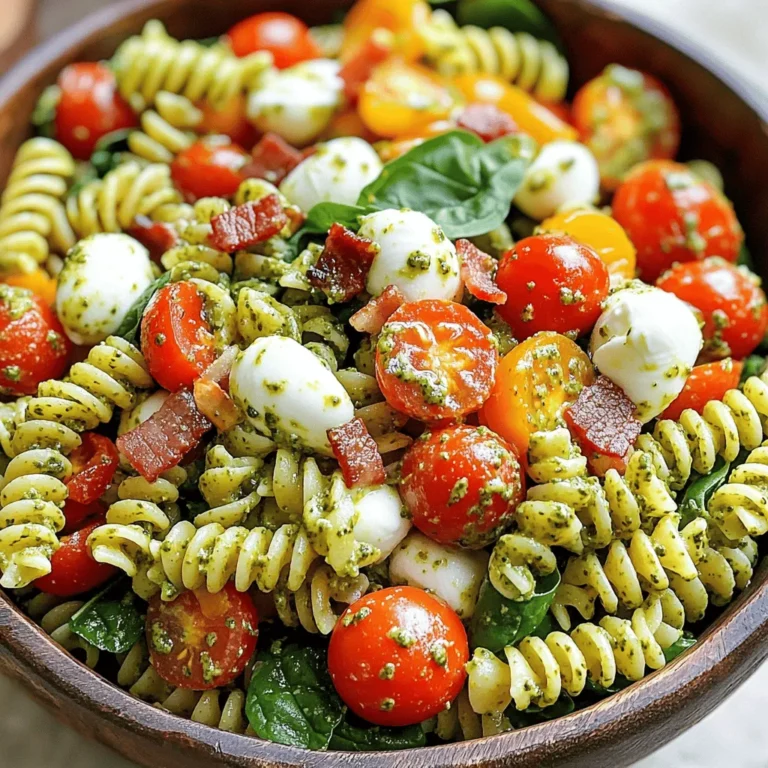 - 8 oz. pasta (fusilli or rotini) - 1 cup cherry tomatoes, halved - 1 cup mozzarella balls, halved - 1/2 cup cooked and crumbled bacon or crispy chickpeas - 1/4 cup red onion, finely chopped - 1 cup fresh spinach, chopped - 1/4 cup creamy pesto (store-bought or homemade) - 1/2 cup Greek yogurt - 2 tablespoons olive oil - Salt and pepper to taste - Fresh basil for garnish When I make creamy pesto pasta salad, I love using fresh ingredients. Fresh produce adds great flavor and nutrition. The cherry tomatoes burst with sweetness. They balance the rich, creamy dressing well. Mozzarella balls provide a nice texture. They also add a mild taste that pairs perfectly with pesto. For protein, I often use crispy bacon. It gives a savory crunch that everyone enjoys. If you want a vegetarian option, crispy chickpeas work great too. They add a nice crunch and are full of protein. The red onion adds a sharp bite, but you can use less if you prefer a milder taste. Don't forget the spinach! It brings a pop of green and lots of vitamins. It’s great to sneak in more veggies without changing the dish's flavor. The creamy pesto is the star of this salad. You can use store-bought or homemade. I always recommend trying it fresh if you have time. Greek yogurt adds creaminess and a bit of tang. It lightens the dish while keeping it rich. Olive oil helps to bring everything together and adds a nice smoothness. Lastly, season with salt and pepper to taste. Fresh basil leaves on top make it look beautiful and fragrant. For the full recipe, check out the complete instructions! To start, boil water in a large pot. Add a good amount of salt to the water. This helps flavor the pasta. Once the water is boiling, add 8 oz. of pasta. Fusilli or rotini works well for this dish. Cook the pasta according to the package directions. Aim for al dente texture, which means it should be firm yet cooked through. This usually takes about 8 to 10 minutes. After cooking, drain the pasta and rinse it under cold water. This stops the cooking process and cools it down. Next, let’s mix the dressing. In a bowl, combine 1/4 cup of creamy pesto with 1/2 cup of Greek yogurt. This gives the salad a rich and creamy taste. Add 2 tablespoons of olive oil for extra flavor. Season with salt and pepper to taste. Mix all these ingredients well. Taste the dressing and adjust the seasoning if needed. You can add more pesto for a stronger flavor or more yogurt for a milder taste. Now, it’s time to mix everything. In a large mixing bowl, combine the cooled pasta with the other ingredients. Add 1 cup of cherry tomatoes, halved, and 1 cup of mozzarella balls, halved. For added crunch, mix in 1/2 cup of cooked and crumbled bacon or crispy chickpeas. Don’t forget to add 1/4 cup of finely chopped red onion and 1 cup of chopped fresh spinach. Stir everything gently to ensure even distribution of ingredients. Finally, pour the dressing over the pasta and veggie mixture. Gently toss everything together until it’s well coated with the creamy pesto dressing. Cover the salad and place it in the fridge. Let it chill for at least 30 minutes. This allows the flavors to meld together beautifully, making each bite delicious. Before serving, give the salad another toss and garnish it with fresh basil leaves. Enjoy your creamy pesto pasta salad! For the complete recipe, check the Full Recipe. You can choose between homemade or store-bought pesto. Homemade pesto tastes fresh and bright. It only takes a few ingredients like basil, garlic, nuts, and olive oil. If you're short on time, store-bought pesto works just fine. Look for brands with natural ingredients. To boost the flavor of your pesto, try adding a squeeze of lemon juice. This makes the taste more vibrant. Grating some fresh Parmesan cheese into the pesto also adds depth. You can mix in nuts like pine nuts or walnuts for crunch. Feel free to swap ingredients based on your taste. If you don’t like spinach, add arugula or kale. You can also use different pasta shapes like penne or farfalle. For a lighter option, use zucchini noodles instead of pasta. If you want a vegetarian dish, replace bacon with crispy chickpeas. For a gluten-free option, pick gluten-free pasta. Serve this salad cold or at room temperature. For the best taste, let it chill in the fridge for at least 30 minutes. This helps all the flavors blend well. To make it look great, garnish with fresh basil leaves just before serving. Pair it with grilled chicken or a light white wine for a complete meal. You can even serve it alongside a crisp green salad or garlic bread to round out the spread. {{image_2}} You can switch up your pasta to fit your needs. Here are some great options: - Gluten-free pasta options: Use gluten-free fusilli or rotini for a safe choice. - Alternative shapes for variety: Try penne or farfalle for fun shapes that hold the sauce well. Protein makes this dish filling and tasty. Here are some ideas: - Substituting bacon with other proteins: Swap bacon for grilled chicken or shrimp for a hearty meal. - Vegan alternatives to creamy pesto pasta salad: Use crispy chickpeas or tofu to keep it plant-based and delicious. Adding extra flavors can make this salad really pop. Consider these tips: - Adding other vegetables or herbs: Toss in bell peppers, zucchini, or fresh herbs like parsley for a fresh twist. - Incorporating spices for an extra kick: A dash of red pepper flakes or garlic powder can give your salad a nice zing. Explore the [Full Recipe] for all the details to make this creamy pesto pasta salad your own! To keep your creamy pesto pasta salad fresh, follow these steps: - Place the salad in an airtight container. - Always let it cool to room temperature first. - Refrigerate it immediately after serving. Using glass or plastic containers with tight lids works best. This helps to keep the flavors locked in and prevents any odors from the fridge affecting your dish. Your salad will stay fresh in the fridge for about three to five days. After that, it may start to lose its taste and texture. Look for these signs to know when to toss it: - A sour smell or off odor. - Any change in color, especially in the veggies. - A slimy texture, especially on the pasta. You can freeze creamy pesto pasta salad, but it may change in texture once thawed. If you want to freeze it, here are some tips: - Use a freezer-safe bag or container. - Leave some space for the salad to expand. - Consider freezing the salad without the dressing for better quality. When you're ready to eat it, thaw it in the fridge overnight. Toss it with fresh dressing to restore flavor before serving. Enjoy your meal with confidence! For the complete recipe, check out the full recipe link. For creamy pesto pasta salad, I like using fusilli or rotini. These shapes hold the sauce well. They also add a nice texture to each bite. You can use other types like penne or farfalle if you prefer. The key is to choose pasta that can catch the creamy pesto. Yes, you can make this salad ahead of time. It actually tastes better after sitting for a while. Just prepare it and keep it in the fridge. I suggest making it up to a day in advance. This allows the flavors to blend nicely. Just remember to cover it well to keep it fresh. To lighten this recipe, you can use whole wheat pasta. This choice adds fiber and nutrients. You can also replace bacon with grilled chicken or skip it altogether. Using low-fat Greek yogurt instead of regular can cut down on calories too. These changes help keep the taste while making it healthier. You can add many ingredients to change the flavors. Try adding bell peppers or olives for a twist. You could also mix in roasted vegetables for extra taste. If you want a kick, add some red pepper flakes. Fresh herbs like parsley or arugula can brighten the dish too. This allows you to make the salad your own! This blog post explored making a creamy pesto pasta salad. We covered key ingredients like pasta, tomatoes, and bacon. I shared step-by-step instructions for cooking and combining the salad. You learned tips for customization and serving, along with storage methods. Remember, the joy of cooking lies in experimenting. Don't hesitate to swap ingredients or try new flavors. Your salad can be unique and tailored to your taste. Enjoy every bite of your delicious creation!