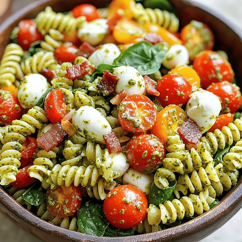 - 8 oz. pasta (fusilli or rotini) - 1 cup cherry tomatoes, halved - 1 cup mozzarella balls, halved - 1/2 cup cooked and crumbled bacon or crispy chickpeas - 1/4 cup red onion, finely chopped - 1 cup fresh spinach, chopped - 1/4 cup creamy pesto (store-bought or homemade) - 1/2 cup Greek yogurt - 2 tablespoons olive oil - Salt and pepper to taste - Fresh basil for garnish When I make creamy pesto pasta salad, I love using fresh ingredients. Fresh produce adds great flavor and nutrition. The cherry tomatoes burst with sweetness. They balance the rich, creamy dressing well. Mozzarella balls provide a nice texture. They also add a mild taste that pairs perfectly with pesto. For protein, I often use crispy bacon. It gives a savory crunch that everyone enjoys. If you want a vegetarian option, crispy chickpeas work great too. They add a nice crunch and are full of protein. The red onion adds a sharp bite, but you can use less if you prefer a milder taste. Don't forget the spinach! It brings a pop of green and lots of vitamins. It’s great to sneak in more veggies without changing the dish's flavor. The creamy pesto is the star of this salad. You can use store-bought or homemade. I always recommend trying it fresh if you have time. Greek yogurt adds creaminess and a bit of tang. It lightens the dish while keeping it rich. Olive oil helps to bring everything together and adds a nice smoothness. Lastly, season with salt and pepper to taste. Fresh basil leaves on top make it look beautiful and fragrant. For the full recipe, check out the complete instructions! To start, boil water in a large pot. Add a good amount of salt to the water. This helps flavor the pasta. Once the water is boiling, add 8 oz. of pasta. Fusilli or rotini works well for this dish. Cook the pasta according to the package directions. Aim for al dente texture, which means it should be firm yet cooked through. This usually takes about 8 to 10 minutes. After cooking, drain the pasta and rinse it under cold water. This stops the cooking process and cools it down. Next, let’s mix the dressing. In a bowl, combine 1/4 cup of creamy pesto with 1/2 cup of Greek yogurt. This gives the salad a rich and creamy taste. Add 2 tablespoons of olive oil for extra flavor. Season with salt and pepper to taste. Mix all these ingredients well. Taste the dressing and adjust the seasoning if needed. You can add more pesto for a stronger flavor or more yogurt for a milder taste. Now, it’s time to mix everything. In a large mixing bowl, combine the cooled pasta with the other ingredients. Add 1 cup of cherry tomatoes, halved, and 1 cup of mozzarella balls, halved. For added crunch, mix in 1/2 cup of cooked and crumbled bacon or crispy chickpeas. Don’t forget to add 1/4 cup of finely chopped red onion and 1 cup of chopped fresh spinach. Stir everything gently to ensure even distribution of ingredients. Finally, pour the dressing over the pasta and veggie mixture. Gently toss everything together until it’s well coated with the creamy pesto dressing. Cover the salad and place it in the fridge. Let it chill for at least 30 minutes. This allows the flavors to meld together beautifully, making each bite delicious. Before serving, give the salad another toss and garnish it with fresh basil leaves. Enjoy your creamy pesto pasta salad! For the complete recipe, check the Full Recipe. You can choose between homemade or store-bought pesto. Homemade pesto tastes fresh and bright. It only takes a few ingredients like basil, garlic, nuts, and olive oil. If you're short on time, store-bought pesto works just fine. Look for brands with natural ingredients. To boost the flavor of your pesto, try adding a squeeze of lemon juice. This makes the taste more vibrant. Grating some fresh Parmesan cheese into the pesto also adds depth. You can mix in nuts like pine nuts or walnuts for crunch. Feel free to swap ingredients based on your taste. If you don’t like spinach, add arugula or kale. You can also use different pasta shapes like penne or farfalle. For a lighter option, use zucchini noodles instead of pasta. If you want a vegetarian dish, replace bacon with crispy chickpeas. For a gluten-free option, pick gluten-free pasta. Serve this salad cold or at room temperature. For the best taste, let it chill in the fridge for at least 30 minutes. This helps all the flavors blend well. To make it look great, garnish with fresh basil leaves just before serving. Pair it with grilled chicken or a light white wine for a complete meal. You can even serve it alongside a crisp green salad or garlic bread to round out the spread. {{image_2}} You can switch up your pasta to fit your needs. Here are some great options: - Gluten-free pasta options: Use gluten-free fusilli or rotini for a safe choice. - Alternative shapes for variety: Try penne or farfalle for fun shapes that hold the sauce well. Protein makes this dish filling and tasty. Here are some ideas: - Substituting bacon with other proteins: Swap bacon for grilled chicken or shrimp for a hearty meal. - Vegan alternatives to creamy pesto pasta salad: Use crispy chickpeas or tofu to keep it plant-based and delicious. Adding extra flavors can make this salad really pop. Consider these tips: - Adding other vegetables or herbs: Toss in bell peppers, zucchini, or fresh herbs like parsley for a fresh twist. - Incorporating spices for an extra kick: A dash of red pepper flakes or garlic powder can give your salad a nice zing. Explore the [Full Recipe] for all the details to make this creamy pesto pasta salad your own! To keep your creamy pesto pasta salad fresh, follow these steps: - Place the salad in an airtight container. - Always let it cool to room temperature first. - Refrigerate it immediately after serving. Using glass or plastic containers with tight lids works best. This helps to keep the flavors locked in and prevents any odors from the fridge affecting your dish. Your salad will stay fresh in the fridge for about three to five days. After that, it may start to lose its taste and texture. Look for these signs to know when to toss it: - A sour smell or off odor. - Any change in color, especially in the veggies. - A slimy texture, especially on the pasta. You can freeze creamy pesto pasta salad, but it may change in texture once thawed. If you want to freeze it, here are some tips: - Use a freezer-safe bag or container. - Leave some space for the salad to expand. - Consider freezing the salad without the dressing for better quality. When you're ready to eat it, thaw it in the fridge overnight. Toss it with fresh dressing to restore flavor before serving. Enjoy your meal with confidence! For the complete recipe, check out the full recipe link. For creamy pesto pasta salad, I like using fusilli or rotini. These shapes hold the sauce well. They also add a nice texture to each bite. You can use other types like penne or farfalle if you prefer. The key is to choose pasta that can catch the creamy pesto. Yes, you can make this salad ahead of time. It actually tastes better after sitting for a while. Just prepare it and keep it in the fridge. I suggest making it up to a day in advance. This allows the flavors to blend nicely. Just remember to cover it well to keep it fresh. To lighten this recipe, you can use whole wheat pasta. This choice adds fiber and nutrients. You can also replace bacon with grilled chicken or skip it altogether. Using low-fat Greek yogurt instead of regular can cut down on calories too. These changes help keep the taste while making it healthier. You can add many ingredients to change the flavors. Try adding bell peppers or olives for a twist. You could also mix in roasted vegetables for extra taste. If you want a kick, add some red pepper flakes. Fresh herbs like parsley or arugula can brighten the dish too. This allows you to make the salad your own! This blog post explored making a creamy pesto pasta salad. We covered key ingredients like pasta, tomatoes, and bacon. I shared step-by-step instructions for cooking and combining the salad. You learned tips for customization and serving, along with storage methods. Remember, the joy of cooking lies in experimenting. Don't hesitate to swap ingredients or try new flavors. Your salad can be unique and tailored to your taste. Enjoy every bite of your delicious creation!