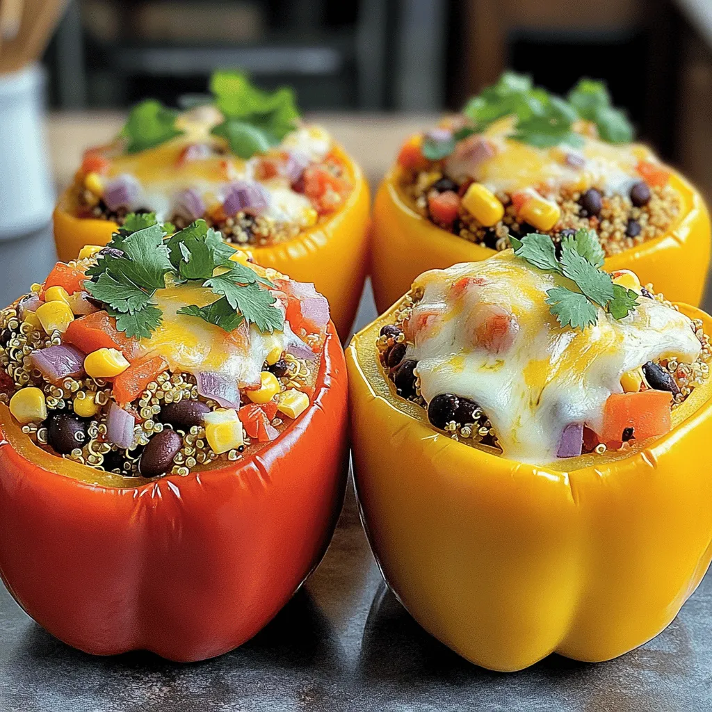 - 4 large bell peppers (any color) - 1 cup cooked quinoa - 1 cup black beans, rinsed and drained - 1 cup corn (fresh or frozen) - 1 cup diced tomatoes (canned or fresh) - 1 small red onion, finely chopped - 2 cloves garlic, minced - 1 teaspoon cumin - 1 teaspoon chili powder - Salt and pepper to taste - 1 cup shredded cheese (cheddar or a dairy-free alternative) - Fresh cilantro or parsley, for garnish To make veggie stuffed bell peppers, you need fresh and healthy ingredients. Bell peppers provide a sweet base. Quinoa adds protein and fiber. Black beans bring a hearty texture. Corn gives sweetness and crunch, while tomatoes add moisture. Red onion and garlic pack in flavor. Cumin and chili powder bring warmth and spice. Salt and pepper balance the dish. Cheese melts on top for a creamy finish. Lastly, fresh herbs like cilantro or parsley brighten the meal. Using the right ingredients makes your dish taste great. Each component adds something special. You can find this full recipe in the article. - Preheat the oven to 375°F (190°C). - Cut the tops off the bell peppers and remove seeds and membranes. To start, you need to preheat your oven. This step is important. A hot oven cooks food evenly. While that heats up, grab your bell peppers. I love using bright colors for fun meals. Cut off the tops carefully, then scoop out the seeds and membranes. This makes space for your tasty filling. - Combine cooked quinoa, black beans, corn, diced tomatoes, onion, garlic, spices, salt, and pepper. - Spoon the mixture into each bell pepper. Next, let’s mix the filling. In a big bowl, add cooked quinoa, black beans, corn, and diced tomatoes. Then, toss in the chopped onion and minced garlic. Don’t forget the spices—cumin and chili powder add great flavor. Add salt and pepper to taste. Mix everything until combined. Now, it’s time to fill those bell peppers! Spoon the mixture in tightly, making sure each pepper is packed full of goodness. - Top each pepper with shredded cheese and add water to the baking dish. - Cover with foil and bake, then remove foil to finish cooking. Now for baking! Sprinkle shredded cheese on top of each stuffed pepper. This gives a nice cheesy finish. Pour a little water into the baking dish. This helps steam the peppers, keeping them moist. Cover the dish with foil and bake for 25-30 minutes. After that time, take off the foil. Bake for another 10-15 minutes. This will melt the cheese and get the peppers tender. You’ll love the smell wafting through your kitchen! For the complete recipe, check out the [Full Recipe]. Choosing the right colors of bell peppers can make your dish pop. I like to mix red, yellow, and green peppers. This adds visual appeal and different flavors. Each color has its unique taste. Red peppers are sweeter, while green ones are more earthy. This variety enhances your meal. To avoid soggy peppers, try this simple trick. Before baking, add a splash of water to the bottom of your baking dish. Cover the dish with foil for the first part of cooking. This helps steam the peppers while keeping them firm. Remove the foil later to let the tops brown. Adding moisture to your stuffing is key for great flavor. I recommend using cooked quinoa or black beans, as they hold moisture well. Incorporate diced tomatoes into your filling. This not only adds flavor but also keeps the stuffing moist as it cooks. To ensure even cooking, pack the stuffing tightly into each pepper. This helps the filling cook uniformly. Use a spoon to press down gently, making sure the mixture is snug inside. This technique helps everything cook at the same rate. Pair your stuffed peppers with a fresh side salad. A light salad with lemon vinaigrette complements the dish well. You might also serve them with some crusty bread. This adds a nice texture contrast to the meal. For garnishing, fresh herbs like cilantro or parsley brighten the plate. Chop them finely and sprinkle on top just before serving. This adds a burst of color and freshness. You can also use a dollop of sour cream or yogurt to add creaminess. For the complete dish, check out the Full Recipe. {{image_2}} You can change grains for your stuffed peppers. Try rice, farro, or even couscous. Each grain adds a unique taste and texture. You can also switch out beans. Use kidney beans, chickpeas, or lentils instead of black beans. If you want protein, add ground turkey or tofu. These swaps will keep meals fresh and interesting. To boost flavor, add spices. Try paprika, oregano, or a dash of hot sauce. These spices give your dish a great kick. You can also mix in sauces like salsa or barbecue sauce. For a cheesy twist, use different cheese types. Feta, goat cheese, or pepper jack can change the taste. Each option makes your stuffed peppers special. If you want a vegan option, leave out cheese and use plant-based protein. You can also use nutritional yeast for a cheesy flavor. For gluten-free adjustments, check the grains and beans. Most of the ingredients are gluten-free, but always check labels. These changes help you enjoy stuffed peppers no matter your diet. For the full recipe, check the Veggie Stuffed Bell Peppers 🥗 section. To store leftovers of veggie stuffed bell peppers, let them cool first. Place them in an airtight container. You can keep them in the fridge for up to four days. If you want to save them for longer, freezing is a great option. To freeze stuffed peppers, wrap each one tightly in plastic wrap. Then, place them in a freezer bag. They can last for three months in the freezer. When you are ready to eat, just thaw them overnight in the fridge. To reheat your stuffed peppers, the oven works best. Preheat it to 350°F (175°C). Place the peppers in a baking dish. Cover with foil to keep them moist. Heat for about 20 minutes, or until warm. You can also use the microwave for faster reheating. Place a pepper on a microwave-safe plate. Heat for 2-3 minutes. Check if it's warm all the way through. Be careful, as the texture may change a bit. These methods help keep your stuffed peppers tasty and enjoyable! For the full recipe, check out the details above. How long to cook frozen stuffed peppers? Cook frozen stuffed peppers for about 45-50 minutes at 375°F (190°C). If they are not warm in the center, cook them longer. Can I make stuffed peppers ahead of time? Yes, you can make stuffed peppers a day before. Just prepare them, cover, and store in the fridge. Bake them when you are ready to eat. What to do if my peppers are too tough to eat? If your peppers are tough, try cooking them longer. You can also cut them in half, scoop the filling out, and cook them more. Are stuffed peppers healthy? Yes, stuffed peppers are healthy! They are full of nutrients from veggies, beans, and quinoa. They are low in fat and high in fiber. Can I reduce calories in this recipe? Absolutely! Use less cheese or a low-fat cheese. You can also cut down on oil or use less quinoa for fewer calories. How do I know when the peppers are done? Peppers are done when they are tender and the cheese is melted. You can poke them with a fork to check. Can I use mini peppers for this recipe? Yes, you can use mini peppers! They make great bite-sized snacks. Just adjust the cooking time to about 20-25 minutes. For the full recipe, check out the Veggie Stuffed Bell Peppers. In this guide, you learned how to make tasty stuffed peppers. We covered the ingredients, step-by-step preparation, and smart tips for success. You can mix and match fillings or adjust for diets. Proper storage and reheating will keep them fresh and delicious. Stuffed peppers are fun to make and share. Enjoy cooking, and let your creativity shine!