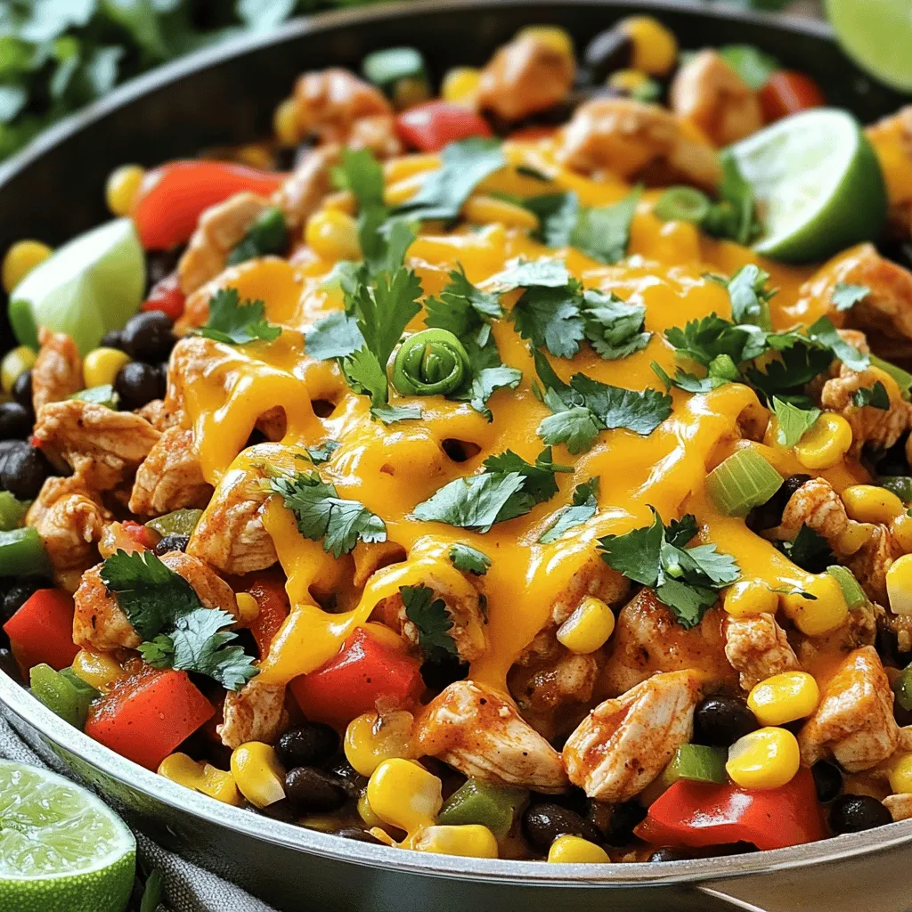 - 2 boneless, skinless chicken breasts, diced - 1 tablespoon olive oil - 1 medium onion, diced - 2 cloves garlic, minced - 1 bell pepper (any color), diced - 1 cup corn (fresh or frozen) - 1 can (15 oz) black beans, rinsed and drained - 2 teaspoons taco seasoning - 1 teaspoon smoked paprika - Salt and pepper to taste - 1 cup diced tomatoes (fresh or canned) - 1 cup shredded cheddar cheese - Fresh cilantro, chopped (for garnish) - Lime wedges (for serving) - Ensure even cooking of chicken. Cut the chicken into small, uniform pieces. This helps it cook evenly. - Properly rinse and drain beans. Rinsing removes excess salt and helps avoid a mushy texture. - Fresh vs. canned tomatoes. Fresh tomatoes add brightness, but canned tomatoes save time and still taste great. Use what fits your needs. This list of ingredients makes the Tex Mex Chicken Skillet a simple yet tasty meal. Each part plays a role in the dish's overall flavor. Enjoy experimenting with these tips as you prepare your meal. For the complete recipe, check out the Full Recipe. 1. Start by heating the olive oil in a large skillet over medium heat. 2. Add the diced chicken breasts and sprinkle with salt, pepper, taco seasoning, and smoked paprika. 3. Cook the chicken for about 5-7 minutes until it is browned and cooked through. You want it golden and juicy. 1. Next, add the diced onion and minced garlic. Cook for another 2-3 minutes. This step brings out great flavors. 2. Stir in the diced bell pepper and corn. Cook for 4-5 minutes until the pepper is tender. 3. Then, add the rinsed black beans and diced tomatoes. Mix everything well. Let it simmer for about 5 minutes. This helps all the flavors blend nicely. 1. Now, sprinkle shredded cheddar cheese over the mixture. Cover the skillet and let it melt for about 2-3 minutes. This makes it creamy and rich. 2. Once the cheese is melted, remove the skillet from heat. Garnish with fresh cilantro for a burst of color and flavor. 3. Serve hot with lime wedges on the side. The lime adds a nice zesty kick to your dish. For the full recipe, check the section above. To get the best flavor from your Tex Mex Chicken Skillet, focus on your seasoning. Use fresh herbs when possible. They add a bright taste. Always season your chicken well before cooking. This helps lock in moisture. To avoid dry chicken, cook it on medium heat. This will help it stay juicy. Don’t rush the cooking process. A few extra minutes can make a big difference. If you cut the chicken too soon, it might lose its juices. For side dishes, I love serving this skillet with rice or warm tortillas. Both soak up the tasty sauce well. You can also add a fresh salad for a crunchy contrast. For a fun twist, turn the skillet meal into tacos. Just spoon the mixture onto tortillas and add your favorite toppings. Feel free to customize servings! You can add more veggies like zucchini or spinach. For a kick, toss in some jalapeños. Each addition can make the dish your own. For the best results, use a large, heavy skillet. A cast-iron skillet holds heat well, giving an even cook. Alternatively, a non-stick skillet is great for easy clean-up. Useful kitchen tools include a sharp knife for quick chopping and a sturdy spatula for stirring. A lid is handy for melting cheese evenly. These tools make cooking smooth and fun. {{image_2}} You can use different proteins in this dish. If you want a tasty change, try turkey or shrimp. Both cook quickly and absorb the flavors well. For vegetarian options, use tofu or tempeh. Both give you protein while keeping it meat-free. To spice things up, add jalapeños or cayenne pepper. This will bring heat and excitement to your skillet. If you like veggies, toss in zucchini or spinach. They add color and nutrients. Don’t be shy to mix in your favorites! You can serve this dish in many ways. A skillet meal is quick and fun, but you can also bake it as a casserole. Just add a bit more cheese and bake until golden. Another option is to make wraps or tacos. Just fill tortillas with the mixture for a great handheld meal. For the full recipe, check out the [Full Recipe]. Store your Tex Mex Chicken Skillet leftovers in a safe way. Use airtight containers to keep the food fresh. Glass or plastic containers with tight lids work well. Let the dish cool down before sealing it. This helps prevent moisture build-up inside. Freezing this dish is simple. Place the cooled chicken skillet in freezer-safe bags or containers. Remove as much air as you can to avoid freezer burn. Label the bags with the date for easy tracking. To thaw, move it to the fridge overnight. When ready to eat, reheat on the stove until hot. You can also use a microwave. In the fridge, your Tex Mex Chicken Skillet lasts about 3 to 4 days. In the freezer, it stays good for up to 3 months. Watch for signs of spoilage like off smells or changes in color. If it looks or smells bad, toss it out. Enjoy your tasty meal safely! The Tex Mex Chicken Skillet takes about 30 minutes to make. You need 15 minutes to prep the ingredients. Cooking takes another 15 minutes. This quick time makes it a great weeknight meal. Yes, you can make this dish ahead of time. Cook it fully and let it cool. Store it in an airtight container in the fridge. It lasts for three to four days. Just reheat it on the stove or in the microwave. This helps save time on busy nights. If you don’t have taco seasoning, you can make your own. Combine chili powder, cumin, garlic powder, and onion powder. Use equal parts for a tasty mix. You can also try other spice blends like fajita seasoning. These options add great flavor to your dish. For more tips, check the Full Recipe. We covered the key ingredients, from chicken to garnishes, and how to cook them well. I shared tips to keep your chicken juicy and your flavors strong. You learned about variations for proteins and serving styles, plus storage tips to keep leftovers fresh. Remember, cooking is about creativity and fun. With these steps, you can make a delicious Tex Mex Chicken Skillet that suits your taste. Now, get cooking and enjoy your meal!