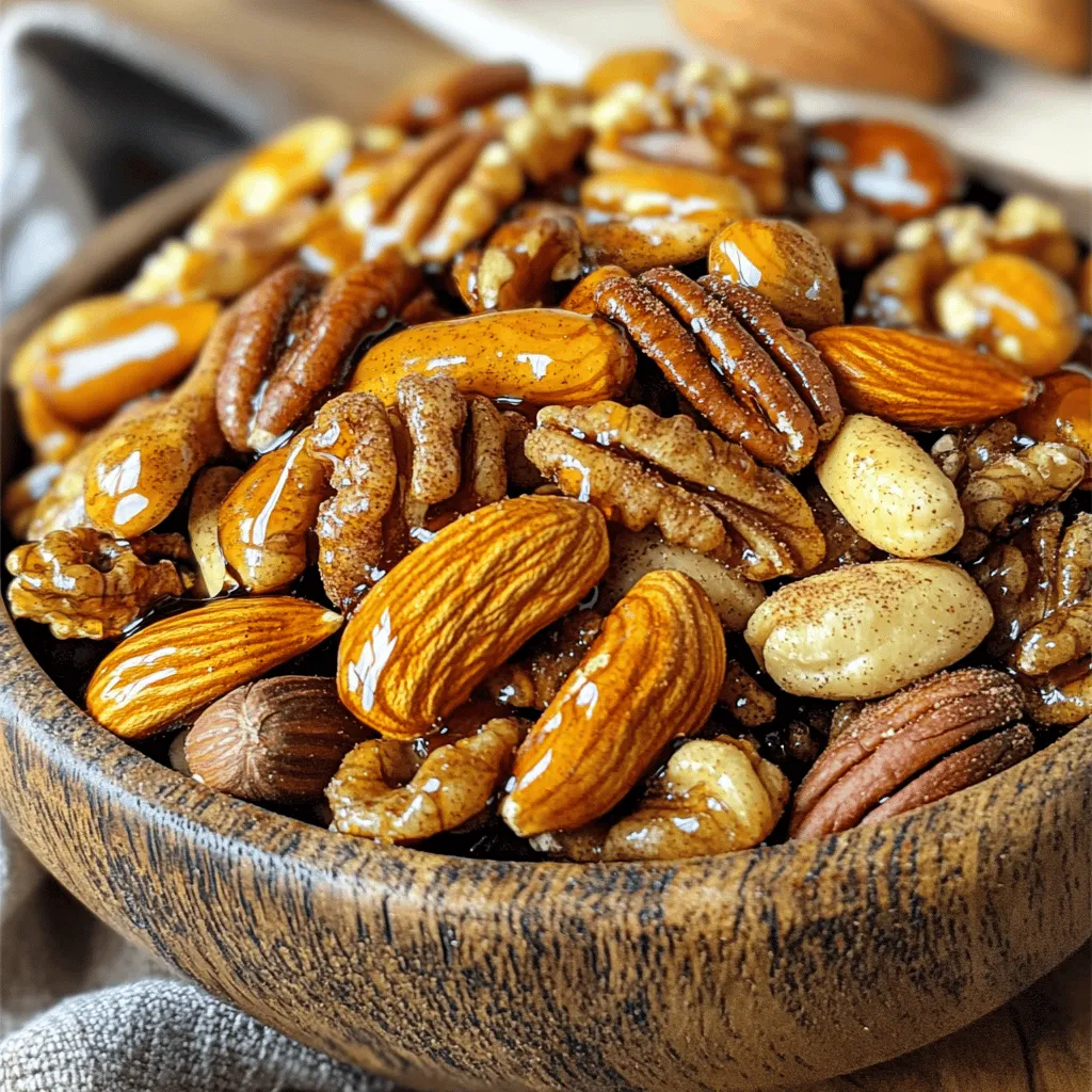 To make maple cinnamon roasted nuts, gather these key ingredients: - 2 cups mixed nuts (almonds, pecans, walnuts, cashews) - 1/4 cup maple syrup - 1 teaspoon ground cinnamon - 1/2 teaspoon vanilla extract - 1/4 teaspoon salt - 1/4 teaspoon nutmeg (optional) - 1 tablespoon coconut oil (melted) These ingredients create a sweet and crunchy treat that you’ll love. You can tweak this recipe to suit your taste. Here are some ideas: - Add a pinch of cayenne for heat. - Use a different sweetener like honey or agave. - Swap vanilla for almond extract for a unique twist. Feel free to mix and match these options. It makes the snack even more fun! Choosing the right nuts can enhance your snack. Here are some great mixes: - Almonds for a crunchier bite. - Pecans for a rich, buttery flavor. - Walnuts for a slightly bitter note. - Cashews for creaminess. Try combining all four for a delightful mix. Each nut adds its own charm, making your roasted nuts a true delight. For the full recipe, check out the instructions above. First, gather your ingredients. You need 2 cups of mixed nuts, maple syrup, and spices. Use a mixing bowl to combine the nuts with 1/4 cup of maple syrup. Add 1 teaspoon of ground cinnamon and a pinch of salt. You can also add nutmeg if you like. Drizzle in 1 tablespoon of melted coconut oil. Toss everything until the nuts are well coated. This helps the flavors stick to the nuts. Next, preheat your oven to 350°F (175°C). Line a baking sheet with parchment paper. Spread the coated nuts on the sheet in a single layer. Bake for 15-20 minutes. Stir the nuts every 5 minutes. This keeps them from burning and ensures even roasting. Watch closely, as they can burn quickly! When they turn golden and smell wonderful, they are ready. Once done, take the nuts out of the oven. Let them cool on the baking sheet. They will get crunchier as they cool. After they cool completely, store them in an airtight container. Keep them at room temperature for up to two weeks. You can use the Full Recipe to make these nuts easily at home. To make the best maple cinnamon roasted nuts, follow these tips: - Choose fresh nuts. Fresh nuts taste better and have a nice crunch. - Use a timer. Set a timer for every five minutes to stir the nuts. This helps them roast evenly. - Watch closely. Nuts can burn quickly. Keep an eye on them as they bake. - Cool completely. Let the nuts cool on the pan. They will get crunchier as they cool down. Here are some mistakes to watch for: - Too much maple syrup. Using too much syrup can make the nuts sticky. Stick to 1/4 cup for the best texture. - Not stirring enough. Forgetting to stir means uneven roasting. Always stir every five minutes. - Skipping the coconut oil. This oil helps the spices stick and adds flavor. Do not skip it! - Overcrowding the pan. Spread the nuts in a single layer. This helps them roast properly. You can boost the flavor of your nuts with these ideas: - Add a pinch of cayenne pepper. This gives a nice kick and balances the sweetness. - Try different spices. Add cardamom or ginger for a unique twist. - Mix in dried fruits. Raisins or cranberries add sweetness and texture. - Experiment with extracts. Swap vanilla for almond extract to change the flavor. For the full recipe, check out the Maple Cinnamon Roasted Nuts recipe above. {{image_2}} You can make maple cinnamon roasted nuts even sweeter. Add chocolate or dried fruits. Try mixing in dark chocolate chips after roasting. The warm nuts will melt the chocolate slightly. You can also add dried cranberries or raisins for a chewy touch. These additions give your snack more flavor and texture. The sweetness of maple syrup pairs well with chocolate and fruit, creating a delightful mix. If you want a twist, go for savory flavors. Add spices like paprika or cayenne for a kick. You can also mix in fresh herbs like rosemary or thyme. These herbs bring a nice earthiness to the nuts. Experiment with different spice blends to find your favorite. This variation makes a great snack for parties or gatherings. Not a nut fan? No problem! You can use seeds instead. Pumpkin seeds or sunflower seeds work great here. Follow the same recipe steps for roasting. Just remember to adjust the bake time slightly. These seed alternatives still give you a tasty snack. They also remain crunchy and delicious, just like the nuts. For the full recipe, check the section above. To keep your maple cinnamon roasted nuts fresh, store them in an airtight container. This prevents air from making them stale. Glass jars or plastic containers work well. Keep the nuts at room temperature. Avoid areas that are hot or humid, as this can affect texture and taste. When stored properly, your roasted nuts can last up to two weeks. They taste best when fresh, so try to eat them quickly. If you want to store them longer, consider freezing them. Frozen nuts can last for several months. Just make sure to use a freezer-safe container. These roasted nuts make great gifts! Use clear bags or jars to show off their beauty. Tie them with a ribbon for an extra touch. You can also label the jars with the date. This way, the recipient knows how fresh they are. Everyone loves a tasty, thoughtful gift! For the full recipe, check the earlier section. To make maple cinnamon roasted nuts, you start with mixed nuts. Use two cups of almonds, pecans, walnuts, or cashews. Then, mix in one-fourth cup of maple syrup and one teaspoon of ground cinnamon. Add half a teaspoon of vanilla extract, one-fourth teaspoon of salt, and optional nutmeg for flavor. Drizzle in one tablespoon of melted coconut oil. Toss everything well to coat the nuts. Spread them on a baking sheet and bake at 350°F for 15-20 minutes. Stir every five minutes to prevent burning. Once golden, let them cool completely. Yes, you can use different nuts! Feel free to mix and match your favorites. Almonds, pecans, walnuts, and cashews work great together. Each nut brings its own flavor and crunch. You can also try hazelnuts, macadamia nuts, or even peanuts. Just keep the total amount at two cups. This way, you’ll still enjoy that tasty maple and cinnamon flavor. Maple cinnamon roasted nuts can last up to two weeks. Store them in an airtight container. Keep them at room temperature. Make sure they cool completely before storing. This helps maintain their crunchiness. If you want them to last longer, you can freeze them. Just remember to thaw them before enjoying! Yes, maple cinnamon roasted nuts are healthy in moderation. Nuts are packed with protein, healthy fats, and fiber. They can help keep you full and satisfied. The maple syrup adds some sweetness but is lower in sugar than many snacks. Just watch your portion size since they are calorie-dense. Enjoy these nuts as a snack or topping for yogurt or salads. They bring flavor and health benefits together! In this post, I covered how to make tasty roasted nuts. We discussed the ingredients, step-by-step instructions, and helpful tips. You learned about sweet and savory variations, plus nut-free options. I also shared the best ways to store your nuts and answered common questions. Remember, customizing your nuts can make them even more special. Enjoy experimenting with flavors and sharing your snacks with friends. Roasted nuts can be fun, healthy, and delightful for everyone!