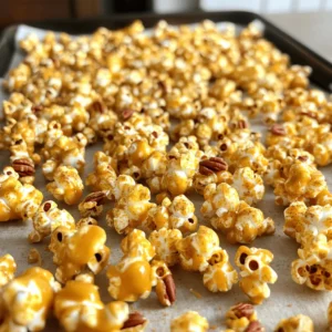 - 1 cup popcorn kernels (or 12 cups popped popcorn) - 1 cup brown sugar - 1/2 cup unsalted butter - 1/4 cup light corn syrup - 1 teaspoon vanilla extract - 1 teaspoon pumpkin spice blend - 1/2 cup chopped pecans - 1/4 teaspoon salt - 1/2 teaspoon baking soda To make Caramel Pumpkin Spice Popcorn, you need simple ingredients. The popcorn kernels are the base. You can use 1 cup of kernels or 12 cups of popped popcorn. Brown sugar gives the caramel its rich taste. Unsalted butter adds creaminess. For flavor, light corn syrup helps the caramel stay soft and shiny. Vanilla extract adds warmth. The pumpkin spice blend brings that cozy fall flavor. You can use a mix of cinnamon, nutmeg, and ginger if you prefer. Optional add-ins can boost the popcorn. Chopped pecans add crunch and flavor. A little salt brings out the sweetness. Baking soda helps the caramel stay light and airy. You can find the full recipe at the end. This treat is perfect for fall, so gather your ingredients and get ready to enjoy this delicious snack! To start, you need to pop the popcorn. You can use an air popper, stovetop, or microwave. Each method works well. Once you have your popcorn, make sure to place it in a large, greased bowl. This helps prevent sticking. Check for unpopped kernels, and remove them. If you like, add some chopped pecans for extra crunch. Next, let’s make the caramel sauce. In a medium saucepan, combine the brown sugar, unsalted butter, light corn syrup, and salt. Stir this mixture over medium heat. Keep stirring until it starts to boil gently. When it boils, let it do so without stirring for 4-5 minutes. This helps it reach the right temperature. After boiling, take it off the heat. Carefully stir in the vanilla extract, pumpkin spice blend, and baking soda. Be careful, as it will bubble up. Now, it’s time to combine everything. Immediately pour the hot caramel sauce over the popped popcorn. Use a spatula to mix it gently. Make sure every kernel gets a good coat of caramel. This is key for delicious flavor. Preheat your oven to 250°F (120°C). Spread the caramel-coated popcorn on a lined baking sheet. Make sure it’s in an even layer. Bake it for about 30 minutes. Remember to stir every 10 minutes. This ensures even coating and crunchiness. After baking, take the popcorn out of the oven. Let it cool completely on the baking sheet. Once it’s cool, break apart any clumps. Now, your Caramel Pumpkin Spice Popcorn is ready to serve. Enjoy this sweet, crunchy fall treat! For the full recipe, check the recipe section. To make great caramel, temperature matters. Use a candy thermometer for best results. Aim for the soft-ball stage, around 240°F (115°C). This gives a rich, gooey texture. Burning caramel can ruin your treat. To avoid this, cook on medium heat. Stir often at the start, but stop once it boils. Let it bubble without stirring. Store your homemade popcorn in an airtight container. This keeps it crispy and fresh. Glass jars or heavy-duty bags work well. To extend freshness, add a piece of bread to the container. The bread absorbs moisture, keeping popcorn crunchy longer. Pair your popcorn with warm apple cider or pumpkin spice lattes. This combo enhances the fall flavors. For parties, serve in festive bowls or bags. You can also layer it in mason jars for a cute display. Add a sprinkle of sea salt on top for a nice contrast. For the full recipe, check out the Caramel Pumpkin Spice Popcorn section. Enjoy your fall treat! {{image_2}} You can change the spice blend to fit your taste. Try adding some chai spices for a warm twist. If you want a kick, use cayenne pepper. You can also keep it simple with just cinnamon. Mix sweet and savory by adding some cheese powder. This makes a fun contrast with the caramel. You could even add some crushed pretzels for a salty crunch. This mix of flavors can make your popcorn unique. Nuts and seeds can add amazing texture. Use chopped almonds or walnuts for a nutty flavor. Pumpkin seeds also add a nice crunch. You can even mix in sunflower seeds for a different taste. For a sweet touch, add dried fruits like cranberries or raisins. They pair well with the caramel. If you're a chocolate lover, try adding chocolate chips. Just sprinkle them in right after baking. If you want to save time, look for flavored popcorn in stores. Many brands sell pumpkin spice popcorn during fall. Some popular brands include Popcornopolis and Garrett Popcorn. Read reviews to find the best options. Some brands use real pumpkin spice, while others rely on artificial flavors. Always check the ingredient list for quality. You want the best taste without any weird additives. For more ideas, check out the Full Recipe for Caramel Pumpkin Spice Popcorn. This caramel pumpkin spice popcorn is tasty and has useful nutrients. Each serving has about 150 calories. The popcorn gives you fiber, while brown sugar adds energy. The pumpkin spice mix contains spices with antioxidants, like cinnamon and nutmeg. If you need gluten-free options, use plain popcorn kernels. They do not contain gluten. For a vegan diet, swap butter for coconut oil or vegan butter. You can also skip the pecans if you want a nut-free treat. Serving size matters. A small bowl is great for snacking. If you want dessert, use a bigger bowl. This treat is sweet and filling, so enjoy it in moderation. You can share it with friends or save some for later! To make your popcorn less sticky, you can adjust the caramel recipe. Use less butter and sugar to create a drier caramel. You can also bake it a bit longer. This helps the popcorn dry out and become crunchier. Stir the popcorn more often while baking to get even coverage. Yes, you can use microwave popcorn. Just pop the popcorn according to the package instructions. Measure out 12 cups of popped popcorn for this recipe. Use a bowl to mix the popcorn with the caramel. This makes it super easy and quick! Store any leftover popcorn in an airtight container. This keeps it fresh for a longer time. You can also add a small piece of bread to keep moisture in check. Just remember to take it out before you enjoy your snack! To scale the recipe for parties, just double or triple the ingredients. You’ll need more popcorn kernels and caramel sauce. Make sure to use a bigger bowl for mixing. You can also bake it on multiple trays. This way, everyone can enjoy this tasty treat! For the full recipe, check the main section. This blog post covered the complete process of making Caramel Pumpkin Spice Popcorn. You learned about the key ingredients, step-by-step instructions, and helpful tips. Understanding variations, nutrition, and storage keeps your popcorn delicious and fresh. Remember, you can always adjust the flavors to suit your taste. Enjoy experimenting with add-ins for a fun twist. Now, you can create this sweet treat for any occasion and impress your friends and family!