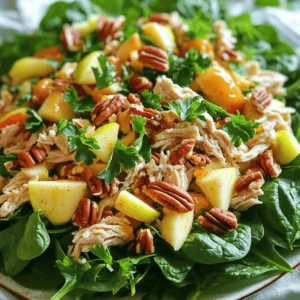 To make my Apple Pecan Chicken Salad, you need fresh and simple ingredients. Here’s what you’ll need: - 2 cups cooked chicken - 1 large apple (Granny Smith or Honeycrisp) - 1/2 cup pecans - 1/3 cup celery - 1/4 cup red onion - 1/2 cup Greek yogurt or mayonnaise - 1 tablespoon honey - 1 tablespoon Dijon mustard - 1 tablespoon lemon juice - Salt and pepper to taste - Fresh greens for serving Each ingredient plays a key role in making this salad bright and tasty. The chicken gives it a solid base, while the apple adds a crisp bite. Pecans give it a nice crunch, and the veggies add color and flavor. The dressing made with Greek yogurt is creamy and zesty. You can find the full recipe [here](#). Use these ingredients to create a salad that is both fresh and healthy. To start, you need to prepare the apple and pecans. Here’s how: - Dicing the Apple: First, wash the apple. Then, cut it into quarters and remove the core. Slice each quarter into thin strips. Next, turn the strips and chop them into small cubes. I like using Granny Smith for a tart taste, but Honeycrisp works great too. - Chopping the Pecans: Take the pecans and place them on a cutting board. Use a sharp knife to chop them into smaller pieces. Aim for a rough chop to keep some crunch in the salad. Now for the chicken: - Shredding or Dicing Cooked Chicken: If you have cooked chicken, you can shred it with two forks or dice it. Just cut the chicken into small, bite-sized pieces. This makes it easier to mix with other ingredients later. Once your ingredients are ready, it’s time to mix: - Combining Chicken and Produce: In a large bowl, add the shredded or diced chicken. Then, toss in the diced apple, chopped pecans, finely chopped celery, and red onion. Mix gently to avoid crushing the apple. - Preparing the Dressing: In a smaller bowl, whisk together Greek yogurt, honey, Dijon mustard, lemon juice, salt, and pepper. Make sure it’s smooth and well-blended. This dressing adds a creamy touch to the salad. Now that everything is combined, let’s finish up: - Tossing Ingredients and Chilling: Pour the dressing over the chicken mixture. Fold gently until all pieces are coated. Then, cover the bowl and refrigerate the salad for at least 30 minutes. This chilling time helps the flavors blend well. - Serving Suggestions over Greens: When you’re ready to serve, place a generous scoop of the chicken salad over a bed of fresh greens like spinach or mixed greens. For a nice touch, sprinkle extra pecans and apple slices on top. For the complete recipe, check out the [Full Recipe]. Use the right apples in your salad. I recommend Granny Smith or Honeycrisp apples. They add a nice crunch and a tart flavor. The tartness works well with the creamy dressing. Chill the salad for at least 30 minutes. This time helps the flavors blend and become more tasty. Chilling also makes the salad refreshing. You want a creamy dressing, but not too thick. If your dressing seems too thick, add a splash of lemon juice or water. This will help it coat the chicken and apples evenly. Balance the flavors by tasting as you mix. Adjust with more salt, pepper, or honey if needed. This way, each bite will have a great taste. Prep your chicken ahead of time. Cook it and shred or dice it the day before. This saves you time when making the salad. You can also use rotisserie chicken as a shortcut. It is cooked and seasoned perfectly, saving you effort. Just shred and mix it in; it’s quick and easy. {{image_2}} If you want to switch things up, you can change the Greek yogurt. Use sour cream for a creamier texture. You can also try cottage cheese, which adds protein and a different taste. When it comes to nuts, pecans are great, but you can use walnuts or almonds too. Each nut brings its own flavor. Walnuts have a rich taste, while almonds add a nice crunch. To add more sweetness or tartness, consider dried cranberries or grapes. They enhance the flavor and add a pop of color. You can also mix in fresh herbs like parsley or dill. These herbs freshen up the dish and make it even tastier. For a fun twist, serve the chicken salad as a sandwich or wrap. Use whole grain bread or a tortilla for a healthy choice. If you have guests, you can get creative with plating. Use lettuce leaves as cups or stack the salad in a clear glass. This gives a nice view of the colorful layers. For the full recipe, check out the detailed instructions above! Apple Pecan Chicken Salad stays fresh in the fridge for up to three days. Store it in an airtight container to keep it crisp. Glass containers work well because they don’t stain and are easy to clean. Plastic containers are fine too, but ensure they are safe for food storage. You can freeze Apple Pecan Chicken Salad, but it may change texture. The apples and celery might get mushy. If you still want to freeze it, pack it in a freezer-safe bag or container. When ready to eat, thaw it in the fridge overnight. Serve it cold for the best taste. Look for signs of spoilage. If the salad smells off or has a slimy texture, throw it away. Always keep leftovers in the fridge and eat them within three days. This way, you stay safe and enjoy every bite. For more detailed steps, check the Full Recipe. The best apple for chicken salad is often a crisp variety. I recommend using Granny Smith or Honeycrisp apples. - Granny Smith: These apples are tart and crunchy. They add a nice zing to the salad. - Honeycrisp: These are sweet and juicy. They provide a lovely contrast to the savory chicken. Using the right apple can really boost the taste and texture of your salad. Think about what flavor you want to highlight in your dish! Yes, you can easily add more protein to this salad! Here are some great options: - Nuts: Add more pecans or try walnuts. They give a nice crunch and flavor. - Tofu: For a vegetarian option, use firm or extra-firm tofu. It can soak up flavors well. - Chickpeas: These are a tasty way to add protein and fiber. They mix well with the other ingredients. Each of these options can enhance your salad and make it even more filling. Making this salad lighter is simple! Here are a few tips: - Use less dressing: Start with half the amount of Greek yogurt or mayonnaise. - Swap yogurt: Use a low-fat yogurt or even a plant-based yogurt. - Skip the nuts: This will cut down on fat and calories. You can still get crunch from celery. These changes will keep the salad fresh and tasty while reducing calories. Enjoy your healthy twist! This blog post walked you through making a tasty Apple Pecan Chicken Salad. We discussed the key ingredients and how to prepare each one. Mixing and chilling the salad enhances its flavor. Remember, you can swap ingredients or serve it in different ways. This salad is great for meal prep and easy to store. You can enjoy it fresh or chilled, satisfying your taste buds with every bite. Have fun experimenting with flavors and make this dish your own!