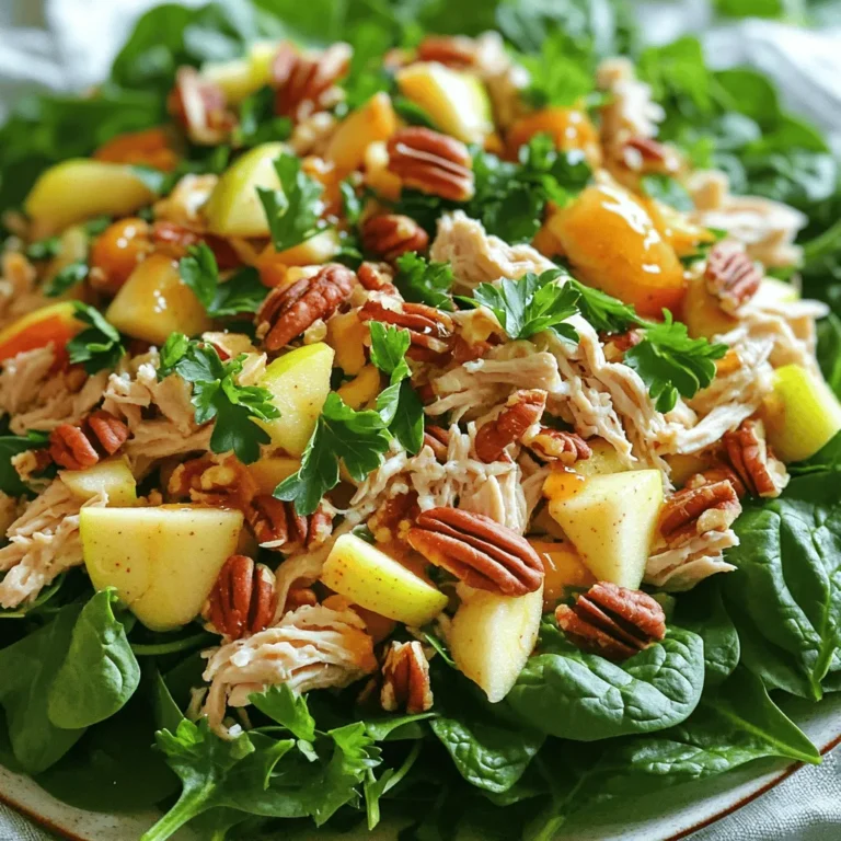 To make my Apple Pecan Chicken Salad, you need fresh and simple ingredients. Here’s what you’ll need: - 2 cups cooked chicken - 1 large apple (Granny Smith or Honeycrisp) - 1/2 cup pecans - 1/3 cup celery - 1/4 cup red onion - 1/2 cup Greek yogurt or mayonnaise - 1 tablespoon honey - 1 tablespoon Dijon mustard - 1 tablespoon lemon juice - Salt and pepper to taste - Fresh greens for serving Each ingredient plays a key role in making this salad bright and tasty. The chicken gives it a solid base, while the apple adds a crisp bite. Pecans give it a nice crunch, and the veggies add color and flavor. The dressing made with Greek yogurt is creamy and zesty. You can find the full recipe [here](#). Use these ingredients to create a salad that is both fresh and healthy. To start, you need to prepare the apple and pecans. Here’s how: - Dicing the Apple: First, wash the apple. Then, cut it into quarters and remove the core. Slice each quarter into thin strips. Next, turn the strips and chop them into small cubes. I like using Granny Smith for a tart taste, but Honeycrisp works great too. - Chopping the Pecans: Take the pecans and place them on a cutting board. Use a sharp knife to chop them into smaller pieces. Aim for a rough chop to keep some crunch in the salad. Now for the chicken: - Shredding or Dicing Cooked Chicken: If you have cooked chicken, you can shred it with two forks or dice it. Just cut the chicken into small, bite-sized pieces. This makes it easier to mix with other ingredients later. Once your ingredients are ready, it’s time to mix: - Combining Chicken and Produce: In a large bowl, add the shredded or diced chicken. Then, toss in the diced apple, chopped pecans, finely chopped celery, and red onion. Mix gently to avoid crushing the apple. - Preparing the Dressing: In a smaller bowl, whisk together Greek yogurt, honey, Dijon mustard, lemon juice, salt, and pepper. Make sure it’s smooth and well-blended. This dressing adds a creamy touch to the salad. Now that everything is combined, let’s finish up: - Tossing Ingredients and Chilling: Pour the dressing over the chicken mixture. Fold gently until all pieces are coated. Then, cover the bowl and refrigerate the salad for at least 30 minutes. This chilling time helps the flavors blend well. - Serving Suggestions over Greens: When you’re ready to serve, place a generous scoop of the chicken salad over a bed of fresh greens like spinach or mixed greens. For a nice touch, sprinkle extra pecans and apple slices on top. For the complete recipe, check out the [Full Recipe]. Use the right apples in your salad. I recommend Granny Smith or Honeycrisp apples. They add a nice crunch and a tart flavor. The tartness works well with the creamy dressing. Chill the salad for at least 30 minutes. This time helps the flavors blend and become more tasty. Chilling also makes the salad refreshing. You want a creamy dressing, but not too thick. If your dressing seems too thick, add a splash of lemon juice or water. This will help it coat the chicken and apples evenly. Balance the flavors by tasting as you mix. Adjust with more salt, pepper, or honey if needed. This way, each bite will have a great taste. Prep your chicken ahead of time. Cook it and shred or dice it the day before. This saves you time when making the salad. You can also use rotisserie chicken as a shortcut. It is cooked and seasoned perfectly, saving you effort. Just shred and mix it in; it’s quick and easy. {{image_2}} If you want to switch things up, you can change the Greek yogurt. Use sour cream for a creamier texture. You can also try cottage cheese, which adds protein and a different taste. When it comes to nuts, pecans are great, but you can use walnuts or almonds too. Each nut brings its own flavor. Walnuts have a rich taste, while almonds add a nice crunch. To add more sweetness or tartness, consider dried cranberries or grapes. They enhance the flavor and add a pop of color. You can also mix in fresh herbs like parsley or dill. These herbs freshen up the dish and make it even tastier. For a fun twist, serve the chicken salad as a sandwich or wrap. Use whole grain bread or a tortilla for a healthy choice. If you have guests, you can get creative with plating. Use lettuce leaves as cups or stack the salad in a clear glass. This gives a nice view of the colorful layers. For the full recipe, check out the detailed instructions above! Apple Pecan Chicken Salad stays fresh in the fridge for up to three days. Store it in an airtight container to keep it crisp. Glass containers work well because they don’t stain and are easy to clean. Plastic containers are fine too, but ensure they are safe for food storage. You can freeze Apple Pecan Chicken Salad, but it may change texture. The apples and celery might get mushy. If you still want to freeze it, pack it in a freezer-safe bag or container. When ready to eat, thaw it in the fridge overnight. Serve it cold for the best taste. Look for signs of spoilage. If the salad smells off or has a slimy texture, throw it away. Always keep leftovers in the fridge and eat them within three days. This way, you stay safe and enjoy every bite. For more detailed steps, check the Full Recipe. The best apple for chicken salad is often a crisp variety. I recommend using Granny Smith or Honeycrisp apples. - Granny Smith: These apples are tart and crunchy. They add a nice zing to the salad. - Honeycrisp: These are sweet and juicy. They provide a lovely contrast to the savory chicken. Using the right apple can really boost the taste and texture of your salad. Think about what flavor you want to highlight in your dish! Yes, you can easily add more protein to this salad! Here are some great options: - Nuts: Add more pecans or try walnuts. They give a nice crunch and flavor. - Tofu: For a vegetarian option, use firm or extra-firm tofu. It can soak up flavors well. - Chickpeas: These are a tasty way to add protein and fiber. They mix well with the other ingredients. Each of these options can enhance your salad and make it even more filling. Making this salad lighter is simple! Here are a few tips: - Use less dressing: Start with half the amount of Greek yogurt or mayonnaise. - Swap yogurt: Use a low-fat yogurt or even a plant-based yogurt. - Skip the nuts: This will cut down on fat and calories. You can still get crunch from celery. These changes will keep the salad fresh and tasty while reducing calories. Enjoy your healthy twist! This blog post walked you through making a tasty Apple Pecan Chicken Salad. We discussed the key ingredients and how to prepare each one. Mixing and chilling the salad enhances its flavor. Remember, you can swap ingredients or serve it in different ways. This salad is great for meal prep and easy to store. You can enjoy it fresh or chilled, satisfying your taste buds with every bite. Have fun experimenting with flavors and make this dish your own!