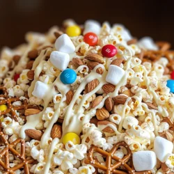 - 2 cups popcorn (popped and unsalted) - 1 cup pretzel sticks - 1 cup roasted almonds or mixed nuts - 1 cup mini marshmallows - 1 cup white chocolate chips - 1/2 cup M&M's or chocolate candies - 1/2 teaspoon sea salt - 1/4 teaspoon cinnamon (optional) Gather these ingredients, and you’re ready to make a fun snack. Each one adds a unique crunch and flavor. The popcorn is light and airy. Pretzel sticks give a nice salty bite. Nuts add healthy fats and protein. Mini marshmallows bring sweetness and chewiness. White chocolate chips melt into a creamy layer. M&M's add color and crunch. Sea salt enhances all the flavors, while cinnamon gives a warm touch if you choose to add it. You can swap nuts for seeds if you need a nut-free mix. Sunflower seeds or pumpkin seeds work well. Want to change the chocolate? Dark chocolate chips can replace white chocolate chips for a richer taste. This mix allows for creativity and personal taste. Choosing good white chocolate is vital. Look for brands that list cocoa butter as the first ingredient. Avoid chips with low-quality fats. Freshness matters too. Make sure your popcorn is light and crisp. Nuts should be crunchy and not stale. Fresh ingredients make the mix taste great. - Popping the popcorn: Start by popping 2 cups of popcorn. You can use an air popper or pop it on the stove. Make sure it is unsalted. - Cooling on a baking sheet: Once popped, spread the popcorn on a large baking sheet. Let it cool for a few minutes. - Combining dry ingredients in a bowl: In a large mixing bowl, combine the cooled popcorn, 1 cup of pretzel sticks, 1 cup of roasted almonds or mixed nuts, and 1 cup of mini marshmallows. Mix them gently. - Melting the white chocolate: In a microwave-safe bowl, add 1 cup of white chocolate chips. Melt them in 30-second intervals. Stir after each interval until smooth. - Drizzling and folding the mixture: Drizzle the melted white chocolate over the popcorn mix. Use a spatula to fold the mixture gently until all ingredients are coated. - Setting the snack mix to harden: Sprinkle 1/2 teaspoon of sea salt and 1/4 teaspoon of cinnamon if you like. Fold again to mix. Add 1/2 cup of M&M's or chocolate candies. Spread the mix back on the baking sheet. Let it set for about 30 minutes until the chocolate hardens. Enjoy your tasty White Chocolate Trash Mix! For complete details, check out the Full Recipe. To make the best White Chocolate Trash Mix, avoid burned chocolate. Melting white chocolate can be tricky. Use a microwave at low power. Heat it in 30-second bursts. Stir well after each burst. This keeps the chocolate smooth and creamy. Balancing sweet and salty is key. The salty pretzels and nuts pair well with sweet chocolate. Use just the right amount of sea salt. It enhances the flavors without overpowering the mix. You can personalize your mix in fun ways. Adding spices can give it a unique twist. A sprinkle of cinnamon adds warmth. You might try a little cayenne for heat, too. Incorporate seasonal treats for a festive flair. For Halloween, toss in some candy corn. During winter, add peppermint bits for a holiday touch. For parties, presentation matters. Use a large bowl or clear jars to show off the mix. You can also make small bags for guests to take home. To store your mix, use an airtight container. This keeps it fresh for longer. Enjoy it within a week for the best taste. {{image_2}} You can easily change up your White Chocolate Trash Mix for special times of the year. For Halloween, add candy corn. The bright colors and fun shapes make it festive and tasty. For Christmas, try adding peppermint. The cool mint flavor pairs well with white chocolate. You can crush peppermint candies or use peppermint bark for a fun twist. Both ideas make your mix stand out and taste great! If you need gluten-free options, swap pretzel sticks for gluten-free pretzels. There are many brands that offer tasty choices. For a vegan-friendly mix, use dairy-free white chocolate chips. You can find these at most grocery stores. Also, make sure your nuts and candies are free from animal products. These small changes let everyone enjoy the mix, no matter their diet. To make your White Chocolate Trash Mix even better, you can mix in different chocolates. Dark or milk chocolate chips add richness to the blend. You can also include dried fruits like cranberries or apricots. These add sweetness and chewiness. If you like coconut, try adding shredded coconut for a tropical taste. These ideas help you create a unique version of this fun snack! To keep your White Chocolate Trash Mix fresh, use an airtight container. This helps prevent air from making it stale. I recommend a glass jar or a plastic container with a tight lid. Before sealing, make sure the mix is completely cool. If it’s warm, the steam can create moisture inside the container, leading to sogginess. For added freshness, you can also add a small piece of bread inside the container. This helps absorb any excess moisture. When stored correctly, your mix can last up to two weeks. Look for any signs of spoilage, such as a change in texture or smell. If you notice it feels soft or has an off odor, it’s best to toss it. Always check for any candy that may have melted and caused clumping. You can freeze this mix if you want to keep it longer. Just place it in a freezer-safe bag or container. Make sure to remove as much air as possible. To thaw, take it out and let it sit at room temperature for a few hours. Avoid microwaving it, as this can soften the chocolate. Enjoy your White Chocolate Trash Mix by following these storage tips and savoring its delightful crunch! White Chocolate Trash Mix is a fun and tasty snack. It combines sweet and salty flavors in one bowl. This mix is perfect for parties, movie nights, or just a snack at home. You can make it easily with simple ingredients. The mix usually includes popcorn, pretzels, nuts, marshmallows, and white chocolate. Each bite gives you a mix of crunch, creaminess, and sweetness. It’s a great way to enjoy a variety of textures and tastes in one snack. Yes, you can use regular chocolate if you want. Regular chocolate has a richer taste and darker color. It will change the mix's look and flavor. White chocolate is sweeter and creamier. If you switch to dark or milk chocolate, balance the other ingredients. You might want to add a little more salt or nuts to balance the sweetness. To reduce the sweetness, try these tips: - Use less white chocolate. - Add more salty snacks like pretzels or nuts. - Mix in unsweetened coconut or dried fruits. - Add a pinch of sea salt to enhance flavors. These changes will give you a more balanced taste without losing the fun of the mix. Enjoy your White Chocolate Trash Mix with these helpful tweaks! You now have a tasty recipe for White Chocolate Trash Mix. We explored the right ingredients and how to mix them. You learned tips for picking the best items and tricks for a great mix. Feel free to customize it with your favorite snacks. This treat can fit any occasion, whether a party or a cozy night at home. Remember to store it right to keep it fresh. Enjoy making and sharing this fun snack!
