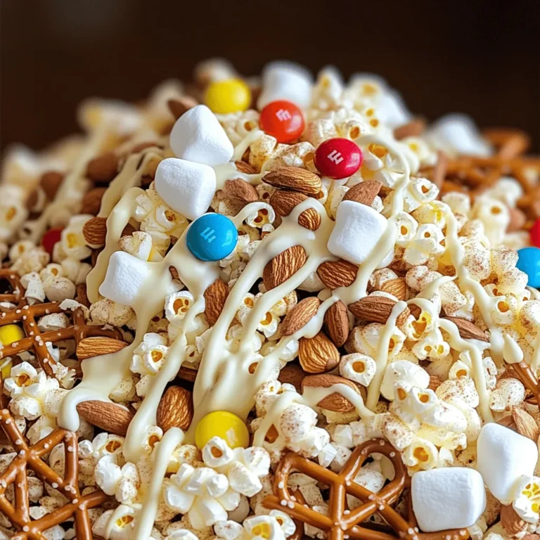 - 2 cups popcorn (popped and unsalted) - 1 cup pretzel sticks - 1 cup roasted almonds or mixed nuts - 1 cup mini marshmallows - 1 cup white chocolate chips - 1/2 cup M&M's or chocolate candies - 1/2 teaspoon sea salt - 1/4 teaspoon cinnamon (optional) Gather these ingredients, and you’re ready to make a fun snack. Each one adds a unique crunch and flavor. The popcorn is light and airy. Pretzel sticks give a nice salty bite. Nuts add healthy fats and protein. Mini marshmallows bring sweetness and chewiness. White chocolate chips melt into a creamy layer. M&M's add color and crunch. Sea salt enhances all the flavors, while cinnamon gives a warm touch if you choose to add it. You can swap nuts for seeds if you need a nut-free mix. Sunflower seeds or pumpkin seeds work well. Want to change the chocolate? Dark chocolate chips can replace white chocolate chips for a richer taste. This mix allows for creativity and personal taste. Choosing good white chocolate is vital. Look for brands that list cocoa butter as the first ingredient. Avoid chips with low-quality fats. Freshness matters too. Make sure your popcorn is light and crisp. Nuts should be crunchy and not stale. Fresh ingredients make the mix taste great. - Popping the popcorn: Start by popping 2 cups of popcorn. You can use an air popper or pop it on the stove. Make sure it is unsalted. - Cooling on a baking sheet: Once popped, spread the popcorn on a large baking sheet. Let it cool for a few minutes. - Combining dry ingredients in a bowl: In a large mixing bowl, combine the cooled popcorn, 1 cup of pretzel sticks, 1 cup of roasted almonds or mixed nuts, and 1 cup of mini marshmallows. Mix them gently. - Melting the white chocolate: In a microwave-safe bowl, add 1 cup of white chocolate chips. Melt them in 30-second intervals. Stir after each interval until smooth. - Drizzling and folding the mixture: Drizzle the melted white chocolate over the popcorn mix. Use a spatula to fold the mixture gently until all ingredients are coated. - Setting the snack mix to harden: Sprinkle 1/2 teaspoon of sea salt and 1/4 teaspoon of cinnamon if you like. Fold again to mix. Add 1/2 cup of M&M's or chocolate candies. Spread the mix back on the baking sheet. Let it set for about 30 minutes until the chocolate hardens. Enjoy your tasty White Chocolate Trash Mix! For complete details, check out the Full Recipe. To make the best White Chocolate Trash Mix, avoid burned chocolate. Melting white chocolate can be tricky. Use a microwave at low power. Heat it in 30-second bursts. Stir well after each burst. This keeps the chocolate smooth and creamy. Balancing sweet and salty is key. The salty pretzels and nuts pair well with sweet chocolate. Use just the right amount of sea salt. It enhances the flavors without overpowering the mix. You can personalize your mix in fun ways. Adding spices can give it a unique twist. A sprinkle of cinnamon adds warmth. You might try a little cayenne for heat, too. Incorporate seasonal treats for a festive flair. For Halloween, toss in some candy corn. During winter, add peppermint bits for a holiday touch. For parties, presentation matters. Use a large bowl or clear jars to show off the mix. You can also make small bags for guests to take home. To store your mix, use an airtight container. This keeps it fresh for longer. Enjoy it within a week for the best taste. {{image_2}} You can easily change up your White Chocolate Trash Mix for special times of the year. For Halloween, add candy corn. The bright colors and fun shapes make it festive and tasty. For Christmas, try adding peppermint. The cool mint flavor pairs well with white chocolate. You can crush peppermint candies or use peppermint bark for a fun twist. Both ideas make your mix stand out and taste great! If you need gluten-free options, swap pretzel sticks for gluten-free pretzels. There are many brands that offer tasty choices. For a vegan-friendly mix, use dairy-free white chocolate chips. You can find these at most grocery stores. Also, make sure your nuts and candies are free from animal products. These small changes let everyone enjoy the mix, no matter their diet. To make your White Chocolate Trash Mix even better, you can mix in different chocolates. Dark or milk chocolate chips add richness to the blend. You can also include dried fruits like cranberries or apricots. These add sweetness and chewiness. If you like coconut, try adding shredded coconut for a tropical taste. These ideas help you create a unique version of this fun snack! To keep your White Chocolate Trash Mix fresh, use an airtight container. This helps prevent air from making it stale. I recommend a glass jar or a plastic container with a tight lid. Before sealing, make sure the mix is completely cool. If it’s warm, the steam can create moisture inside the container, leading to sogginess. For added freshness, you can also add a small piece of bread inside the container. This helps absorb any excess moisture. When stored correctly, your mix can last up to two weeks. Look for any signs of spoilage, such as a change in texture or smell. If you notice it feels soft or has an off odor, it’s best to toss it. Always check for any candy that may have melted and caused clumping. You can freeze this mix if you want to keep it longer. Just place it in a freezer-safe bag or container. Make sure to remove as much air as possible. To thaw, take it out and let it sit at room temperature for a few hours. Avoid microwaving it, as this can soften the chocolate. Enjoy your White Chocolate Trash Mix by following these storage tips and savoring its delightful crunch! White Chocolate Trash Mix is a fun and tasty snack. It combines sweet and salty flavors in one bowl. This mix is perfect for parties, movie nights, or just a snack at home. You can make it easily with simple ingredients. The mix usually includes popcorn, pretzels, nuts, marshmallows, and white chocolate. Each bite gives you a mix of crunch, creaminess, and sweetness. It’s a great way to enjoy a variety of textures and tastes in one snack. Yes, you can use regular chocolate if you want. Regular chocolate has a richer taste and darker color. It will change the mix's look and flavor. White chocolate is sweeter and creamier. If you switch to dark or milk chocolate, balance the other ingredients. You might want to add a little more salt or nuts to balance the sweetness. To reduce the sweetness, try these tips: - Use less white chocolate. - Add more salty snacks like pretzels or nuts. - Mix in unsweetened coconut or dried fruits. - Add a pinch of sea salt to enhance flavors. These changes will give you a more balanced taste without losing the fun of the mix. Enjoy your White Chocolate Trash Mix with these helpful tweaks! You now have a tasty recipe for White Chocolate Trash Mix. We explored the right ingredients and how to mix them. You learned tips for picking the best items and tricks for a great mix. Feel free to customize it with your favorite snacks. This treat can fit any occasion, whether a party or a cozy night at home. Remember to store it right to keep it fresh. Enjoy making and sharing this fun snack!
