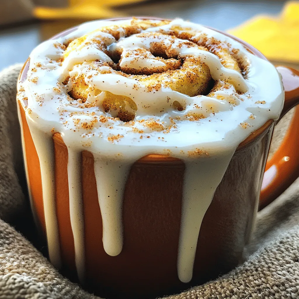 To make your cinnamon roll mug cake, you need to measure simple ingredients. Use these amounts for a perfect treat: - 4 tablespoons all-purpose flour - 1 tablespoon granulated sugar - 1/8 teaspoon baking powder - 1/4 teaspoon ground cinnamon - Pinch of salt - 3 tablespoons milk - 1 tablespoon vegetable oil - 1/2 teaspoon vanilla extract - 1 tablespoon brown sugar (for topping) - 1/2 teaspoon ground cinnamon (for topping) Use a measuring spoon for accuracy. This ensures the cake rises well and tastes great. You can add some extra ingredients for more flavor. Here are a few ideas: - A dash of nutmeg for warmth - Chopped nuts like pecans or walnuts - Chocolate chips for a sweet twist - Cream cheese for a rich topping These options can make your mug cake even tastier. Feel free to mix and match! If you have allergies, there are easy swaps you can make: - Use gluten-free flour instead of all-purpose flour. - Swap milk for almond or soy milk. - Replace vegetable oil with coconut oil or applesauce. - For sugar, try a sweetener like honey or maple syrup. These substitutions help everyone enjoy this delicious treat, no matter their diet. Try the Full Recipe for complete steps to make your mug cake! Start by gathering your dry ingredients. You need a microwave-safe mug. Add 4 tablespoons of all-purpose flour. Then, mix in 1 tablespoon of granulated sugar. Add 1/8 teaspoon of baking powder and 1/4 teaspoon of ground cinnamon. Lastly, sprinkle in a pinch of salt. Use a fork to mix well. You want to break up any lumps. Next, take a small bowl. Pour in 3 tablespoons of milk. Add 1 tablespoon of vegetable oil and 1/2 teaspoon of vanilla extract. Whisk these together until they look smooth. This mix will make your mug cake moist and flavorful. Now, pour the wet mix into the dry mix in the mug. Stir gently until no dry flour remains. In a separate bowl, mix 1 tablespoon of brown sugar with 1/2 teaspoon of ground cinnamon for the topping. Sprinkle this mixture over the cake batter. Place the mug in the microwave. Cook it on high for 1 minute and 30 seconds. Cooking times can change based on your microwave. Check the cake after 1 minute. If it needs more time, add 15 seconds until it springs back when touched. Let it cool for a minute before you dig in! Enjoy this sweet treat. For the full recipe, look at the beginning of the article. To get a soft and fluffy mug cake, do not overmix your batter. Mix just until you see no dry flour. This helps keep the cake light. Make sure to use a microwave-safe mug. A larger mug allows the cake to rise well without spilling. Cook it for exactly 1 minute and 30 seconds. If your microwave is weak, add time in short bursts. Always check if it springs back when touched. One common mistake is using too much flour. Measure carefully, as too much can make the cake dry. Another mistake is not mixing the wet and dry ingredients well. Lumps can ruin the texture. Avoid cooking it for too long, as it will become tough. Also, don’t skip the topping! The brown sugar and cinnamon make a big difference in flavor. You can top your mug cake with a simple icing. Just mix powdered sugar and a bit of milk until smooth. Drizzle it over the warm cake for a sweet treat. You can also add fresh fruit, like berries, for a pop of color and taste. A dollop of whipped cream adds creaminess. If you want a fun touch, sprinkle some chopped nuts or chocolate chips on top. Enjoy your cake warm with a cup of coffee! You can find the full recipe [here](#). {{image_2}} Want to add some chocolate? You can! Replace one tablespoon of flour with cocoa powder. This simple swap gives your cake a rich chocolate flavor while keeping the cinnamon. You can also add chocolate chips right into the batter. Just mix in about two tablespoons before microwaving. The warm cake melts the chocolate, making each bite a delight. If you like nuts, this is for you! You can mix in chopped nuts for a crunchy twist. Walnuts or pecans work great. Just add about one tablespoon to your batter. You can also sprinkle some on top for more texture. This adds a nice flavor and makes your mug cake more filling. Want to make your mug cake special for the holidays? Add seasonal spices like nutmeg or ginger. Just a pinch can change the taste and feel. You can also fold in dried fruits like cranberries or raisins. This gives your cake a festive touch. For a fall treat, use pumpkin spice instead of cinnamon. Each variation brings a new flavor and fun to your mug cake. Try them out to find your favorite! For the full recipe, check out the details above. Yes, you can store your mug cake. If you have leftovers, let it cool first. Then, cover it with plastic wrap or put it in an airtight container. Store it in the fridge for up to two days. This keeps it fresh and tasty. To reheat your mug cake, simply place it in the microwave. Heat it for about 10 to 15 seconds. Check if it's warm enough. If not, add a few more seconds as needed. This way, you get that fresh, warm taste again. To keep your ingredients fresh, store them in a cool, dry place. Use airtight containers for flour and sugar. Check the expiration dates on baking powder and spices. Keeping them fresh ensures your mug cake tastes great every time. Yes, you can make a Cinnamon Roll Mug Cake without a microwave. Use your oven instead. Preheat the oven to 350°F (175°C). Pour your batter into a small oven-safe dish. Bake for about 15-20 minutes. Check for doneness by inserting a toothpick in the center. If it comes out clean, the cake is ready. This method takes longer, but it gives a nice texture. The mug cake tastes best fresh. If you have leftovers, cover it and store it in the fridge. It should be good for 1-2 days. When you want to eat it, just reheat in the microwave for about 15-30 seconds. The cake may lose some moisture but will still taste great. You can use several options instead of milk. Almond milk, soy milk, or oat milk works well. If you want a thicker texture, use yogurt or sour cream. These options keep the cake moist and tasty. Just make sure to use the same amount as the recipe calls for. This blog post covered all you need for a delicious Cinnamon Roll Mug Cake. We explored the right ingredients, how to mix them, and tips for great texture. I shared fun variations and storage tips to keep your mug cake fresh. In final thoughts, this recipe offers a quick treat, perfect for any time. Enjoy creating your own delicious versions, and get ready to impress with your baking skills!