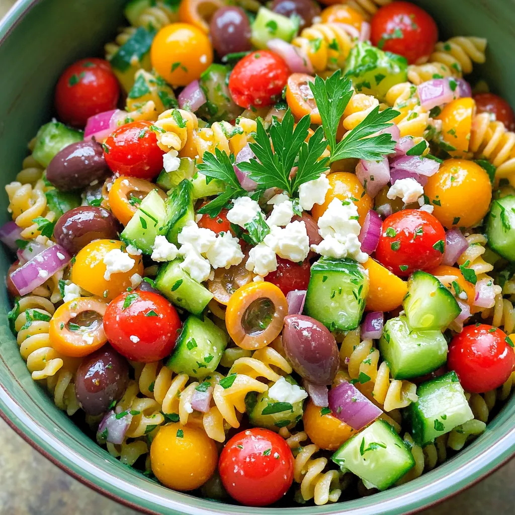To make a tasty Greek pasta salad, gather these key ingredients: - 8 oz rotini or penne pasta - 1 cup cherry tomatoes, halved - 1 cucumber, diced - 1/2 red onion, finely chopped - 1/2 cup Kalamata olives, pitted and halved - 1 cup feta cheese, crumbled - 1/4 cup fresh parsley, chopped - 1/4 cup olive oil - 2 tablespoons red wine vinegar (optional) - 1 teaspoon dried oregano - Salt and pepper to taste These ingredients create a colorful and fresh dish. The pasta acts as a base, while the veggies add crunch and flavor. You can add some optional ingredients to enhance your Greek pasta salad. Consider these: - Bell peppers for sweetness - Artichoke hearts for a briny taste - Capers for a tangy kick - Fresh mint for a cool touch These optional ingredients can make the salad more exciting. They add layers of flavor and texture. While rotini and penne are great, other pasta shapes work well too. Here are a few ideas: - Fusilli holds dressing well. - Farfalle looks pretty and is fun to eat. - Orzo is great for bite-sized pieces. Choose any pasta shape you like. Just make sure it cooks well and pairs nicely with the fresh ingredients. For the full recipe, refer to the Easy Greek Pasta Salad section. First, bring a large pot of salted water to a boil. This step helps the pasta absorb flavor. Add 8 ounces of rotini or penne pasta. Cook it until it is al dente, which usually takes about 8 to 10 minutes. Al dente means the pasta is firm to the bite. Once cooked, drain the pasta in a colander. Rinse it under cold water to stop the cooking process. This also cools the pasta for your salad. While the pasta cooks, you can prepare the vegetables. In a large mixing bowl, add 1 cup of halved cherry tomatoes, 1 diced cucumber, and 1/2 finely chopped red onion. Also, include 1/2 cup of pitted and halved Kalamata olives. These ingredients add fresh flavors and textures to your salad. Make sure they are chopped evenly for a balanced taste in every bite. Next, it's time to make the dressing. In a small bowl or jar, whisk together 1/4 cup of olive oil, 2 tablespoons of red wine vinegar, 1 teaspoon of dried oregano, and salt and pepper to taste. If you like more acidity, add the vinegar. This dressing brings all the elements of the salad together. Taste it and adjust the seasoning if needed. A good dressing enhances the overall flavor. Now, it’s time to combine everything. Add the cooled pasta to the bowl of vegetables. Pour the dressing over the pasta and veggies. Toss everything together gently. You want to coat the pasta and vegetables evenly without breaking them apart too much. After that, fold in 1 cup of crumbled feta cheese and 1/4 cup of chopped fresh parsley. This adds creaminess and a burst of color. Lastly, refrigerate the salad for at least 30 minutes. Chilling allows the flavors to meld together. This step is key to a delicious salad. Serve it chilled or at room temperature. For an appealing look, serve in a large bowl, and garnish with parsley and extra feta. This will impress your guests and make for a beautiful dish. For the full recipe, refer to the Easy Greek Pasta Salad. To cook pasta just right, start with plenty of water. Use a big pot and add a pinch of salt. Wait until the water boils before adding pasta. Stir often to stop it from sticking. Cook the pasta until it's al dente. This means it should still have a little bite. After cooking, drain the pasta. Rinse it under cold water to cool it down. This keeps the pasta from getting mushy in your salad. To boost flavors, add fresh herbs like parsley or basil. Oregano is a great choice, too. A squeeze of lemon juice brightens the taste. If you like it spicy, add a pinch of red pepper flakes. Mixing the dressing well is key. Combine olive oil with vinegar for a nice tang. Taste as you mix to find the right balance of salt and pepper. This makes your salad pop with flavor. Serve your Easy Greek Pasta Salad in a large bowl. This makes it easy for everyone to help themselves. You can also use a platter for a nice presentation. Top the salad with a sprinkle of feta cheese and fresh parsley. For a crunch, add some toasted nuts or seeds. Pair the salad with grilled chicken or fish for a full meal. Enjoy it chilled or at room temperature for the best taste. For the full recipe, check the details above. {{image_2}} You can make this salad even more colorful and nutritious. Add bell peppers for a sweet crunch. Spinach or arugula can boost the greens, giving it a fresh taste. Grated carrots add color and a hint of sweetness. Try adding artichoke hearts for a unique twist. Each of these options will enhance the flavor while keeping it vegetarian. If you want to add protein, there are great choices. Chickpeas are an easy option. They add fiber and make the salad filling. You can also add grilled chicken for a heartier meal. Shrimp or tuna are fantastic for a seafood twist. Adding these proteins can turn this salad into a full meal. People have different diets, and that's okay! For gluten-free eaters, swap regular pasta for gluten-free pasta. If you want a lower-calorie option, use zucchini noodles instead. For those who avoid dairy, try vegan cheese or skip the cheese entirely. Each swap keeps the spirit of the dish while meeting dietary needs. For the full recipe, check out the Easy Greek Pasta Salad. To keep your Easy Greek Pasta Salad fresh, store it in an airtight container. Make sure to seal it well. This way, it stays crisp and tasty. Avoid letting it sit out at room temperature for too long. Always refrigerate any leftovers right after serving. In the fridge, your Easy Greek Pasta Salad will stay good for about 3 to 5 days. It is best to eat it within this time for the best flavor. Check for any signs of spoilage, like off smells or changes in texture. If it looks or smells strange, it's safer to throw it away. I do not recommend freezing this salad. Freezing can change the texture of the pasta and veggies. They may become mushy when thawed. Refrigerating is the best option to keep your salad fresh. Enjoy it cold for a refreshing meal! For complete details on making this dish, check the full recipe. To make Easy Greek Pasta Salad vegan, simply swap feta cheese for a dairy-free alternative. You can find many vegan cheeses that work well. Another option is to use tofu, which adds protein and texture. Ensure your dressing is also free from animal products. Use only olive oil and vinegar for a tasty, vegan-friendly dressing. This way, you still enjoy the salad's fresh flavors without compromising your diet. Yes, you can use other types of cheese in this salad. If you prefer a different flavor, try goat cheese or a sharp cheddar. Both add a nice twist to the dish. Just remember that the taste will change based on the cheese you choose. Feta is classic, but feel free to experiment. Cheese can make your salad more unique and delicious. The best vegetables for this pasta salad are fresh and crisp. Cherry tomatoes and cucumbers are great choices. You can also add bell peppers or zucchini for extra crunch. Red onion gives a nice bite, while Kalamata olives add a salty taste. Feel free to mix in other veggies you love. Just make sure they are chopped small for easy eating. Yes, you can make this salad ahead of time. In fact, it tastes even better after chilling. Prepare the salad up to a day in advance. Just store it in the fridge until you are ready to serve. This helps the flavors blend well. When you make it early, you save time on busy days. For the best taste, add the feta just before serving. Check out the Full Recipe for more details! You learned how to make an easy Greek pasta salad with fresh ingredients. We covered essential and optional ingredients, pasta choices, and step-by-step cooking. I shared tips on cooking pasta and enhancing flavors. We also discussed variations for all diets and storage tips to keep your salad fresh. Enjoy crafting this salad for any meal. With simple tweaks, you can make it just the way you like. Now go ahead and make it your own!
