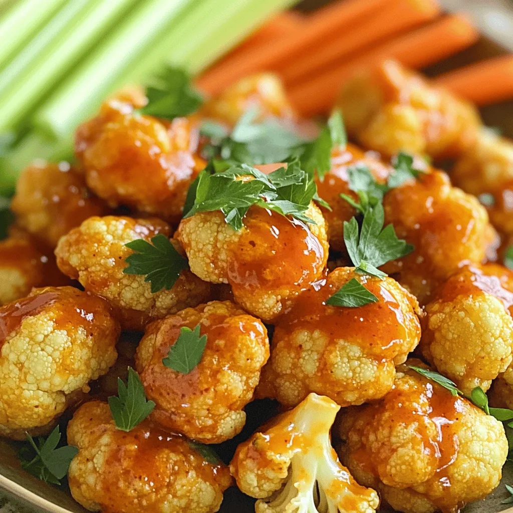 To make tasty oven baked buffalo cauliflower wings, you'll need simple ingredients. Each item plays a key role in flavor and texture. Here’s what you need: - Cauliflower florets - 1 cup all-purpose flour - 1 teaspoon garlic powder - 1 teaspoon onion powder - ½ teaspoon smoked paprika - ½ teaspoon salt - ½ teaspoon black pepper - 1 cup unsweetened almond milk (or any non-dairy milk) - 1 cup buffalo sauce (store-bought or homemade) - 2 tablespoons olive oil - Fresh parsley, chopped (for garnish) - Sliced celery and carrot sticks (for serving) These ingredients work together to create a crispy delight. The cauliflower florets serve as the base. The flour and spices form a crunchy coating. Non-dairy milk helps bind everything. The buffalo sauce gives that bold kick. Olive oil adds richness, while parsley and veggies make the dish pop. For the full recipe, check out the details! 1. Preheating the oven and lining the baking sheet: Start by preheating your oven to 450°F (232°C). While it heats, line a baking sheet with parchment paper. This helps the cauliflower wings cook evenly and makes cleanup easy. 2. Whisking together the batter ingredients: In a large bowl, whisk together 1 cup of all-purpose flour, 1 teaspoon of garlic powder, 1 teaspoon of onion powder, ½ teaspoon of smoked paprika, ½ teaspoon of salt, and ½ teaspoon of black pepper. This mix gives your batter a nice flavor. 3. Coating the cauliflower florets: Slowly pour in 1 cup of unsweetened almond milk while whisking. Keep mixing until you have a smooth batter. Dip each cauliflower floret in the batter, making sure they are fully coated. Place them on the prepared baking sheet. 4. Baking process and flipping: Bake the cauliflower in the preheated oven for 20 minutes. Be sure to flip them halfway through. This allows all sides to get crispy and golden brown. 1. Drizzling and tossing with buffalo sauce: After baking, remove the cauliflower from the oven. Drizzle 1 cup of buffalo sauce over the wings. For extra richness, mix in 2 tablespoons of olive oil before tossing the wings. Make sure they are evenly coated in the sauce. 2. Final baking for sauce setting: Return the coated cauliflower to the oven and bake for another 10 minutes. This helps the sauce set and adds a nice finish to the wings. 1. Garnishing with parsley: Once out of the oven, garnish your buffalo cauliflower wings with chopped fresh parsley. This adds color and a fresh taste. 2. Accompanying side suggestions: Serve these wings hot with sliced celery and carrot sticks. They add a crunchy contrast and are a classic pairing with buffalo wings. Enjoy this crispy delight! To get those crunchy oven-baked buffalo cauliflower wings, you need to focus on a few key areas. - Choosing the right flour: Use all-purpose flour for the best results. It creates a light and crispy coating. You can also try rice flour for a gluten-free option. - Cooking temperature and time tips: Preheat your oven to 450°F (232°C). This high heat helps to crisp up the coating fast. Bake the cauliflower for 20 minutes, flipping halfway through. This ensures even cooking. - Flipping technique: Use tongs to turn each floret. This keeps the coating intact and helps them crisp up nicely. If you want a gluten-free version, it's easy to adapt the recipe. - Alternative flours to use: You can use almond flour or chickpea flour instead of regular flour. Both give a good texture. - Adjusting liquid ingredients: When using alternative flours, you might need to change the amount of almond milk. Start with less and add more if needed, until you reach a good batter consistency. These tips will help you create the perfect crispy buffalo cauliflower wings. For the full recipe, check out the section above. {{image_2}} You can change the heat of your buffalo cauliflower wings. Use spicy buffalo sauce for a kick. If you prefer mild flavors, choose a milder sauce. You can also mix sauces. Try a blend of buffalo and barbecue sauce for a sweet twist. For extra flavor, consider adding spices. A dash of cayenne pepper gives heat. You could also use smoked paprika for a deeper taste. For an herb twist, add dried oregano or thyme. These flavors can elevate your dish. To make a vegan version, use non-dairy milk. Almond and oat milk work well. You can also skip the egg and use a flaxseed mixture instead. This keeps the wings crispy and holds the batter. Want to add more veggies? Broccoli, carrots, or Brussels sprouts roast well. Just cut them into similar sizes as the cauliflower. This way, everything cooks evenly. Toss them in the same batter for a fun mix. This makes your meal colorful and tasty. Try these variations to personalize your oven baked buffalo cauliflower wings. You can find the full recipe to get started! To keep your oven baked buffalo cauliflower wings fresh, place them in an airtight container. Store the container in the fridge. They stay good for about 3 to 5 days. For longer storage, you can freeze them. Use a freezer-safe bag or container. They can last up to 3 months in the freezer. Just remember to let them cool completely before packing. To reheat the wings, the oven is your best friend. Preheat it to 375°F (190°C). Spread the wings on a baking sheet. Heat them for about 10 to 15 minutes. This keeps them crispy. You can also use an air fryer. Set it to 350°F (175°C) and heat for about 5 to 7 minutes. Both methods help maintain that great texture. Enjoy your tasty snack again! For the complete recipe, check the [Full Recipe]. You can make these wings spicier by using a hotter buffalo sauce. Look for sauces labeled as "extra hot" or "spicy." You can also add cayenne pepper to the batter. Just a pinch can elevate the heat. If you want more kick, sprinkle red pepper flakes on the wings before baking. Yes! This recipe works well with other veggies like broccoli, Brussels sprouts, or zucchini. Just cut them into similar-sized pieces for even cooking. Each vegetable will bring its own flavor and texture. You can even mix different veggies for a fun platter. Absolutely! You can prep the cauliflower and batter a few hours in advance. Just store them in the fridge until you're ready to bake. If you want to make them even earlier, bake them without sauce and store them. When you’re ready, toss them with the sauce and bake again for a crispy finish. Check the Full Recipe for detailed steps. This blog post covers a delicious buffalo cauliflower recipe. You learned about the key ingredients, such as cauliflower, flour, and buffalo sauce. The step-by-step instructions guide you through preparation, baking, and serving. Tips include achieving a crispy texture and making it gluten-free. We shared tasty variations and storage tips to keep your wings fresh. In the end, enjoy this fun and flavorful dish anytime! You can easily customize it to suit your taste. Happy cooking!