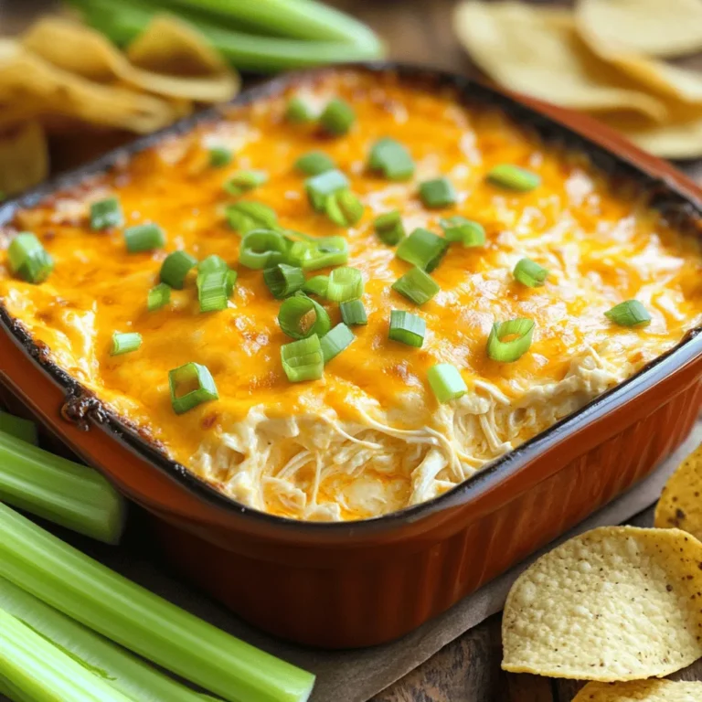 - 2 cups cooked chicken, shredded - 1 (8 oz) package cream cheese, softened - 1 cup hot buffalo sauce (adjust for spice level) - 1 cup ranch dressing - 1 cup shredded cheddar cheese - 1/2 cup green onions, chopped - Salt and pepper to taste - Tortilla chips, celery sticks, or sliced bell peppers for serving Buffalo Chicken Dip is simple, yet it packs a punch. The main ingredient is cooked chicken. You can use rotisserie chicken for quick prep. The cream cheese gives a rich base, while the buffalo sauce adds heat. You can adjust the sauce for your taste; more sauce means more heat. Next, add ranch dressing. This helps balance the spice. The cheddar cheese adds creaminess and flavor. I love mixing in green onions for a fresh crunch. Salt and pepper are key for taste, but be careful not to overdo it. For serving, you can use tortilla chips, celery sticks, or sliced bell peppers. Each adds a nice crunch and makes the dip fun to eat. This dip is perfect for parties and gatherings. If you want to make it even easier, check out the Full Recipe for detailed steps. - Preheat your oven to 350°F (175°C). - In a mixing bowl, mix cream cheese and hot buffalo sauce until well blended. - Incorporate shredded chicken and ranch dressing into the mix. Getting the cream cheese soft is key. It helps to blend evenly with the hot buffalo sauce. I love using a hand mixer for this, but you can use a spatula too. Just make sure it’s smooth! - Transfer the mixture to a baking dish and spread it out evenly. - Top with the remaining cheddar cheese and chopped green onions. - Bake for 20-25 minutes or until bubbly and golden. Watching the cheese melt is a joy. It transforms this dip into a warm, gooey treat. Make sure to keep an eye on it so it doesn’t burn! - Cool slightly before serving. - Prepare serving dishes for dipping. Letting it cool a bit makes it easier to dip. I love serving it with tortilla chips or fresh veggies. You can also use sliced bell peppers for a crunchy twist. Enjoy the fun of sharing this dish! - To shred chicken easily, use two forks. Hold one fork steady and pull with the other. This method makes quick work of cooked chicken. - Mix the ingredients well. Start with cream cheese and hot buffalo sauce. Blend them completely before adding other ingredients. This ensures every bite is flavorful. - Adjust the spice level to fit your taste. If you like it milder, use less hot sauce. For more heat, add extra sauce or try a spicier brand. - Adding garlic or onion powder can boost flavor. Use half a teaspoon of either for a richer taste. These spices will make your dip even more enjoyable. - Pair Buffalo Chicken Dip with complementary dips. A cool sour cream dip or guacamole works well. These can balance the heat and add variety. - For garnishing, sprinkle extra green onions on top before serving. This adds color and a fresh taste to your dish. You can also serve with tortilla chips, celery sticks, or sliced bell peppers for dipping. These choices add crunch and freshness to every bite. {{image_2}} You can switch up the flavors in Buffalo Chicken Dip by using different cheeses. Cheddar is great, but mozzarella or pepper jack can add fun twists. Mixing in some blue cheese crumbles can make it taste even more authentic. You can also play with sauces. If you want a sweeter dip, try using BBQ sauce instead of buffalo sauce. For a tangy kick, a mix of buffalo sauce and honey mustard works well. Always adjust the amount based on your taste. To make a healthier version of Buffalo Chicken Dip, use Greek yogurt instead of ranch dressing. This cuts calories but keeps the creaminess. You can also use low-fat cream cheese to reduce fat content. For gluten-free options, always check your sauces. Most hot sauces are gluten-free, but some ranch dressings may not be. If you need a dairy-free dip, use cashew cream or a dairy-free cheese blend. You can serve Buffalo Chicken Dip in fun ways at parties. Instead of a bowl, use a hollowed-out bread loaf. This makes it easy to dip and adds more flavor. Think outside the box by incorporating this dip into other dishes. Spread it on nachos for a spicy twist or use it as a filling for tacos. You can even layer it in a baked potato for a hearty meal. For the full recipe, check out the section on ingredients. To store leftovers of Buffalo Chicken Dip, follow these steps: - Let the dip cool to room temperature before storing. - Use an airtight container for best results. - You can also wrap it tightly with plastic wrap. I recommend glass containers. They keep the dip fresh and are easy to clean. Avoid using metal containers, as they can react with the dip. When it’s time to enjoy leftovers, reheating is key. Here are the best methods: - Use a microwave for quick heating. Place the dip in a bowl and cover it. Heat in 30-second bursts, stirring in between. - The oven is another great option. Preheat it to 350°F (175°C). Place the dip in a baking dish and cover it with foil. Bake for about 15 minutes. To keep the flavor and texture, stir in a splash of ranch dressing. This helps revive the dip and keeps it creamy. Buffalo Chicken Dip can last in the fridge for about 3 to 4 days. Always check for signs that it has gone bad: - Look for any off smells or changes in color. - If it feels slimy or has mold, discard it. Keeping an eye on these signs helps ensure you enjoy every bite safely. For the full recipe, check out the previous section. Can I make Buffalo Chicken Dip ahead of time? Yes, you can make Buffalo Chicken Dip ahead of time. Prepare it up to the baking step. Then, store it in the fridge. When you are ready, bake it for about 20-25 minutes. This is a great way to save time on party day. What can I serve with Buffalo Chicken Dip? Buffalo Chicken Dip pairs well with many snacks. Here are some tasty options: - Tortilla chips - Celery sticks - Sliced bell peppers - Crackers These choices add crunch and freshness to each bite. Is Buffalo Chicken Dip spicy? Buffalo Chicken Dip can be spicy. The heat comes from the hot buffalo sauce. You can adjust the spice level by using less sauce. For those who prefer milder flavors, choose a mild sauce. What can I use instead of ranch dressing? If you want a change, use blue cheese dressing. It adds a rich flavor. You can also try yogurt for a healthier option. Both will keep the dip creamy and delicious. Can I use rotisserie chicken for convenience? Absolutely! Rotisserie chicken is a great time-saver. Just shred it and mix it in. This will make your dip quick and easy to prepare. What kind of dish is best for baking Buffalo Chicken Dip? A medium-sized baking dish works best. Look for one that holds around 2 quarts. Glass or ceramic dishes are great choices. They help cook the dip evenly. Do I need any special kitchen gadgets for this recipe? No special gadgets are needed. A mixing bowl and a baking dish are all you need. A hand mixer can help blend the cream cheese smoothly, but it’s not required. You can mix by hand if you prefer. For the full recipe, check out the Buffalo Chicken Dip section above! Buffalo Chicken Dip is a crowd-pleaser that combines simple ingredients and easy steps. You start with shredded chicken and cream cheese, mix in buffalo sauce and ranch dressing, and then bake it to bubbly perfection. Remember to adjust spices to fit your taste. This dip shines at parties and is adaptable to your needs. Enjoy it with chips, celery, or peppers. The recipes and tips will help you create a dish that everyone loves. Make it your own, and share it for all to taste.