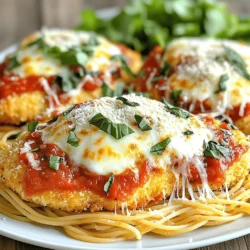 To make Baked Chicken Parmesan, gather these ingredients: - 4 boneless, skinless chicken breasts - 1 cup all-purpose flour - 2 large eggs - 1 cup breadcrumbs (Italian seasoned for extra flavor) - 1 cup marinara sauce - 1 ½ cups shredded mozzarella cheese - ½ cup grated Parmesan cheese - 2 tablespoons fresh basil, chopped (or 1 tablespoon dried) - 1 teaspoon garlic powder - 1 teaspoon onion powder - Salt and pepper to taste - Olive oil spray or 2 tablespoons olive oil These ingredients create a tasty meal that everyone will enjoy. You can easily swap some ingredients if you need to. For example: - Use almond flour instead of all-purpose flour for a gluten-free option. - If you don’t have eggs, try using buttermilk or a flaxseed mixture. - You can use any cheese you like, such as provolone or cheddar. - Marinara sauce can be swapped with pesto or Alfredo sauce. These substitutions can still give you a great flavor. Using fresh herbs can add bright flavors to your dish. Fresh basil gives a nice taste. However, dried herbs are also great and more convenient. If you use dried herbs, remember to use less. Dried herbs are stronger in flavor. In this recipe, feel free to use fresh or dried basil. Both options will work well, and you can choose based on what you have. For the best results, always aim for quality ingredients. They can make a big difference in your dish. Enjoy making Baked Chicken Parmesan with this complete ingredient list! For more details, check the Full Recipe. Start by preheating your oven to 375°F (190°C). This step is key for even cooking. Next, take your four boneless, skinless chicken breasts. Pat them dry with a paper towel to remove excess moisture. This helps the breading stick better. Season each piece with salt and pepper. Make sure to coat both sides for full flavor. Set up your breading station. Use three shallow dishes. In the first dish, add 1 cup of flour and season it with salt and pepper. In the second dish, whisk two large eggs until well blended. In the third dish, combine 1 cup of breadcrumbs, 1 teaspoon of garlic powder, 1 teaspoon of onion powder, and 2 tablespoons of fresh basil. Now, take one chicken breast. Dredge it in the flour, shaking off any extra. Then dip it into the egg, letting the excess drip off. Finally, coat it well with the breadcrumb mix. Repeat this for all the chicken breasts. Arrange the breaded chicken in a lightly greased baking dish. You can spray it with olive oil or drizzle olive oil on top for extra crispiness. Bake the chicken for about 25 minutes. You want it to be cooked through and start turning golden brown. After 25 minutes, take the chicken out. Spoon marinara sauce over each piece. Then, sprinkle 1 ½ cups of shredded mozzarella cheese and ½ cup of grated Parmesan cheese on top. Return the dish to the oven for an extra 10 to 15 minutes. Look for melted and bubbly cheese! Once baked, let the chicken rest for 5 minutes before serving. This wait helps the juices settle. Enjoy your cheesy baked chicken Parmesan with a side of spaghetti or a fresh salad. You can find the full recipe above for all the details! To get that crispy crust, use seasoned breadcrumbs. They add flavor and texture. Make sure to coat each chicken piece well. Shake off any excess flour and egg. This helps the breadcrumbs stick better. A light spray of olive oil adds even more crunch. Bake your chicken on a wire rack if you have one. This allows heat to circulate all around, making it extra crispy. Want to mix things up? Use different sauces for your chicken. You can try pesto for a fresh twist. Alfredo sauce gives a creamy richness. BBQ sauce adds a sweet and tangy kick. Each sauce changes the taste of the dish. Experiment with these options to find your favorite. Cheese makes this dish special. While mozzarella is classic, try different kinds. Provolone adds a sharp flavor. For a stronger taste, use aged gouda or fontina. You can also mix cheeses for a unique blend. Just remember, more cheese means more yum! Follow the Full Recipe for cheese tips to get the best results. {{image_2}} You can boost the flavor and nutrition by adding veggies. Try placing sliced zucchini, bell peppers, or spinach in the baking dish. They cook well alongside the chicken. The veggies soak up all the delicious sauce. This makes every bite flavorful and colorful. The added crunch is a nice surprise, too! To make a lighter version, use whole wheat breadcrumbs. They pack more fiber and nutrients. You can also swap out the cheese for low-fat cheese. This change reduces calories but keeps great taste. Another trick is to bake the chicken without oil. Just use a non-stick baking dish instead. You still get a crispy chicken with fewer calories. If you need a gluten-free option, use gluten-free breadcrumbs. They are easy to find in stores. You can also make your own by grinding gluten-free bread. Be sure to check your marinara sauce for gluten. Many brands offer sauces that are naturally gluten-free. This way, everyone can enjoy this tasty dish! For the complete recipe, check the Full Recipe section. To keep your baked chicken Parmesan fresh, store it in an airtight container. Let it cool completely before sealing. Place it in the fridge if you plan to eat it in a few days. This meal stays tasty for up to three days when stored correctly. When you’re ready to enjoy leftovers, preheat your oven to 350°F (175°C). Place the chicken in an oven-safe dish. Cover it with foil to retain moisture. Heat for about 20 minutes, or until it’s hot throughout. If you want a crispier top, remove the foil for the last 5 minutes. You can freeze baked chicken Parmesan for up to three months. First, let it cool completely. Wrap each piece tightly in plastic wrap. Then, place the wrapped chicken in a freezer bag. To reheat, thaw it overnight in the fridge. Once thawed, follow the reheating tips for the best results. For the full recipe, refer back to the earlier section. Yes, you can make Baked Chicken Parmesan ahead of time. Prepare the chicken, bread it, and place it in the baking dish. Cover it and store it in the fridge for up to 24 hours. When you’re ready to bake, just add a few extra minutes to the cooking time. This method helps you save time on busy nights. Baked Chicken Parmesan pairs well with many sides. Here are a few ideas: - Spaghetti tossed in olive oil and garlic - A fresh green salad with lemon vinaigrette - Garlic bread for a tasty crunch - Roasted vegetables for added color and nutrients These sides balance the dish and add variety to your meal. To check if the chicken is cooked properly, use a meat thermometer. Insert it into the thickest part of the chicken. The internal temperature should reach 165°F (74°C). If you don’t have a thermometer, cut into the chicken. The meat should be white, and juices should run clear. If it is pink or red, cook it a bit longer. This blog post covered the key steps to make Baked Chicken Parmesan. We discussed the ingredients, including substitutions, and the differences between fresh and dried herbs. You learned how to prepare, bread, and bake the chicken for the best results. I shared tips for crispiness, sauce options, and cheese variations. Lastly, we talked about storage, reheating, and freezing. There are many ways to enjoy this dish. Don't hesitate to try the variations and tips for a delicious meal every time.