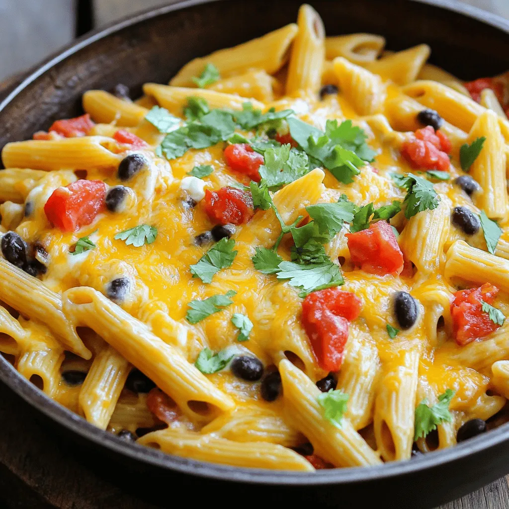To make the Easy Cheesy Taco Pasta Skillet, you'll need: - 12 oz penne pasta - 1 lb ground turkey or beef - 1 tablespoon olive oil - 1 small onion, diced - 2 cloves garlic, minced - 1 packet taco seasoning - 1 can (14 oz) diced tomatoes (with juices) - 1 can (15 oz) black beans, rinsed and drained - 2 cups chicken or vegetable broth - 1 cup corn (frozen or canned) - 1 ½ cups shredded cheddar cheese - ½ cup sour cream - Fresh cilantro for garnish - Salt and pepper to taste This combination creates a rich flavor with a great texture. You can swap some ingredients if needed: - Use whole wheat pasta for a healthier option. - Ground turkey can be replaced with chicken or beef. - For a vegetarian dish, use lentils or mushrooms instead of meat. - Canned tomatoes can be fresh tomatoes if you have them. - Any type of cheese works, so try Monterey Jack or Pepper Jack for a kick. These changes can keep the dish exciting. When choosing your ingredients, keep these tips in mind: - Look for firm pasta with no cracks for the best texture. - Choose ground meat that is pink with minimal fat. - Onions should feel heavy and have smooth skin. - Garlic should be firm and free from sprouting. - Diced tomatoes should be bright and juicy, not dull. Selecting fresh ingredients ensures your dish tastes great. For the full recipe, refer to the details provided earlier. Start by gathering all your ingredients. This makes cooking easier and faster. Measure out 12 oz of penne pasta. You will also need 1 lb of ground turkey or beef. Chop a small onion and mince 2 cloves of garlic. Open one can of diced tomatoes and one can of black beans. Rinse and drain the black beans. Finally, get 2 cups of chicken or vegetable broth, 1 cup of corn, and 1 ½ cups of shredded cheddar cheese ready. Heat 1 tablespoon of olive oil in a large skillet over medium heat. Add the diced onion and sauté until soft, about 3-4 minutes. This step builds flavor in your dish. Next, add the minced garlic and the ground turkey or beef. Cook until the meat is browned, which takes about 5-7 minutes. Drain any excess fat to keep it light. Stir in the taco seasoning, diced tomatoes, black beans, corn, and broth. Bring this mixture to a boil for a rich flavor. Once you add the penne pasta, stir everything well. Reduce the heat to low and cover the skillet. Let it simmer for about 10-12 minutes. Stir occasionally to prevent sticking. To check if the pasta is done, take a piece out and taste it. It should be tender but still have a slight bite, known as al dente. This texture is perfect for holding the cheesy sauce. Once cooked, mix in the cheddar cheese and sour cream until creamy. Season with salt and pepper to your liking. Enjoy making this Easy Cheesy Taco Pasta Skillet! For the full recipe, check out the earlier section. You can change the taste of this dish easily. Add some diced bell peppers for crunch. If you like heat, toss in chopped jalapeños. You can also switch taco seasoning. Try a spicy blend or make your own mix. Adding lime juice gives a fresh twist. You can use different cheeses too. Pepper jack cheese adds a nice kick. Watch out for overcooking the pasta. Cook it just until al dente. If you add it too soon, it can turn mushy. Also, don’t skip the broth. It keeps the pasta moist and adds flavor. Forgetting to drain the beans can make your dish watery. Lastly, always taste before serving. Adjust salt and pepper for the best flavor. A large skillet is key for this dish. It helps everything cook evenly. A good wooden spoon is great for mixing. Use a sharp knife for chopping veggies. A can opener is handy for the beans and tomatoes. Measuring cups ensure accurate broth and cheese amounts. Finally, a colander helps you drain the pasta easily. For a full recipe, check out the Easy Cheesy Taco Pasta Skillet details. {{image_2}} You can easily make this dish vegetarian or vegan. To do this, replace the ground turkey or beef with a plant-based protein. Options like lentils, chickpeas, or crumbled tofu work great. Use vegetable broth instead of chicken broth. For the cheese, try a vegan cheese or leave it out entirely. You can add nutritional yeast for a cheesy flavor. This keeps the meal tasty while making it plant-friendly. If you want to switch up the protein, you have many choices. Ground chicken or pork works well if you prefer different meats. You could also use shredded rotisserie chicken for quicker prep. For a spicy twist, try chorizo or ground sausage. Each protein brings its own flavor, so feel free to experiment. Adjust cooking times based on the protein you choose. You can customize the flavor of your taco pasta skillet. Try adding different spices like cumin or paprika for depth. For a smoky taste, use chipotle peppers or smoked paprika. You can also mix in bell peppers or jalapeños for extra heat. For toppings, consider avocado slices, diced tomatoes, or sliced green onions. A dollop of guacamole or salsa can add freshness. Each topping can change the dish's flavor, so mix and match based on your mood. This flexibility makes the Easy Cheesy Taco Pasta Skillet fun and unique each time. For the complete recipe, check out the Full Recipe section. To store your Easy Cheesy Taco Pasta Skillet, let it cool first. Use airtight containers to keep it fresh. Divide it into smaller portions for easy meals later. This way, you can enjoy it again without losing flavor. Store it in the fridge for up to three days. When you're ready to eat, reheat your pasta in a pan. Add a splash of broth or water to keep it moist. Heat it over medium until warm. Stir occasionally to ensure even heating. You can also use a microwave if you prefer. Just cover it with a damp paper towel to avoid drying out. If you want to keep it longer, freezing is a great option. Place the cooled pasta in freezer-safe containers. Leave some space at the top to allow for expansion. It can last in the freezer for about three months. When you're ready to eat, thaw it in the fridge overnight before reheating. For best texture, avoid refreezing after thawing. For the full recipe, check out the Easy Cheesy Taco Pasta Skillet. It takes about 30 minutes to make Easy Cheesy Taco Pasta Skillet. You spend 10 minutes prepping and 20 minutes cooking. This quick time makes it perfect for busy weeknights. You can have a delicious meal on the table fast! Yes, you can use a different type of pasta. Bowtie, elbow, or rotini work well. Just keep an eye on cooking times. Each pasta has a different texture and timing. You want it al dente, not mushy. You can substitute ground meat with many options. Try using lentils, chickpeas, or mushrooms for a plant-based dish. Crumbled tofu is also a great choice. These options still give great flavor and texture. You can enjoy a tasty meal while keeping it meat-free. If you want the full details, check out the Full Recipe. This blog post covers key points for making Easy Cheesy Taco Pasta Skillet. We discussed ingredients, preparation, cooking tips, and how to store leftovers. You now have options for customization and avoiding common mistakes. Remember, fresh ingredients make a big difference. Feel free to try vegetarian or vegan adaptations. You can freeze leftovers for later, making meal prep easy. The tips and variations shared help you create your perfect dish. Enjoy experimenting with flavors and techniques. Your journey in the kitchen will be fun and tasty!