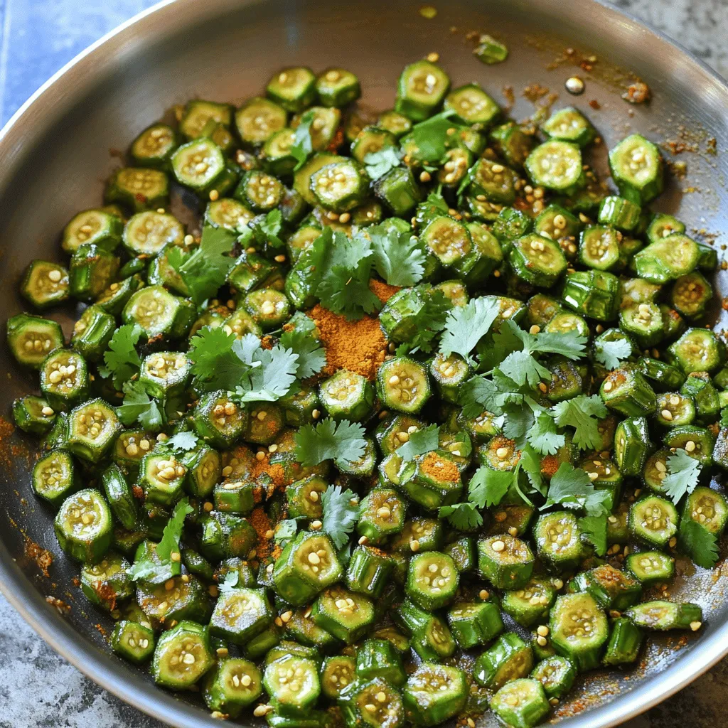 To make Spicy Curry Fried Okra, you need fresh okra and spices. These are the key elements that create the dish's bold flavor. Here’s what you need: - 1 pound fresh okra, sliced into ½ inch pieces - 2 tablespoons vegetable oil - 1 teaspoon cumin seeds - 1 teaspoon mustard seeds - 1 small onion, finely chopped - 2 cloves garlic, minced - 1 tablespoon ginger, grated - 1 teaspoon turmeric powder - 1 teaspoon coriander powder - 1 teaspoon garam masala - 1 teaspoon red chili powder (adjust to taste) - Salt to taste - Fresh cilantro, chopped (for garnishing) You will also want to gather some vegetable oil and aromatics for cooking. The oil helps in frying the okra and spices. The chopped onion, garlic, and ginger bring a wonderful aroma and flavor to the dish. Lastly, for garnishing, you can use fresh cilantro. It adds a nice touch and brightens the dish. This recipe is simple and quick. You can check the Full Recipe for more details on how to prepare this tasty dish. 1. Start by heating the vegetable oil in a large skillet over medium heat. This step is key for flavor. 2. Add the cumin seeds and mustard seeds. Let them sizzle for about 30 seconds until they pop. This creates a rich aroma. 3. Next, add the finely chopped onion to the skillet. Sauté it until it becomes translucent, which takes about 3-4 minutes. 4. Then stir in the minced garlic and grated ginger. Cook for an additional minute until they release their fragrant oils. 1. Now, it’s time to add the sliced okra to the skillet. Sauté the okra for about 5 minutes, stirring occasionally. You want them to begin softening, but not mushy. 2. Sprinkle the turmeric powder, coriander powder, garam masala, red chili powder, and salt over the okra. Mix well to coat every piece with those flavorful spices. 3. Cook the okra mixture for an additional 8-10 minutes, stirring frequently. The okra should become tender and slightly crispy. This texture makes the dish delightful. 1. Once cooked, remove the skillet from heat. Garnish your dish with freshly chopped cilantro. This adds a pop of color and freshness. 2. Present your spicy curry fried okra in a beautiful dish. The vibrant colors and rich flavors will impress everyone at the table. For more details, check out the Full Recipe! To cook okra well, you need to follow some simple tips. First, to avoid sliminess, choose fresh okra. Fresh okra has a firm texture. Cut it into even pieces. This helps it cook evenly. Also, try not to overcrowd the pan. If you add too much, the okra will steam instead of fry. Next, ensure even cooking by stirring often. This way, every piece gets a nice golden color. Cook on medium heat. Too high a heat can burn the spices before the okra cooks through. Adjusting spices can make a big difference. If you love heat, add more chili powder. For a milder dish, reduce the amount. You can also add a pinch of lemon juice for brightness. Using fresh spices is key to great flavor. Fresh garlic and ginger give a strong aroma. If you use dried spices, make sure they are fresh too. Old spices lose their flavor. Always store spices in a cool, dry place for the best taste. For the full recipe, check out the detailed instructions. Happy cooking! {{image_2}} You can change up the spices in this recipe. If you don't have cumin, try using fennel seeds. They add a sweet flavor. If you want a milder taste, reduce the red chili powder. You can also mix in other veggies like bell peppers or zucchini for extra color and nutrition. For a vegan option, this recipe is already plant-based. If you prefer gluten-free, feel free to use gluten-free bread crumbs if you want to coat the okra before frying. This adds a nice crunch while keeping the dish light. Spicy curry fried okra pairs well with rice or naan bread. The rice soaks up all the tasty spices. If you want to keep it simple, serve the okra as a side dish. It goes great with grilled meats or lentils. You can also enjoy it as a main course. Just serve it with a fresh salad or some yogurt sauce on the side. If you're interested in making this dish, check out the full recipe for all the details! To keep your spicy curry fried okra fresh, use airtight containers. Place the leftovers in these containers and store them in the fridge. They will stay good for 3 to 4 days. If you want to keep them longer, freeze them. Spread the okra on a baking sheet first. Freeze until solid, then transfer to a freezer-safe bag. This way, it won’t stick together. To reheat your okra, the best method is to use a skillet. Heat a little oil over medium heat. Add the okra and stir it gently. This keeps the texture crisp. Avoid using a microwave, as it can make the okra soggy. If you do use the microwave, heat it in short bursts to limit moisture. Enjoy your tasty dish again! For the full recipe, click [Full Recipe]. How do you make okra less slimy? To reduce the sliminess of okra, you can take a few steps. First, cut the okra into pieces just before cooking. Soaking the okra in vinegar for 30 minutes also helps. You can dry the okra with a towel after soaking. Cooking the okra over high heat will also help. Use less water when cooking, as moisture adds to sliminess. Can I make this dish in advance? Yes, you can make Spicy Curry Fried Okra in advance. Cook the dish and let it cool. Store it in an airtight container in the fridge for up to three days. When you're ready to eat, reheat it in a skillet. This will help keep the texture nice and tasty. Spicy Curry Fried Okra is a healthy dish. One serving has about 150 calories. It is low in carbs and high in fiber. Okra is rich in vitamins A and C. It also contains antioxidants that help fight disease. The spices add flavor and health benefits, making this dish a great choice. What’s the best way to cook okra without frying? If you want to cook okra without frying, try roasting or grilling it. Toss sliced okra with oil and spices, then bake at 400°F for about 20 minutes. You can also stir-fry it in a pan with little oil. This method keeps the okra crispy without frying. Enjoy your tasty, healthy dish! For the full recipe, check out [Full Recipe]. In this blog post, we covered how to make spicy curry fried okra. We discussed ingredients like fresh okra and spices. You learned step-by-step cooking tips and how to avoid sliminess. I shared ways to enhance flavors and offered variations to suit your taste. Finally, I provided storage tips for leftovers. Embrace this dish. Enjoy its flavor and health benefits. Happy cooking!