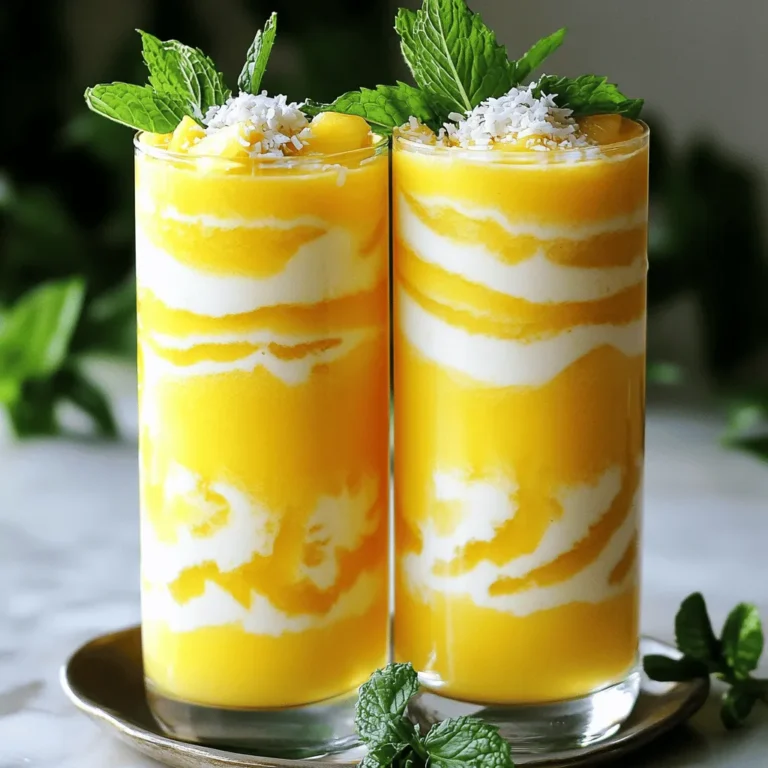 - 1 cup fresh pineapple chunks - 1 ripe banana - 1/2 cup coconut milk (full-fat for creaminess) For this smoothie, fresh ingredients shine. The pineapple adds a sweet, tangy kick. Pineapple chunks bring a burst of flavor. The ripe banana adds natural sweetness and creaminess. Coconut milk makes it rich and smooth. I suggest using full-fat coconut milk for a creamy texture. - 1/2 cup Greek yogurt (plain or coconut-flavored) - 1 tablespoon honey (optional) Greek yogurt gives the smoothie a nice thickness. It also adds protein, which is great for energy. If you want a sweeter taste, add honey. This is optional, as the banana and pineapple are already sweet. - A handful of ice cubes - 1 tablespoon shredded coconut (for garnish) - Fresh mint leaves (for garnish) Add ice cubes to chill the smoothie. It makes each sip refreshing. Sprinkle shredded coconut on top for texture and flavor. Fresh mint leaves add a pop of color and freshness. These little touches make the drink look and taste even better. You can find the full recipe for this tasty drink above. Enjoy making your Pineapple Coconut Smoothie! First, grab your blender. Add these fresh ingredients: - 1 cup fresh pineapple chunks - 1 ripe banana - 1/2 cup coconut milk - 1/2 cup Greek yogurt - 1 tablespoon honey (optional) Next, add a handful of ice cubes. This will make your smoothie cool and refreshing. Now, blend on high speed. Keep blending until the mixture is smooth and creamy. This takes about 30 seconds. After blending, taste your smoothie. If you want it sweeter, add more honey. Blend again for a few seconds. Pour the smoothie into tall glasses. Fill each glass about three-quarters full. To make it pretty, sprinkle shredded coconut on top. You can also add fresh mint leaves for a pop of color. Serve your smoothie right away for the best taste. Enjoy your tropical bliss! For making smoothies, a high-speed blender works best. These blenders can mix fruits and yogurt into a creamy drink. Look for one with sharp blades. This makes blending fast and easy. If you have a less powerful blender, cut the fruit into smaller pieces. This helps it blend better. To achieve the perfect consistency, start with the liquids first. Add coconut milk and yogurt before the solid ingredients. This creates a smooth base. Blend on high speed until the mixture is creamy. If it gets too thick, add a little more coconut milk. You can customize the sweetness of your smoothie. If you like it sweeter, add a tablespoon of honey or maple syrup. You can also use agave nectar for a different flavor. If you want a lower-calorie option, try stevia or monk fruit sweetener. Both are great alternatives. Always taste your smoothie before serving. Adjust the sweetness to match your preference. This way, you get a drink that is just right for you. Enjoy your pineapple coconut smoothie at any time of day. It makes a great breakfast or snack. The fresh flavors can boost your mood and energy. Pair this smoothie with a light meal or snack. It goes well with granola bars or fresh fruit. You can even serve it with a slice of toast for a balanced treat. Enjoying it on a warm day makes it even more refreshing. {{image_2}} You can change up the fruit in your smoothie. For a tropical twist, try adding mango or papaya. These fruits add new flavors and make your drink even more exciting. You can also use berries like strawberries or blueberries for a pop of color and taste. Seasonal fruits work well too. In summer, peaches or watermelon can brighten up your smoothie. Each fruit brings its own taste and nutrients. If you want a dairy-free option, there are many choices. Plant-based yogurt is a great swap. Almond, coconut, or soy yogurt can keep your smoothie creamy. You can also try almond milk, oat milk, or cashew milk instead of coconut milk. Each of these options adds its unique flavor and texture. Experiment to find your favorite mix! Want to make your smoothie even healthier? Adding greens is a simple way. Spinach or kale blends well and adds nutrition without changing the taste much. You can also add protein powder. This will give you more energy and help you feel full longer. Choose a flavor that matches your smoothie, like vanilla or chocolate. These boosts make your drink not just tasty but also packed with benefits. You can store leftover pineapple coconut smoothie in the fridge for up to 24 hours. It’s best to seal the smoothie in an airtight container. This helps keep it fresh and tasty. If you let it sit, it may separate. Just give it a good shake before drinking. Freezing your smoothie is a great option if you want it to last longer. Pour the smoothie into ice cube trays or freezer-safe bags. If using bags, flatten them for easy storage. When you want to enjoy it, let the smoothie thaw in the fridge overnight. You can also blend the frozen cubes with a bit of milk for a quick treat. Don’t throw away extra pineapple or coconut! You can use leftover pineapple in fruit salads or on top of yogurt. Add shredded coconut to oatmeal or baked goods. You can even make a tasty pineapple salsa. Just mix it with tomatoes, onion, and lime juice for a fresh dip. These ideas help cut waste and boost flavor in your meals. To make your smoothie thicker, use less liquid. Try adding more solid fruits like bananas or avocados. You can also add Greek yogurt or nut butter for creaminess. Frozen fruits are great too, as they boost texture without adding extra liquid. - Use less coconut milk or yogurt. - Add a frozen banana for creaminess. - Try blending in oats or chia seeds. These tips will give your smoothie a rich, thick texture that feels great in your mouth. Yes, you can use frozen pineapple! It offers a nice chill to your drink. Frozen fruits are often picked at peak ripeness, so they taste great. However, they can make your smoothie thinner if you add too much. - Frozen fruits save prep time and reduce waste. - Use less liquid if using frozen pineapple. - Blend well to avoid chunks. Just remember to adjust other ingredients to keep the balance right. This smoothie can be good for weight loss if you watch your portions. Pineapple is low in calories and high in vitamin C. Coconut milk adds healthy fats, but the calories can add up. - Use plain Greek yogurt for protein and lower sugar. - Skip the honey if you want fewer calories. - Add greens like spinach for more volume without many calories. By making small changes, you can enjoy a tasty smoothie while staying on track with your weight goals. For the full recipe, check out the Tropical Bliss Pineapple Coconut Smoothie. This blog post shared a delicious smoothie recipe and helpful tips. We explored fresh ingredients like pineapple and coconut milk, and garnishes that add flair. I gave you steps to blend a creamy, tasty drink and shared various ways to customize it. Remember, creativity is key when making smoothies. Use seasonal fruits, dairy alternatives, or even superfood boosts. Whether for breakfast or a snack, enjoy your smoothie in a way that fits your taste. Happy blending!