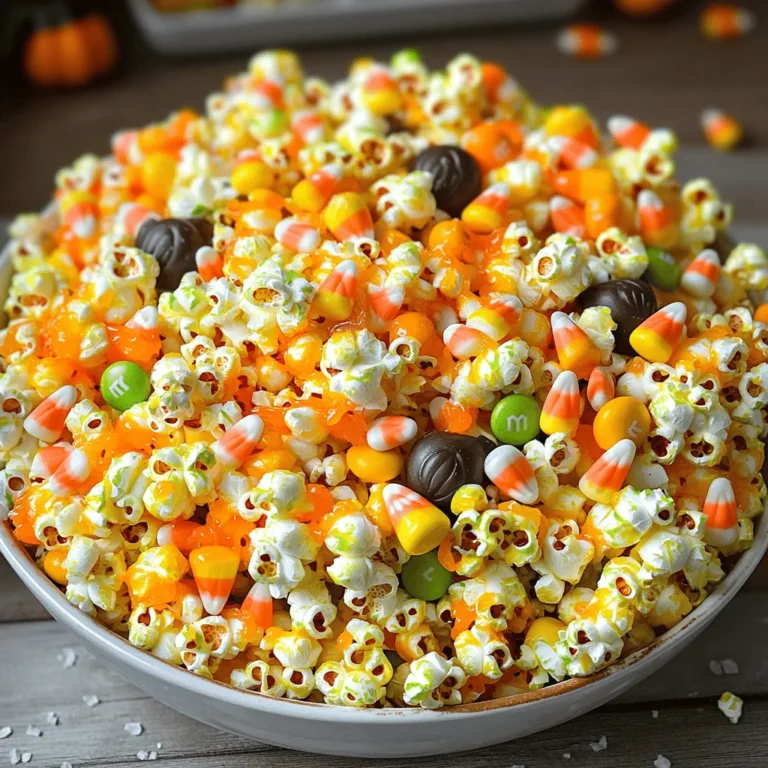 - 10 cups popped popcorn (about 1/2 cup kernels) - 1 cup candy corn - 1 cup mixed Halloween candies (M&Ms, chocolate pumpkins, etc.) - 1 cup unsalted butter - 2 cups granulated sugar - 1/2 cup light corn syrup - 1 teaspoon vanilla extract - 1/4 teaspoon baking soda - Food color gel (orange and green) - Sea salt (optional, for sprinkling) Gathering these ingredients is the first step to making your candy-coated Halloween popcorn. The popcorn is the base. It needs to be light and fluffy. You can pop it using an air popper or on the stove. Next, candy corn and fun Halloween candies add color and sweetness. For the candy coating, unsalted butter gives a rich taste. Granulated sugar and light corn syrup help create a sticky, sweet layer. The vanilla extract adds depth to the flavor. Baking soda helps the mixture puff up, making it airy. To make the popcorn festive, we use food color gel. Orange and green colors brighten the treat. If you like, a sprinkle of sea salt adds a fun twist. This sweet and salty combo is always a hit! You can find the full recipe for all the steps to make this tasty treat. Enjoy mixing and matching your favorite candies! Start by popping the popcorn kernels. You can use an air popper or a stovetop method. Once you pop the popcorn, scoop it into a large bowl. Make sure to remove any unpopped kernels. This step is key because these hard kernels can ruin your fun. Next, take a medium saucepan and melt the unsalted butter over medium heat. Once the butter melts, stir in the granulated sugar and corn syrup. Mix it well until everything is combined smoothly. This coating will add a sweet, crunchy layer to your popcorn. Now, bring the mixture to a boil. Let it bubble for about 4 to 5 minutes. Watch closely as it turns a light golden color. After boiling, remove it from the heat. Quickly stir in the vanilla extract and baking soda. Be careful, as the mixture will bubble up a bit. Divide the melted candy coating into two bowls. This is where the fun begins! Use food color gel to tint one bowl orange and the other green. These festive colors will make your popcorn look spooky and fun for Halloween. Pour the orange candy coating over half of the popcorn and the green over the other half. Use wooden spoons or spatulas to gently toss the popcorn. Make sure each piece is coated evenly. This step is crucial for that tasty candy crunch. Spread the coated popcorn onto a lined baking sheet. Make sure it is in an even layer. Allow the popcorn to cool and set completely at room temperature. This helps the candy coating harden and stick. Once set, you can break the popcorn into clusters. If you like, sprinkle a little sea salt on top for a sweet and salty treat. For the full recipe, check out the details above. Enjoy making your Candy Coated Halloween Popcorn! To get the candy coating just right, focus on texture. It should be smooth and glossy. When melting the butter, stir well to mix it with sugar and corn syrup. Cook it until it turns a light golden color, about 4-5 minutes. This step is key. If you cook it too long, it can become hard. After removing it from heat, add vanilla and baking soda. The mixture will bubble, so be careful! Divide it for coloring. Use gel food colors to make vibrant orange and green shades. This makes your popcorn look festive. Pour the colored coatings over the popcorn and toss gently. Aim for an even coat without crushing the popcorn. If you have leftovers, store them right to keep that crunch. Let the popcorn cool completely before storing. Place it in an airtight container. This helps keep moisture out, preserving the flavor and texture. If you have a large batch, use multiple containers. Try to eat it within a week for the best taste. You can also freeze it, but be ready for a slight change in texture. To refresh it, bake the popcorn at a low heat for a few minutes. Want to take your candy-coated popcorn to the next level? Add toppings! Try mini marshmallows, nuts, or sprinkles for some fun textures. You can mix in spices, too. A pinch of cinnamon or nutmeg adds a warm twist. Consider using different candies based on your taste. Swap in chocolate-covered pretzels or gummy candies. This way, you can create a mix that suits your mood. For a savory twist, sprinkle a bit of sea salt after coating. The sweet and salty combo is always a hit! For more fun, check out the Full Recipe to explore all the ways you can customize your Halloween treat! {{image_2}} You can change the colors of your candy-coated popcorn for any holiday. For Christmas, use red and green colors. For Easter, try pastel shades like pink and yellow. You can even make a birthday popcorn mix with bright colors that match the party theme. Just switch the food color gel to fit the occasion. It makes your popcorn feel special for every event! For those with dietary needs, I have some easy swaps. To make this treat gluten-free, use certified gluten-free popcorn and candies. If you're looking for a vegan option, replace the butter with coconut oil. You can also use plant-based candies instead of regular ones. These changes keep the joy of Halloween popcorn while fitting different diets. Get creative with flavors and toppings! You can add crushed cookies or spices to your popcorn. Try sprinkling cinnamon for a warm taste. You can mix in some caramel bits or chocolate chips for a sweet twist. The candy corn and mixed Halloween candies are a great start, but you can make it your own by adding your favorites. Don’t be afraid to mix and match! To keep your candy-coated popcorn fresh, store it in a cool, dry place. Avoid moisture, as it can make the popcorn soggy. Place it in a container once it cools completely. This helps maintain its crunchiness. For the best results, use airtight containers. Glass jars, plastic bins, or sealable bags work well. Make sure they are clean and dry before adding the popcorn. Label the containers with the date to track freshness. If your popcorn loses its crunch, you can refresh it. Preheat your oven to 250°F (120°C). Spread the popcorn on a baking sheet in a single layer. Heat for about 5 to 10 minutes. Keep an eye on it to prevent burning. Let it cool before enjoying again. Yes, you can use microwave popcorn. It saves time and effort. Just pop the bag according to the instructions. Remove any unpopped kernels before mixing. This way, you get a quick start to your candy-coated Halloween popcorn. However, make sure to choose plain popcorn. Flavored popcorn may alter the taste of your fun treat. You can make this popcorn a day or two before your event. After you coat the popcorn, let it cool completely. Once it is cool, store it in an airtight container. This keeps the popcorn fresh and crunchy. If you plan to serve it later, consider adding a sprinkle of sea salt just before serving. This gives it an extra tasty kick! Feel free to get creative with your candy choices! Here are some fun options: - Mini chocolate bars - Gummy worms - Colorful sprinkles - Chocolate-covered pretzels - Marshmallows Mix and match to find your favorite combination. Each candy adds a unique flavor and texture. This makes your popcorn even more exciting and festive! For the full recipe, check out the complete guide. This blog post guides you in making sweet, festive candy-coated popcorn. We covered the main ingredients, from popcorn to candy coating and flavorings. I shared step-by-step instructions to help you create this treat, plus tips for perfection and storage. You learned about fun variations too, allowing you to customize for any occasion. So gather your ingredients, follow the guide, and enjoy making candy-coated popcorn for your next celebration. This tasty snack will surely impress family and friends. Happy popping!
