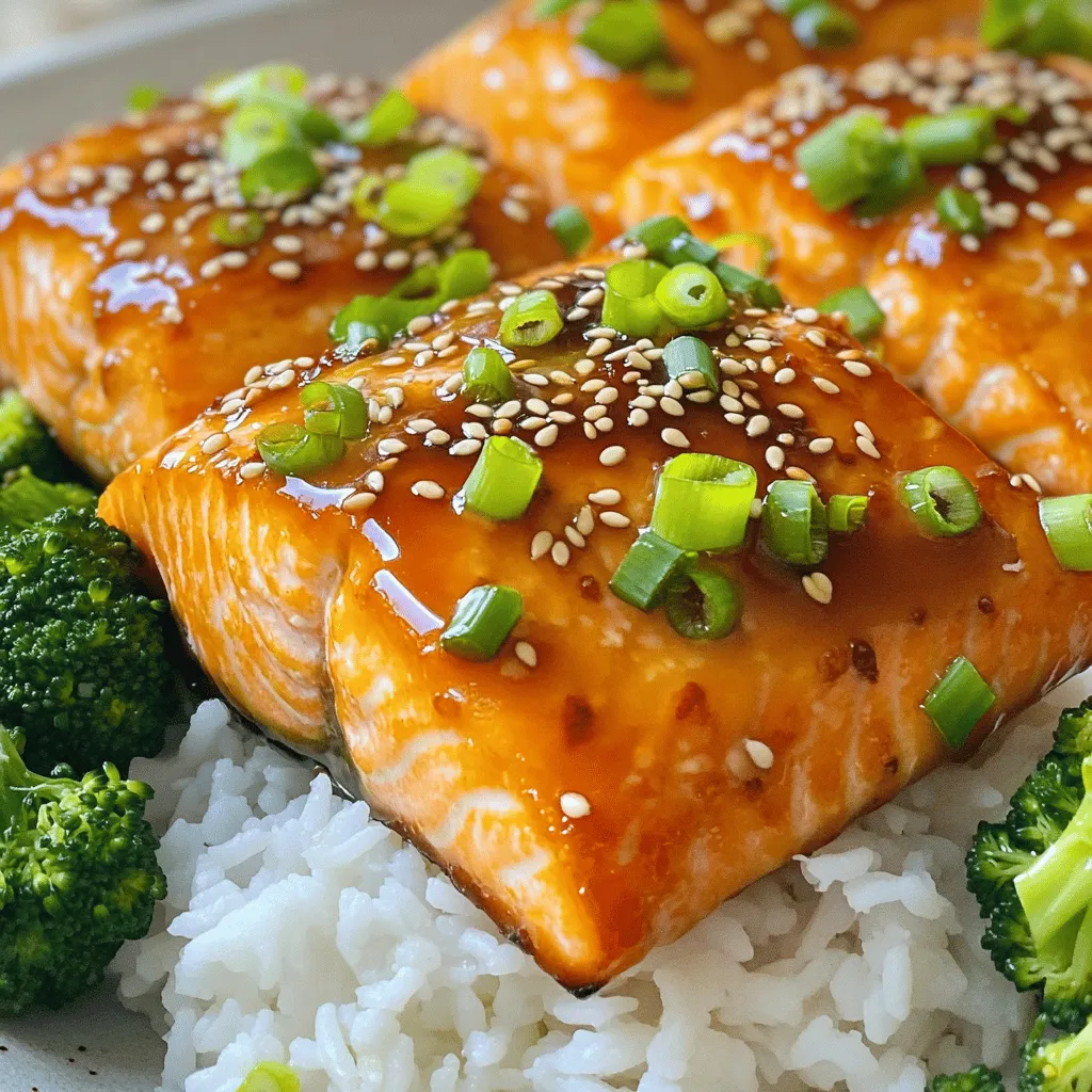 To make delicious baked teriyaki salmon, you will need the following ingredients: - 4 salmon fillets (about 6 oz each) - ¼ cup low sodium soy sauce - ¼ cup honey or maple syrup - 2 tablespoons rice vinegar - 2 teaspoons sesame oil - 2 cloves garlic, minced - 1 teaspoon fresh ginger, grated - 1 tablespoon cornstarch mixed with 2 tablespoons water (slurry) - 1 tablespoon sesame seeds - 3 green onions, finely chopped - Optional serving suggestions: steamed broccoli and rice These simple ingredients come together to create a tasty dish. The salmon fillets are the star here. They are rich in flavor and healthy too. The marinade, made with soy sauce, honey, and rice vinegar, gives the salmon a sweet and tangy taste. Sesame oil adds a nice nutty flavor. Garlic and ginger bring warmth and depth. Using low sodium soy sauce helps keep the dish lighter. The cornstarch slurry helps thicken the sauce, making it sticky and delicious. Feel free to add steamed broccoli and rice for a full meal. They pair well with the salmon. This dish is easy to make and perfect for any night of the week. For the full recipe, check out the details above. - Preheat the oven to 375°F (190°C). - In a medium bowl, whisk together soy sauce, honey (or maple syrup), rice vinegar, sesame oil, minced garlic, and grated ginger. This mixture forms the teriyaki marinade. - Place the salmon fillets in a shallow dish. Pour the marinade over the salmon, ensuring each piece is well coated. - Allow the salmon to marinate for 15-20 minutes. This step infuses the fish with rich flavors. - Transfer the marinated salmon to a lined baking sheet, skin-side down. Pour any remaining marinade on top of the salmon. - Bake in the preheated oven for 15 minutes. After this time, remove the baking sheet from the oven. Slowly pour the cornstarch slurry over the salmon. This helps thicken the sauce. - Return the salmon to the oven and bake for an additional 5-10 minutes. The salmon should easily flake with a fork and have a slightly caramelized top. For the full recipe, refer to the earlier section. Enjoy your delicious baked teriyaki salmon! To make your baked teriyaki salmon shine, marination is key. I recommend marinating for at least 15-20 minutes. This time allows the flavors to soak into the fish. If you can, try to marinate for a full hour. You’ll taste the difference! For the best flakiness in salmon, avoid overcooking. Salmon is done when it easily flakes with a fork. Keep an eye on it, especially during the last few minutes of baking. If you see a hint of caramelization on top, that’s a sign it’s cooked just right. Baked teriyaki salmon pairs well with various sides. I love serving it with steamed broccoli and rice. The rice absorbs the teriyaki sauce, making each bite delicious. You could also add a fresh salad for a crunchy contrast. To make your plate look appealing, serve the salmon on a bed of rice. Drizzle extra teriyaki sauce from the baking sheet on top. Garnish with chopped green onions and sesame seeds for a final touch. This simple step makes your dish pop! For the full recipe, check out the earlier section. {{image_2}} You can make this recipe even better by swapping some ingredients. If you want a low-sugar option, try using coconut aminos. This sauce has a similar taste to soy sauce but is lower in sugar and sodium. It works great in the marinade. If you want to switch up your fish, salmon is not the only choice. You can use trout, cod, or even halibut. Each fish will give a different taste but will still soak up that tasty teriyaki flavor. You might wonder if you should grill or bake your salmon. Baking is easier and gives a nice, even cook. You can simply set it and forget it. Grilling gives a smoky flavor but needs more attention. If you want a quicker option, try an air fryer. To make teriyaki salmon in the air fryer, follow these steps: 1. Preheat the air fryer to 375°F (190°C). 2. Marinate your salmon as usual. 3. Place the salmon in the air fryer basket, skin-side down. 4. Cook for about 10-12 minutes, or until it flakes easily with a fork. This method keeps the salmon juicy and cooks it fast. For more details on the full recipe, check out the Full Recipe section. To keep your baked teriyaki salmon fresh, follow these steps. First, let the salmon cool down to room temperature. Then, wrap each piece in plastic wrap or foil. This will help keep the moisture in. Place the wrapped salmon in an airtight container. Store it in your fridge. You can safely store leftovers for up to three days. After that, the taste and texture may change. Reheating salmon can be tricky. You want to keep it moist and tasty. The best way is to use the oven. Preheat your oven to 275°F (135°C). Place the salmon on a baking sheet. Cover it with foil to trap the moisture. Heat it for about 15 minutes. You can also use the microwave, but be careful. Set it to a lower power level. Heat the salmon in short bursts of 30 seconds. Check it often to avoid overcooking. This way, your salmon stays juicy and delicious. For more details, check out the Full Recipe. How long to cook salmon for best results? For the best results, bake your salmon for about 20-25 minutes. Start with 15 minutes, then add a cornstarch slurry. This will help create a nice glaze. Always check that the salmon flakes easily with a fork. Can I freeze baked teriyaki salmon? Yes, you can freeze baked teriyaki salmon. Wrap it tightly in plastic wrap or foil. It will stay fresh for up to three months. Thaw it in the fridge before reheating for best results. What to serve with baked teriyaki salmon? I recommend serving baked teriyaki salmon with steamed broccoli and rice. The light flavors of the sides really complement the salmon. You can also add a fresh salad or some pickled vegetables for extra crunch. What are the nutritional values of the baked teriyaki salmon? Baked teriyaki salmon is rich in protein, omega-3 fatty acids, and various vitamins. Each serving contains about 350 calories, 34g of protein, and 20g of healthy fats. This makes it a nutritious choice for any meal. Is teriyaki salmon healthy? Yes, teriyaki salmon is a healthy dish when made with fresh ingredients. It offers a good balance of protein and healthy fats. Using low-sodium soy sauce and natural sweeteners, like honey, improves its health profile. Brief history of teriyaki sauce and its use in salmon dishes Teriyaki sauce has roots in Japan, dating back to the 17th century. The term "teriyaki" means "to grill" or "to broil." It became popular for its sweet and savory flavor, especially with fish like salmon. Cultural significance of teriyaki in Japanese cuisine Teriyaki is an important part of Japanese cuisine. It showcases the harmony of flavors and cooking methods. Using fresh, local ingredients reflects a deep respect for nature in Japanese culture. Teriyaki dishes are loved worldwide for their unique taste and versatility. This blog post detailed how to make baked teriyaki salmon using simple ingredients and steps. You learned about marinating, baking, and serving this tasty dish. The tips shared help improve flavor and presentation. Remember, you can swap ingredients and cooking methods to suit your taste. Storing leftovers properly keeps them fresh for later. With these guidelines, you can easily enjoy delicious teriyaki salmon at home. Embrace the joy of cooking this dish and impress family and friends with your skills. Happy cooking!