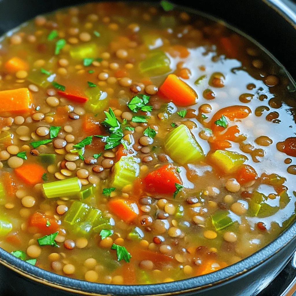 - 1 cup dried green or brown lentils, rinsed - 1 medium onion, chopped - 2 cloves garlic, minced - 2 medium carrots, diced - 2 stalks celery, diced - 1 red bell pepper, chopped - 1 can (14 oz) diced tomatoes - 6 cups vegetable broth For a rich flavor, I love using dried lentils. They cook up soft and absorb all those tasty spices. Fresh veggies like onion, garlic, carrots, celery, and red bell pepper give the soup a great base. Canned tomatoes add a nice touch, while vegetable broth keeps it light and healthy. - 2 teaspoons ground cumin - 1 teaspoon smoked paprika - 1 teaspoon dried thyme - 1 bay leaf - 2 tablespoons olive oil - Salt and pepper to taste - Fresh parsley, chopped (for garnish) Spices are key to this dish. Ground cumin adds warmth, while smoked paprika brings a slight smokiness. Dried thyme and bay leaf enhance the overall aroma. I use olive oil to sauté the vegetables, which adds healthy fats. A sprinkle of salt and pepper rounds out the flavors. Finally, fresh parsley on top adds brightness and color. For the full recipe, be sure to check out the complete instructions. Cooking should be fun, and this soup is a great way to enjoy a healthy meal! 1. Start by heating 2 tablespoons of olive oil in a large pot over medium heat. 2. Add 1 medium chopped onion and sauté it for about 5 minutes until it turns soft and translucent. 3. Next, stir in 2 minced garlic cloves. Cook for 1 more minute to bring out the garlic’s flavor. 4. Now, add 2 diced carrots, 2 diced celery stalks, and 1 chopped red bell pepper to the pot. 5. Sauté these vegetables for 5 to 7 minutes, stirring often, until they soften. 1. Once your veggies are softened, add 1 cup of rinsed lentils. 2. Pour in 1 can of diced tomatoes and 6 cups of vegetable broth. 3. Mix in 2 teaspoons of ground cumin, 1 teaspoon of smoked paprika, 1 teaspoon of dried thyme, and 1 bay leaf. 4. Bring everything to a boil, then reduce the heat. Cover the pot and let it simmer for 30 to 35 minutes until the lentils are tender. 1. After simmering, remove the bay leaf. Season your soup with salt and pepper to taste. 2. For a creamier texture, you can blend part of the soup using an immersion blender. 3. If you like it chunkier, leave it as is. 4. Serve your soup hot, garnished with fresh chopped parsley. For the full recipe, check out the instructions above. To make your vegan lentil soup burst with flavor, use spices and herbs. I recommend ground cumin, smoked paprika, and dried thyme. These spices add warmth and depth to the soup. A homemade vegetable broth also adds a fresh taste. If you don’t have homemade broth, store-bought works fine too, but choose low-sodium versions for better control over salt. Texture matters in soup. For a creamier soup, blend a portion of it with an immersion blender. This gives it a smooth finish while keeping some chunks. If you prefer it chunkier, skip the blending. Adjust the cooking time based on your lentils. For softer lentils, simmer longer. If you want them firmer, check them early. Serve your soup hot with a slice of crusty bread or a fresh salad. Both pair well and make a complete meal. For toppings, consider fresh parsley for color and taste. You can also add a drizzle of olive oil for richness or a sprinkle of nutritional yeast for a cheesy flavor. These simple additions make the soup more exciting! {{image_2}} You can easily change this vegan lentil soup. Adding different vegetables makes it fun. Try kale or spinach for extra greens. Potatoes also add a hearty feel. These veggies cook well and add great taste. For protein, tofu and tempeh are perfect options. Tofu gives a soft texture, while tempeh adds a bite. Both options boost nutrition and keep you full. Just chop them up and toss them in when you add the lentils. Spices can change the whole vibe of your soup. Try adding curry powder for a warm twist. Or, use fresh herbs like basil or cilantro for bright flavors. Don’t be scared to mix it up! If you want creaminess, coconut milk is a great choice. It adds a rich taste and works well with the spices. Just stir it in during the last few minutes of cooking. Gluten-free eaters can enjoy this soup too! The base recipe is naturally gluten-free. Just check your broth and spices to ensure they fit your needs. If you want to cut back on salt, go low-sodium. This option lets you control the flavor. Add salt slowly, tasting as you go. This way, you can find the perfect balance for your palate. Explore these variations to make the vegan lentil soup your own! For the full recipe, check out the Soul-Warming Vegan Lentil Soup section. To store your leftover soup safely, let it cool first. Once cool, pour it into an airtight container. Glass or BPA-free plastic containers work best. Make sure to seal the lid tightly. This keeps the soup fresh and avoids spills. If you want to keep the soup longer, freezing is a great option. Divide the soup into portions and use freezer-safe bags or containers. Leave a little space at the top for expansion. To thaw, move the soup to the fridge overnight. Reheat it on the stove over low heat, stirring often. In the fridge, the soup lasts about 5 to 7 days. Always check for signs of spoilage before eating. Look for changes in smell or color. If it smells off or looks strange, toss it. Your health is more important than wasting food. To make this soup, start by heating olive oil in a large pot. Add chopped onion and sauté until soft. Stir in minced garlic and cook until fragrant. Then, add diced carrots, celery, and red bell pepper. Cook these veggies for about 5-7 minutes until tender. Next, mix in your spices: ground cumin, smoked paprika, dried thyme, and a bay leaf. This step adds deep flavor. Pour in rinsed lentils, diced tomatoes, and vegetable broth. Bring everything to a boil. Once it boils, lower the heat and cover the pot. Let it simmer for about 30-35 minutes or until lentils are soft. Remove the bay leaf, season with salt and pepper, and enjoy! You can blend part of the soup for a creamier texture if you like. For the complete recipe, check the full recipe section. Yes, you can make this soup ahead of time. It keeps well in the fridge for about 4-5 days. Store it in a sealed container once it cools. For meal prep, you can also freeze it. Just ensure it cools fully before freezing. Use freezer-safe containers or bags to save space. Lentils are very healthy. They are high in protein and fiber. This makes them great for keeping you full. Lentils also help with digestion. They are low in fat and packed with vitamins and minerals, such as iron and folate. Eating lentils may lower the risk of heart disease. They are also good for your skin and help maintain stable blood sugar levels. Yes, you can use other beans. Black beans, chickpeas, or kidney beans work well. Keep in mind that cooking times may vary. You might need to adjust the cooking time to ensure they are tender. Experimenting with different beans can add unique flavors to the soup. Absolutely! This vegan lentil soup is perfect for meal prep. You can make a big batch and store it for later. It freezes nicely, making it easy to have a healthy meal on hand. Just reheat in a pot or microwave when you are ready to eat. This saves time and effort on busy days. This blog post covered how to make a tasty lentil soup. We discussed the key ingredients, including lentils, fresh veggies, and spices. I shared easy steps to cook it, plus tips for flavor and texture. You learned about variations, storage info, and meal prep ideas. Lentil soup is healthy and easy to customize. With this guide, you can create a dish that suits your taste. Enjoy making this delicious soup for yourself and others!