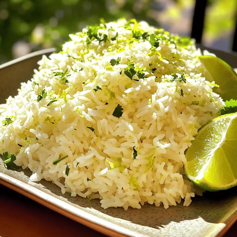 To make coconut lime rice, you need a few basic items. Here is what you need: - 1 cup jasmine rice - 1 cup coconut milk - 1 cup vegetable broth - Zest of 1 lime - 2 tablespoons lime juice - 1 tablespoon sugar - 1/2 teaspoon salt These ingredients create a creamy and zesty dish. The jasmine rice gives a lovely aroma and fluffy texture. Coconut milk adds richness, while lime gives it a bright flavor. You can add extra ingredients to boost the taste. Consider these options: - Fresh cilantro, chopped (for garnish) - Lime wedges (for serving) Cilantro brings a fresh taste to each bite. Lime wedges add a tangy kick when served. You can even mix in some diced vegetables for added crunch and nutrition. Having the right tools makes cooking easier. Here are the tools you will need: - Fine mesh strainer - Medium saucepan - Fork A fine mesh strainer helps rinse the rice well. A medium saucepan is perfect for cooking the rice and liquids together. Use a fork to fluff the rice after cooking. For the full recipe, check the section above. Start by rinsing the jasmine rice. Use a fine mesh strainer and cold water. Rinse until the water runs clear. This step helps remove extra starch. Clean rice cooks fluffy and light. After rinsing, let it drain while you prepare the rest. In a medium saucepan, combine the rinsed rice, coconut milk, and vegetable broth. Add the zest and juice of one lime, sugar, and salt. Stir to mix all ingredients well. Bring this mixture to a boil over medium-high heat. Once it boils, lower the heat to low. Cover the pan and let it simmer for about 15 to 18 minutes. Check if the liquid is absorbed and the rice is tender. Once done, remove the pan from heat and keep it covered. Let it sit for five more minutes. This allows the rice to finish cooking and become fluffy. After the rice has rested, fluff it gently with a fork. Mix in the lime zest and juice evenly. Taste the rice and adjust the seasoning if needed. Serve it warm, garnishing with fresh cilantro. Add lime wedges on the side for an extra burst of flavor. This dish pairs well with grilled chicken or fish. For the full recipe, refer to the section above. Enjoy your delicious coconut lime rice! When making coconut lime rice, avoid these common mistakes: - Not rinsing the rice: Rinsing removes extra starch. This helps keep the rice fluffy. - Using too much liquid: Stick to the amounts in the recipe. Too much liquid makes mushy rice. - Skipping the resting time: Letting the rice sit after cooking allows it to steam and become fluffy. For fluffy coconut lime rice, follow these tips: - Use jasmine rice: This type has the right texture and aroma. - Measure liquids accurately: Use equal parts coconut milk and vegetable broth. - Let it sit: After cooking, keep the lid on for five more minutes. This helps every grain stay separate. You can enhance the flavor of your coconut lime rice with simple additions: - Add garlic or onion: Sauté them before adding the rice for a deeper taste. - Spice it up: Add a pinch of cayenne pepper or red pepper flakes for heat. - Fresh herbs: Mix in basil or mint for a fresh twist. - Nuts or seeds: Toasted coconut or cashews add crunch and richness. For the full recipe, check out the [Full Recipe]. {{image_2}} You can make your Coconut Lime Rice even better by adding veggies. Try adding bell peppers, peas, or corn. These colors pop and add flavor. Simply sauté the veggies in a bit of oil before mixing them in. This method keeps the vegetables crisp and bright. You can also add spinach or kale for extra nutrition. The rice absorbs the flavors from the veggies, making each bite tasty. If you love heat, try making Spicy Coconut Lime Rice. Add chopped jalapeños or red pepper flakes to the rice while cooking. This twist gives the dish a kick. You can adjust the spice level to your taste. Want more heat? Add more jalapeños! Pairing it with grilled chicken or fish makes a great meal. The heat complements the creamy coconut flavor well. You don’t have to stick with jasmine rice. Try using quinoa or brown rice for a different texture. Quinoa cooks faster and adds protein. Brown rice gives a nutty flavor and a chewy bite. Just remember to adjust the cooking times. Each grain brings its own flair to the dish. Experiment to find your perfect match. For recipes, check out the Full Recipe. To store leftover coconut lime rice, let it cool to room temperature. Then, place it in an airtight container. This keeps the rice fresh and prevents drying. You can store it in the fridge for up to four days. If you want to keep it longer, freezing is a great option. When you're ready to eat, take the rice from the fridge. Add a splash of water or coconut milk to keep it moist. Heat it in a microwave-safe bowl, covering it with a damp paper towel. This helps steam the rice. Heat for about 1-2 minutes, stirring halfway through. If frozen, thaw it overnight in the fridge before reheating. Freezing coconut lime rice is easy. Divide the rice into small portions. Place each portion in a freezer-safe bag or container. Squeeze out the air to prevent freezer burn. Label the bag with the date. You can freeze it for up to three months. When you are ready to use it, just follow the reheating instructions. Enjoy your tasty side dish later! For the full recipe, check out the Coconut Lime Rice section above. Coconut lime rice pairs well with many dishes. You can serve it with grilled chicken or shrimp. It also goes great with fish tacos or stir-fried veggies. For a complete meal, add a fresh salad or black beans. The rice adds a nice twist to any meal. Yes, you can use brown rice. However, adjust the cooking time. Brown rice takes longer to cook than jasmine rice. Use about 40-45 minutes for brown rice. You may also need extra liquid to keep it moist. Making coconut lime rice vegan is easy. Just use vegetable broth instead of chicken broth. The rest of the ingredients are already vegan. You still get creamy rice with great flavor. Enjoy it just as much as the original! In this blog post, we explored making delicious coconut lime rice. We covered essential and optional ingredients that boost flavor. You learned how to prep and cook the rice for the perfect texture. We shared tips to avoid common mistakes and variations for creativity. Plus, I outlined how to store and reheat leftovers. This dish is easy to make and fun to adapt. Enjoy serving it with your favorite meals. You'll impress your family and friends with this vibrant side dish.