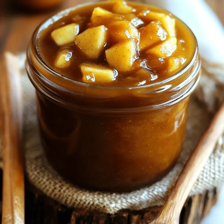 Here is what you need to make slow cooker apple butter. Gather these simple ingredients: - 6 medium-sized apples (types: Granny Smith or Honeycrisp) - 1 cup granulated sugar - 1/2 cup packed brown sugar - 1 tablespoon ground cinnamon - 1/2 teaspoon ground nutmeg - 1/4 teaspoon ground cloves - 1/4 teaspoon salt - 1 tablespoon lemon juice - 1/2 cup unsweetened applesauce (optional) Using the right apples is key. Granny Smith apples give a tart flavor, while Honeycrisp adds sweetness. You can use a mix for more depth. The sugars balance the tartness. Spice is where the magic happens! Cinnamon, nutmeg, and cloves work together to create warmth. Salt enhances the flavors, and lemon juice brightens the mix. You can even add unsweetened applesauce. This step makes the butter smooth and creamy. Just remember, this recipe is flexible. You can adjust sugar or spices to fit your taste. For the full recipe, check out the Heavenly Slow Cooker Apple Butter section. Preparing the Apples: Peeling, coring, and dicing First, choose your apples. I love using Granny Smith or Honeycrisp for their balance of sweetness and tartness. Start by peeling the apples. A good peeler makes this step easy. Next, core each apple to remove the seeds. Finally, dice the apples into small chunks. This helps them cook evenly and break down well. Mixing in the Slow Cooker: Adding ingredients together Once your apples are ready, grab your slow cooker. Add the diced apples to the slow cooker. Then, measure out your sugar. I use one cup of granulated sugar and half a cup of brown sugar for a rich flavor. Sprinkle in one tablespoon of ground cinnamon, half a teaspoon of nutmeg, and a quarter teaspoon of cloves and salt. Don’t forget the lemon juice! It brightens the flavor. If you want a creamier texture, add half a cup of unsweetened applesauce. Stir all the ingredients together until they are well mixed. Cooking Duration: Low heat for 8 hours Now, cover your slow cooker with its lid. Set it on low heat and let it cook for eight hours. This slow cooking allows the apples to break down. The heat also helps the spices and sugars blend beautifully. You will love the aroma filling your kitchen! Blending the Mixture: Using an immersion blender or countertop blender After eight hours, it’s time to blend the mixture. You can use an immersion blender right in the slow cooker. This makes it easy and less messy. If you don’t have one, carefully transfer the mixture in batches to a countertop blender. Blend until you reach your desired smoothness. Stir the apple butter, then taste it. If it needs more sweetness or spice, now is the time to adjust it. If it seems too thin, you can cook it uncovered for another hour to thicken it up. How can I sweeten or spice up my apple butter? To enhance your apple butter, taste it after cooking. If it needs more sweetness, add more sugar. Start with a tablespoon of granulated sugar or brown sugar. Stir well and taste again. For extra spice, try adding more cinnamon or a pinch of ground ginger. What if my apple butter is too thin? If your apple butter is too thin, don’t worry! You can fix this by cooking it uncovered for about one hour. This helps the moisture evaporate, making your apple butter thicker. Stir it occasionally to prevent sticking. How do I sterilize jars for storage? To store your apple butter safely, you need clean jars. Wash them in hot soapy water. Rinse well and place them in the oven at 225°F (110°C) for about 10 minutes. This method kills any germs and keeps your apple butter fresh. When should I time my cooking for the best flavor? Cook your apple butter for eight hours on low heat. This slow cooking allows flavors to blend well. If you can, try to make it the day before you plan to use it. The flavor will deepen overnight in the fridge, making it even better! {{image_2}} You can make your apple butter even better with spices. Adding cloves brings warmth and depth. I often mix in ginger for a zesty twist. Both spices add a nice kick to the sweet apples. If you want to switch up your sweeteners, try honey or maple syrup. They add unique flavors and are a bit healthier. Just keep in mind that each sweetener changes the taste a little. Adjust the amount to fit your taste buds. The type of apples you use makes a big difference. Sweet apples like Honeycrisp bring natural sugar. Tart apples like Granny Smith add a nice bite. I love to mix them for a balanced flavor. Combining apple types gives your butter more depth. Try using two or three varieties together. You’ll find the taste becomes rich and complex. This mix is the secret to a great apple butter! You can keep your apple butter in the fridge for up to 2 weeks. Make sure to use a clean jar or container with a tight lid. This helps keep the flavors fresh and tasty. Always use a clean spoon when scooping out the apple butter. This prevents germs from getting in. To preserve apple butter for a longer time, use the sterilized jar method. Here’s how: 1. Sterilize jars: Boil jars and lids in water for 10 minutes to kill any germs. 2. Fill jars: Pour the hot apple butter into the warm jars, leaving some space at the top. 3. Seal jars: Wipe the rims clean and place the lids on tightly. You can also freeze apple butter effectively. Just follow these tips: - Use freezer-safe containers: Choose containers that can handle cold temps. - Leave space: Leave some room at the top of the container for expansion when freezing. - Label and date: Write the date on each container. This helps you keep track of how long it’s been frozen. Following these steps ensures your apple butter stays fresh and delicious for months to come! Homemade apple butter can last for up to two weeks in the fridge. Store it in a clean jar with a tight lid. If you want it to last longer, consider canning it. Yes, apple butter can be canned and preserved. Use sterilized jars and follow proper canning steps. This way, you can enjoy your apple butter for months. You can use apple butter in many ways! It works great in baked goods like muffins or cakes. Try it as a topping for pancakes or oatmeal. You can even mix it into yogurt for a tasty snack. For the full recipe, check out the heavenly slow cooker apple butter section. In this blog post, we covered how to make delicious apple butter. We went over the right ingredients, the best apple types, and the steps to cook it. You also learned tips for adjusting flavor and thickness. Storage methods were highlighted to keep your apple butter fresh. Now you can enjoy a tasty treat or gift it to friends. Making apple butter is easy and fun. Dive into this recipe and savor your creation. It’s worth every step!