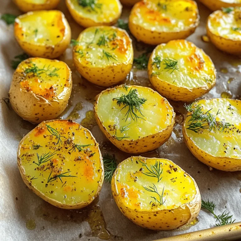 - 2 pounds baby Yukon gold potatoes - 1/2 cup dill pickle juice - 1 packet ranch seasoning mix - 3 tablespoons olive oil - 1 teaspoon garlic powder - 1 teaspoon onion powder - 1/2 teaspoon smoked paprika - Salt and pepper to taste - Fresh dill or parsley for garnish - Additional spices for flavor enhancement - Cheese toppings for extra richness Pickle Ranch Roasted Potatoes start with simple yet bold flavors. You need baby Yukon gold potatoes for their creamy texture. The dill pickle juice adds a tangy kick, making the dish unique. The ranch seasoning mix brings a blend of herbs and spices that you will love. When you toss the potatoes with olive oil, garlic powder, onion powder, and smoked paprika, they soak up all those tasty notes. Salt and pepper round out the flavor. These ingredients create a savory base that gets crispy when roasted. You can make this dish even better with optional add-ins. Consider adding your favorite spices to elevate the taste. Cheese toppings can also give extra richness and a delightful finish. For the full recipe, follow the detailed steps to create these flavorful potatoes. First, preheat your oven to 425°F (220°C). This hot oven gives the potatoes that nice, crispy crust. Next, grab a baking sheet and line it with parchment paper. This helps with easy clean-up and prevents sticking. Now, take 2 pounds of baby Yukon gold potatoes and cut them in half. Place them in a large bowl. Pour in 1/2 cup of dill pickle juice. This juice gives the potatoes a tangy flavor that is hard to resist. Let them marinate for about 15-20 minutes. This step is key to infusing flavor into the potatoes. After marination, drain the potatoes well. Return them to the bowl. Now, it’s time to add flavor. Pour in 3 tablespoons of olive oil. Then, add one packet of ranch seasoning mix, 1 teaspoon of garlic powder, 1 teaspoon of onion powder, and 1/2 teaspoon of smoked paprika. Don’t forget to add salt and pepper to taste. Toss everything together until the potatoes are nicely coated. Each piece should be covered in that tasty mix. Spread the coated potatoes on your prepared baking sheet. Make sure they are in a single layer. This helps them cook evenly. Place them in the preheated oven and roast for 25-30 minutes. Halfway through, flip the potatoes. This way, you get that golden brown color on all sides. When they are done, they should be crispy outside and tender inside. Enjoy them warm, garnished with fresh dill or parsley for an extra flavor boost. For the complete guide, check the Full Recipe. To get that perfect crunch, start by roasting at 425°F (220°C). This high heat helps the outside crisp up while keeping the inside soft. You should roast the potatoes for 25 to 30 minutes. Flip them halfway through cooking. This ensures they brown evenly on all sides. Spacing matters too! Give the potatoes room on the baking sheet. If they are too close, they will steam instead of roast. Use a large baking sheet to avoid crowding. Want to take the flavor up a notch? Try adding fresh herbs like rosemary or thyme. They pair well with the pickle and ranch taste. You can also mix in spices like cayenne for some heat or swap in smoked paprika for a deeper flavor. When using fresh herbs, add them at the end. This keeps their bright taste. Dried herbs work well too, but add them earlier in the cooking. They need time to release their flavors. By following these tips, your Pickle Ranch Roasted Potatoes will shine with flavor! For the complete process, check out the Full Recipe. {{image_2}} You can switch up the type of potatoes you use. Red potatoes work well and add a nice color. They have a smooth texture and hold their shape. Sweet potatoes are another great choice. They bring a hint of sweetness and extra nutrients. Just cut them into similar sizes for even cooking. Have fun with different dressings or marinades. Try using garlic and herb dressing for a fresh twist. You can even mix in some spicy elements. Add crushed red pepper or hot sauce for a kick. This change can make your potatoes really stand out. These potatoes are great as a side dish. They pair well with grilled chicken or steak. You can also serve them as a snack. They taste amazing with dips like ranch or spicy mayo. This adds another layer of flavor to your meal. For more ideas, check the Full Recipe. To keep your Pickle Ranch Roasted Potatoes fresh, store them in an airtight container. Place them in the fridge within two hours of cooking. They will last about three to four days. When you want to reheat them, use your oven for the best texture. Preheat your oven to 400°F (200°C). Spread the potatoes out on a baking sheet. Heat for about 10-15 minutes, flipping halfway through. This helps them regain some crispiness. If you want to save some for later, you can freeze roasted potatoes. First, let them cool completely. Then, place them in a freezer-safe bag or container. Make sure to remove as much air as possible. They will stay fresh for about three months in the freezer. When you're ready to eat them, thaw in the fridge overnight. Reheat in the oven as mentioned above for the best results. This method keeps the flavor and texture intact. Enjoy the tasty bites anytime! To make Pickle Ranch Roasted Potatoes from scratch, you need some simple steps. First, gather your ingredients. You will need baby Yukon gold potatoes, dill pickle juice, ranch seasoning, olive oil, garlic powder, onion powder, smoked paprika, salt, and pepper. Start by preheating your oven to 425°F (220°C). Then, cut the potatoes in half and soak them in dill pickle juice for flavor. After 15-20 minutes, drain the potatoes and mix them with olive oil and the spices. Spread them on a baking sheet and roast for 25-30 minutes. Flip them halfway for even cooking. For the complete recipe, check the [Full Recipe]. Yes, you can use regular potatoes instead of Yukon gold. Red potatoes work well and have a nice texture. However, they may not be as creamy as Yukon gold. Russet potatoes are another option. They will be fluffier but might not hold their shape as well. Each type adds a slightly different taste. To ensure even cooking, space the potatoes well on the baking sheet. Do not overcrowd them. This allows hot air to circulate around each potato. Flip the potatoes halfway through cooking. This helps them brown evenly on all sides. You can use a spatula to turn them gently. This method gives you crispy, golden potatoes every time. In this article, we explored how to make delicious Pickle Ranch Roasted Potatoes. We covered the ingredients needed, including the key flavors like dill pickle juice and ranch seasoning. You learned about the step-by-step instructions, including tips for perfect roasting and enhancing flavor. Remember, you can customize these potatoes with different types or spices to fit your taste. This dish is not only easy to make but also fun to share. Try these potatoes as a snack or a side to your favorite meal. Enjoy the flavor!