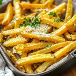Here is what you need to make Air Fryer Garlic Parmesan Fries: - 4 large russet potatoes, cut into fries - 3 tablespoons olive oil - 4 cloves garlic, minced - 1 teaspoon salt - ½ teaspoon black pepper - ½ teaspoon paprika - ½ cup grated Parmesan cheese - 2 tablespoons fresh parsley, chopped (for garnish) These ingredients come together to create a tasty treat. The russet potatoes give a fluffy inside, while the olive oil makes them crisp. Garlic adds flavor, and Parmesan brings a rich, cheesy kick. The spices, like paprika and black pepper, enhance the taste. Fresh parsley not only looks nice but also adds a hint of freshness. You can find the full recipe [here](#). - Peel and cut potatoes into fries. - Soak in cold water for 30 minutes. Start by peeling the russet potatoes. If you like the skin, you can leave it on. Cut them into long, even strips. This step helps the fries cook at the same rate. Soaking them in cold water for 30 minutes is key. This gets rid of extra starch, making them crispier when cooked. - Combine olive oil, garlic, salt, pepper, and paprika. In a large bowl, mix olive oil, minced garlic, salt, black pepper, and paprika. Stir well until you form a smooth seasoning paste. This mixture adds a great flavor to your fries. You can taste it to see if you want to add more salt or spice. - Coat fries with seasoning. - Preheat air fryer to 380°F (190°C). - Air fry for 15-20 minutes, shaking halfway. Add the soaked and dried fries to the bowl with the seasoning. Toss them well until they are fully coated. While you coat the fries, preheat your air fryer to 380°F (190°C). Place the fries in the basket in a single layer. Air fry them for 15 to 20 minutes. Remember to shake the basket halfway through for even cooking. - Sprinkle Parmesan onto fries. - Cook for an additional 2-3 minutes. When the fries turn golden and crispy, open the air fryer. Sprinkle grated Parmesan cheese over the fries. Cook them for an additional 2 to 3 minutes. This melts the cheese and gives it a nice, crispy texture. For the full recipe, check out the details above. Enjoy your delicious Air Fryer Garlic Parmesan Fries! Soaking potatoes is key. It removes excess starch and helps fries crisp up. Start by cutting your russet potatoes into even fries. Then, soak them in cold water for about 30 minutes. This simple step makes a big difference. After soaking, drain the fries and pat them dry with a towel. Less moisture means more crunch! Frying in a single layer is vital for crisp fries. When fries are too crowded, they steam instead of fry. This leads to soggy fries. Make sure to spread the fries out in the air fryer basket. You can cook in batches if needed. This way, each fry gets its chance to become golden and crispy. Adjusting flavors is easy and fun. Start with the basic seasoning mix of garlic, salt, pepper, and paprika. Feel free to taste and add more salt or spices if desired. You can also experiment with other flavors. Try adding chili powder for heat or herbs for freshness. Personalize your fries to match your taste buds! For the full recipe, check out the cooking steps mentioned earlier. {{image_2}} While Parmesan cheese shines in this recipe, you can mix it up. Try using mozzarella for a gooey bite. Feta adds a nice tang, while cheddar brings a sharp flavor. You could even experiment with vegan cheese if you want a plant-based twist. Each cheese gives fries a unique taste. Don’t be afraid to spice things up! You can add chili powder for heat or smoked paprika for a deep flavor. Garlic powder works well too, boosting the garlic taste. For something fresh, sprinkle in some dried herbs like oregano or thyme. A pinch of cayenne can really wake up the dish. If you're craving variety, switch out the potatoes. Sweet potatoes offer a sweet flavor and vibrant color. They also bring extra nutrients. Other root veggies like carrots or parsnips can also work great. Just cut them into fry shapes and follow the same steps for seasoning and cooking. Each choice gives you a new taste experience. For the complete recipe, check out the [Full Recipe]. After making Air Fryer Garlic Parmesan Fries, let them cool down first. Place the fries in an airtight container. Store them in the fridge for up to three days. This keeps them fresh and tasty. If you want to keep them longer, consider freezing them. To reheat fries and keep them crispy, use your air fryer again. Preheat the air fryer to 350°F (175°C). Place the fries in the basket and heat them for about 5-7 minutes. This method helps restore their crunch. If you use a microwave, the fries may become soggy. You can freeze both uncooked and cooked fries. For uncooked fries, spread them out on a baking sheet. Freeze them for about 1 hour. Once frozen, transfer the fries to a freezer bag. This prevents them from sticking together. For cooked fries, let them cool completely. Then, follow the same steps as uncooked fries. When you're ready to eat, just air fry them straight from the freezer. To make Air Fryer Garlic Parmesan Fries, follow these steps: 1. Prep the Potatoes: Peel and cut four large russet potatoes into fries. Soak them in cold water for 30 minutes. This helps remove extra starch and makes them crispier. 2. Seasoning Mixture: In a bowl, mix three tablespoons of olive oil, four minced garlic cloves, one teaspoon of salt, half a teaspoon of black pepper, and half a teaspoon of paprika. Stir until combined. 3. Coat the Fries: Drain and pat dry the soaked fries. Toss them in the seasoning mix until well-coated. 4. Preheat Air Fryer: Set your air fryer to 380°F (190°C). 5. Air Fry the Fries: Place the fries in a single layer in the basket. Fry for 15 to 20 minutes, shaking halfway through. 6. Add Parmesan: Once golden, sprinkle half a cup of grated Parmesan cheese on top. Cook for 2 to 3 more minutes until the cheese melts. 7. Serve: Remove the fries and garnish with two tablespoons of chopped fresh parsley before serving. Yes, you can use frozen fries! Just make sure they are not coated in extra oil or seasoning. Follow the same cooking steps but adjust the cooking time. Frozen fries may need a few extra minutes to get crispy. These fries pair well with many dips and dishes. Try serving them with: - Ketchup - Ranch dressing - Garlic aioli - Barbecue sauce - Burgers - Grilled chicken - Salads To make these fries healthier, consider these tips: - Use less olive oil. You can cut the amount in half for fewer calories. - Choose sweet potatoes for added nutrients. - Bake the fries instead of air frying for even less oil. - Skip the cheese or use a lighter cheese option. - Add more herbs and spices instead of oil for flavor. For the full recipe, check the details above! To make Air Fryer Garlic Parmesan Fries, we used simple ingredients, like russet potatoes and spices. Soaking the potatoes helps them crisp up. A few tips, such as avoiding overcrowding, enhance taste and texture. You can switch up the cheese or spices to keep things interesting. In the end, these fries are easy, tasty, and fun to make. Try them tonight!