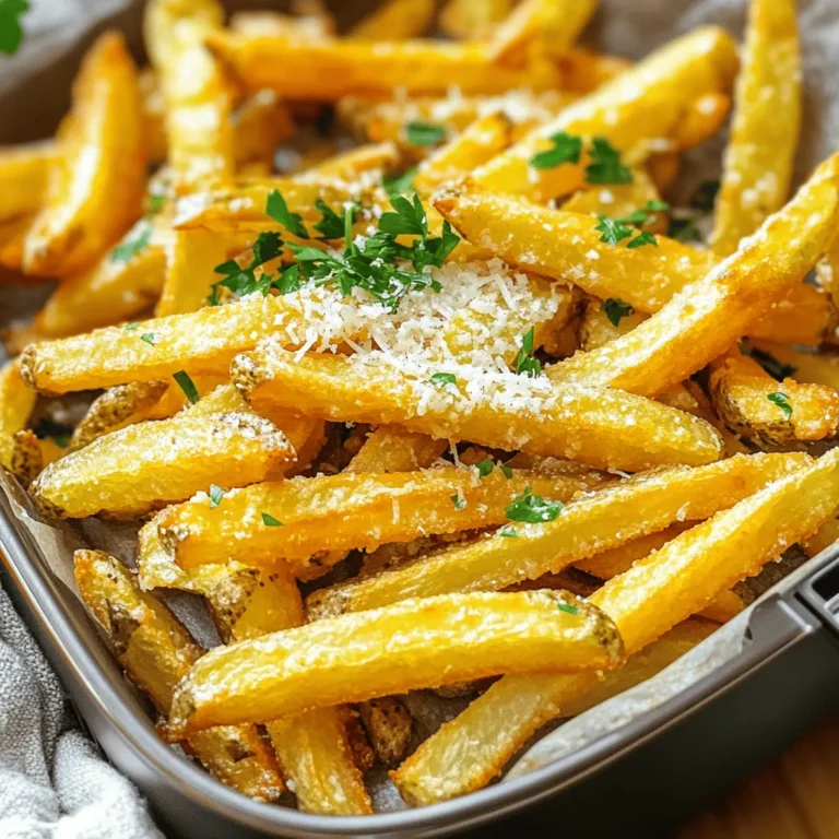 Here is what you need to make Air Fryer Garlic Parmesan Fries: - 4 large russet potatoes, cut into fries - 3 tablespoons olive oil - 4 cloves garlic, minced - 1 teaspoon salt - ½ teaspoon black pepper - ½ teaspoon paprika - ½ cup grated Parmesan cheese - 2 tablespoons fresh parsley, chopped (for garnish) These ingredients come together to create a tasty treat. The russet potatoes give a fluffy inside, while the olive oil makes them crisp. Garlic adds flavor, and Parmesan brings a rich, cheesy kick. The spices, like paprika and black pepper, enhance the taste. Fresh parsley not only looks nice but also adds a hint of freshness. You can find the full recipe [here](#). - Peel and cut potatoes into fries. - Soak in cold water for 30 minutes. Start by peeling the russet potatoes. If you like the skin, you can leave it on. Cut them into long, even strips. This step helps the fries cook at the same rate. Soaking them in cold water for 30 minutes is key. This gets rid of extra starch, making them crispier when cooked. - Combine olive oil, garlic, salt, pepper, and paprika. In a large bowl, mix olive oil, minced garlic, salt, black pepper, and paprika. Stir well until you form a smooth seasoning paste. This mixture adds a great flavor to your fries. You can taste it to see if you want to add more salt or spice. - Coat fries with seasoning. - Preheat air fryer to 380°F (190°C). - Air fry for 15-20 minutes, shaking halfway. Add the soaked and dried fries to the bowl with the seasoning. Toss them well until they are fully coated. While you coat the fries, preheat your air fryer to 380°F (190°C). Place the fries in the basket in a single layer. Air fry them for 15 to 20 minutes. Remember to shake the basket halfway through for even cooking. - Sprinkle Parmesan onto fries. - Cook for an additional 2-3 minutes. When the fries turn golden and crispy, open the air fryer. Sprinkle grated Parmesan cheese over the fries. Cook them for an additional 2 to 3 minutes. This melts the cheese and gives it a nice, crispy texture. For the full recipe, check out the details above. Enjoy your delicious Air Fryer Garlic Parmesan Fries! Soaking potatoes is key. It removes excess starch and helps fries crisp up. Start by cutting your russet potatoes into even fries. Then, soak them in cold water for about 30 minutes. This simple step makes a big difference. After soaking, drain the fries and pat them dry with a towel. Less moisture means more crunch! Frying in a single layer is vital for crisp fries. When fries are too crowded, they steam instead of fry. This leads to soggy fries. Make sure to spread the fries out in the air fryer basket. You can cook in batches if needed. This way, each fry gets its chance to become golden and crispy. Adjusting flavors is easy and fun. Start with the basic seasoning mix of garlic, salt, pepper, and paprika. Feel free to taste and add more salt or spices if desired. You can also experiment with other flavors. Try adding chili powder for heat or herbs for freshness. Personalize your fries to match your taste buds! For the full recipe, check out the cooking steps mentioned earlier. {{image_2}} While Parmesan cheese shines in this recipe, you can mix it up. Try using mozzarella for a gooey bite. Feta adds a nice tang, while cheddar brings a sharp flavor. You could even experiment with vegan cheese if you want a plant-based twist. Each cheese gives fries a unique taste. Don’t be afraid to spice things up! You can add chili powder for heat or smoked paprika for a deep flavor. Garlic powder works well too, boosting the garlic taste. For something fresh, sprinkle in some dried herbs like oregano or thyme. A pinch of cayenne can really wake up the dish. If you're craving variety, switch out the potatoes. Sweet potatoes offer a sweet flavor and vibrant color. They also bring extra nutrients. Other root veggies like carrots or parsnips can also work great. Just cut them into fry shapes and follow the same steps for seasoning and cooking. Each choice gives you a new taste experience. For the complete recipe, check out the [Full Recipe]. After making Air Fryer Garlic Parmesan Fries, let them cool down first. Place the fries in an airtight container. Store them in the fridge for up to three days. This keeps them fresh and tasty. If you want to keep them longer, consider freezing them. To reheat fries and keep them crispy, use your air fryer again. Preheat the air fryer to 350°F (175°C). Place the fries in the basket and heat them for about 5-7 minutes. This method helps restore their crunch. If you use a microwave, the fries may become soggy. You can freeze both uncooked and cooked fries. For uncooked fries, spread them out on a baking sheet. Freeze them for about 1 hour. Once frozen, transfer the fries to a freezer bag. This prevents them from sticking together. For cooked fries, let them cool completely. Then, follow the same steps as uncooked fries. When you're ready to eat, just air fry them straight from the freezer. To make Air Fryer Garlic Parmesan Fries, follow these steps: 1. Prep the Potatoes: Peel and cut four large russet potatoes into fries. Soak them in cold water for 30 minutes. This helps remove extra starch and makes them crispier. 2. Seasoning Mixture: In a bowl, mix three tablespoons of olive oil, four minced garlic cloves, one teaspoon of salt, half a teaspoon of black pepper, and half a teaspoon of paprika. Stir until combined. 3. Coat the Fries: Drain and pat dry the soaked fries. Toss them in the seasoning mix until well-coated. 4. Preheat Air Fryer: Set your air fryer to 380°F (190°C). 5. Air Fry the Fries: Place the fries in a single layer in the basket. Fry for 15 to 20 minutes, shaking halfway through. 6. Add Parmesan: Once golden, sprinkle half a cup of grated Parmesan cheese on top. Cook for 2 to 3 more minutes until the cheese melts. 7. Serve: Remove the fries and garnish with two tablespoons of chopped fresh parsley before serving. Yes, you can use frozen fries! Just make sure they are not coated in extra oil or seasoning. Follow the same cooking steps but adjust the cooking time. Frozen fries may need a few extra minutes to get crispy. These fries pair well with many dips and dishes. Try serving them with: - Ketchup - Ranch dressing - Garlic aioli - Barbecue sauce - Burgers - Grilled chicken - Salads To make these fries healthier, consider these tips: - Use less olive oil. You can cut the amount in half for fewer calories. - Choose sweet potatoes for added nutrients. - Bake the fries instead of air frying for even less oil. - Skip the cheese or use a lighter cheese option. - Add more herbs and spices instead of oil for flavor. For the full recipe, check the details above! To make Air Fryer Garlic Parmesan Fries, we used simple ingredients, like russet potatoes and spices. Soaking the potatoes helps them crisp up. A few tips, such as avoiding overcrowding, enhance taste and texture. You can switch up the cheese or spices to keep things interesting. In the end, these fries are easy, tasty, and fun to make. Try them tonight!