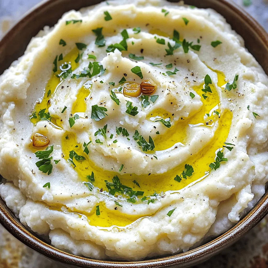 To make roasted garlic mashed cauliflower, gather these simple ingredients: - 1 medium head of cauliflower, cut into florets - 1 bulb of garlic - 2 tablespoons olive oil - 1/4 cup unsweetened almond milk (or any milk of choice) - 2 tablespoons unsalted butter (or vegan butter) - Salt and pepper, to taste - 1/4 teaspoon nutmeg (optional) - Fresh parsley, chopped (for garnish) These ingredients create a creamy and flavorful dish that’s easy to prepare. If you need to swap ingredients, here are some great options: - Use any milk, like coconut or soy, instead of almond milk. - For butter, try coconut oil for a dairy-free choice. - You can replace cauliflower with steamed potatoes for a different taste. - If you don’t have nutmeg, skip it or use a pinch of garlic powder for more flavor. These swaps keep the dish tasty and fun. Roasted garlic mashed cauliflower is not just delicious; it’s good for you too! - Cauliflower is low in calories and high in fiber. It helps with digestion and keeps you full. - Garlic boosts your immune system and adds flavor without extra calories. - Olive oil is a healthy fat. It helps your heart and can lower bad cholesterol. - Almond milk is low in calories and often fortified with vitamins. Enjoy the health benefits while savoring this creamy delight! For the full recipe, refer to the recipe section. To start, preheat your oven to 400°F (200°C). This step is key for getting the garlic sweet and soft. Take a bulb of garlic and cut off the top. This exposes the cloves, making them easy to roast. Drizzle 1 tablespoon of olive oil over the cut garlic. Then, wrap it in aluminum foil. Place it in the oven and roast for 30 to 35 minutes. The garlic will turn soft and caramelized. This adds a rich flavor to your mashed cauliflower. While the garlic roasts, you can cook the cauliflower. Fill a large pot with salted water and bring it to a boil. Once boiling, add the cauliflower florets. Cook them for about 10 to 12 minutes. You want them fork-tender, which means they should be soft enough to pierce easily. After cooking, drain the cauliflower and return it to the pot. Now it's time to blend everything together. Squeeze the roasted garlic cloves from their skins into the pot with the cauliflower. This will give your dish a nice, rich flavor. Add the remaining tablespoon of olive oil, the almond milk, butter, salt, pepper, and nutmeg if you like. Using an immersion blender or a potato masher, blend until smooth and creamy. If it seems too thick, add a bit more almond milk. Taste the mixture and adjust the seasoning as needed. This step makes sure the flavors are just right. You can find the complete method in the Full Recipe. To get that creamy feel, use fresh cauliflower. Cook it until it is fork-tender, about 10-12 minutes. After draining, return it to the pot. For smoothness, add almond milk slowly. You can adjust the milk as you blend. Use an immersion blender for the best results. A potato masher works too, but it may not be as creamy. The key to great flavor is roasted garlic. Roasting makes it sweet and soft. Don’t skip the nutmeg; it adds warmth. Salt and pepper are essential, so taste as you go. You can also try adding herbs like thyme or rosemary for extra depth. A splash of lemon juice can brighten the dish, too! Serve your mashed cauliflower in a deep bowl for a nice touch. Drizzle a little olive oil on top to shine. Sprinkle chopped parsley for color and freshness. You can even add a few roasted garlic cloves on top for flair. This makes the dish look as good as it tastes! For the full recipe, check out the details above. {{image_2}} To make this dish vegan, you can swap the butter for vegan butter. Use almond milk or any plant-based milk you prefer. This change keeps the dish creamy and rich without dairy. You won’t miss the creaminess at all! You can add different flavors to your mashed cauliflower. Try stirring in some fresh herbs like thyme or rosemary. For a spicy kick, add a pinch of red pepper flakes. You can also mix in some sautéed onions or mushrooms. These additions will give your dish a unique spin. If you want to change things up, try using other veggies. Broccoli is an excellent choice and adds a bright green color. You can also mix in cooked carrots for a sweet flavor. Sweet potatoes make a wonderful alternative, too. They add a lovely sweetness and vibrant color to your mash. Each vegetable brings a new taste and texture, so feel free to experiment! For the full recipe, check out the Roasted Garlic Mashed Cauliflower section. After enjoying your roasted garlic mashed cauliflower, let it cool. Use an airtight container to store leftovers in the fridge. This keeps the dish fresh for up to three days. If you want to enjoy it later, make sure to cover the container well to prevent it from drying out. To reheat, scoop the desired amount into a microwave-safe bowl. Cover it with a damp paper towel. Heat it in the microwave for 1-2 minutes, stirring halfway. If it seems dry, add a splash of almond milk for creaminess. You can also reheat it on the stove over low heat, stirring often. You can freeze roasted garlic mashed cauliflower for up to two months. First, let it cool completely. Then, place it in a freezer-safe container. Leave some space at the top, as it may expand. To thaw, move it to the fridge overnight. Reheat it as mentioned before. This way, you can enjoy this creamy delight anytime! For the full recipe, check out the details provided. Yes, you can make Roasted Garlic Mashed Cauliflower ahead of time. This dish tastes great when reheated. Prepare it, store it in the fridge, and reheat when ready to eat. Just warm it gently on the stove or in the microwave. Add a splash of milk if it feels too thick. If you want to swap out garlic, consider using garlic powder or garlic salt. These options give a nice flavor. For a milder taste, try shallots or leeks. Both can add sweetness without being too strong. You can also use roasted onion for a unique twist. To cut calories in Roasted Garlic Mashed Cauliflower, reduce the butter and olive oil. Use less or skip the butter altogether. You can also substitute almond milk with a lower-calorie option, like vegetable broth. This keeps the taste while lowering the calorie count. For a creamy texture, try adding more cauliflower instead of extra fats. For the full recipe, check out the details above. In this article, I covered the key ingredients for roasted garlic mashed cauliflower. We explored easy swaps and the healthy perks of each ingredient. I shared step-by-step cooking instructions and tips for perfecting the dish. We also looked at delicious variations and how to store leftovers. This dish is versatile and fun to make. Remember, you can adjust it to fit your tastes. Enjoy creating your own version!