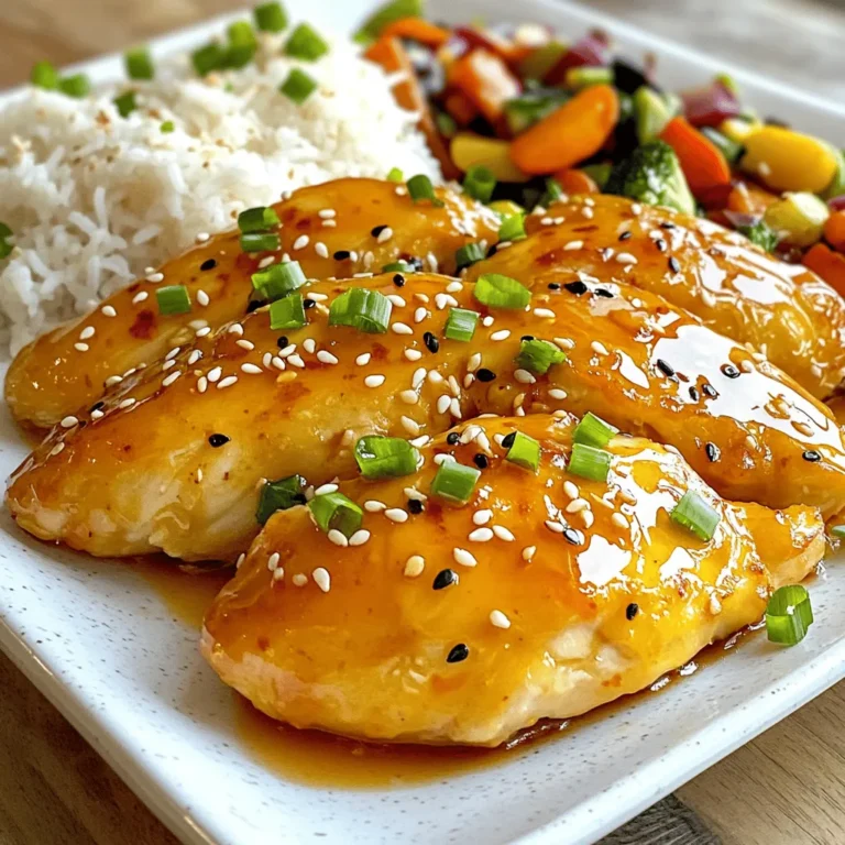 To make delicious orange glazed chicken, you'll need the following ingredients: - 4 boneless, skinless chicken breasts - 1 cup fresh orange juice - 1 tablespoon orange zest - 1/4 cup honey - 3 tablespoons soy sauce - 2 tablespoons olive oil - 3 cloves garlic, minced - 1 teaspoon ginger, grated - Salt and pepper to taste - 1 tablespoon cornstarch (optional) - Garnish: Chopped green onions and sesame seeds Gather these items before you start cooking. Fresh orange juice gives the best flavor, so squeeze those oranges yourself if you can. The honey adds a nice sweetness that balances the tang from the orange. You can adjust the salt and pepper to your liking. If you want a thicker sauce, have some cornstarch on hand. It helps to create that nice, sticky glaze we all love. When you have all the ingredients ready, you're set for a great cooking experience. It feels good to use fresh ingredients, and it makes the dish taste even better. Don't forget to check out the Full Recipe for detailed steps on making this mouthwatering dish! Start by whisking together some key ingredients. In a medium bowl, combine: - 1 cup fresh orange juice - 1 tablespoon orange zest - 1/4 cup honey - 3 tablespoons soy sauce - 3 cloves garlic, minced - 1 teaspoon ginger, grated Whisk these together until they blend well. This glaze will give the chicken a bright, sweet flavor. Next, season the chicken breasts with salt and pepper. Heat 2 tablespoons of olive oil in a large skillet over medium-high heat. Once the oil is hot, add the chicken breasts. Sear them for about 5-6 minutes on each side. You want them golden brown and cooked through. The internal temperature should reach 165°F for safety. Now comes the fun part! Reduce the heat to medium and pour the orange glaze over the chicken in the skillet. Allow it to simmer for about 5 minutes. Turn the chicken occasionally. This helps coat it evenly in the glaze. If you want a thicker glaze, make a cornstarch slurry. Mix 1 tablespoon of cornstarch with a tablespoon of water. Add it to the skillet, stirring until the glaze thickens, which takes about 1-2 minutes. Remember, this orange glazed chicken is not just easy; it’s a showstopper! For a complete guide, check out the Full Recipe. To make sure your chicken is juicy, cook it to 165°F. Use a meat thermometer to check the temperature. Insert it into the thickest part of the chicken. This step ensures it is safe to eat. If you don’t have a thermometer, cut the chicken open. The juices should run clear, not pink. To boost the flavor of your orange glazed chicken, try adding spices. A pinch of paprika adds warmth. You might also like to use garlic powder for extra depth. Fresh herbs like rosemary or thyme can enhance the dish. They add a nice, earthy note. Experiment with these spices for a unique twist on the recipe. For a lovely presentation, slice the chicken diagonally before serving. Arrange it on a large platter. Drizzle the remaining glaze over the top. Garnish with chopped green onions and sesame seeds. This adds color and a nice crunch. Serve with steamed rice and sautéed veggies for a complete meal. {{image_2}} You can swap chicken for different proteins. Tofu is a great choice for a vegetarian dish. It absorbs the orange glaze well. Shrimp brings a lovely texture and flavor. Cook shrimp just until it's pink. Both options are tasty and fun to try. Add other citrus fruits for a unique twist. Lime brings a tangy kick. Grapefruit adds a sweet bitterness. You can mix these fruits into the glaze. This makes the dish more complex and exciting. Feel free to experiment with your favorite citrus. You can adapt this recipe to fit your diet. For a gluten-free option, use tamari instead of soy sauce. It gives the same flavor without gluten. To make it low-carb, skip the honey or use a low-carb sweetener. This keeps the dish tasty while fitting your lifestyle needs. To keep your orange glazed chicken fresh, store leftovers in an airtight container. Place the chicken in the fridge within two hours of cooking. Make sure it cools down first. This way, it stays safe to eat. The chicken will stay good for about three to four days in the fridge. To freeze orange glazed chicken, let it cool completely. Wrap it tightly in plastic wrap or foil. Then, place it in a freezer-safe bag or container. This helps keep out air and moisture. When you are ready to eat, thaw it in the fridge overnight. Reheat it in a skillet over low heat or in the microwave until hot. In the fridge, the orange glazed chicken lasts three to four days. If you freeze it, it can last up to three months. However, for the best taste, eat it within one month. Always check for any signs of spoilage before eating. Using bottled orange juice can change the taste. Fresh juice tastes bright and tangy. Bottled juice often has added sugar and preservatives. This can make the dish too sweet. For the best flavor, always choose fresh juice. I recommend serving this chicken with: - Steamed rice - Sautéed vegetables - A fresh green salad These sides balance the sweet glaze and add texture. They also round out the meal nicely. If you want less sweetness, reduce the honey. You can also try using less orange juice. For more sweetness, add a bit more honey or use maple syrup. Just remember to taste as you go. This way, you can find the perfect balance for your dish. For the complete recipe, check out the [Full Recipe]. This will guide you through each step of making orange glazed chicken. Enjoy cooking! This article showed you how to make a delicious orange-glazed chicken. We covered the key ingredients, step-by-step cooking methods, and helpful tips. You learned ways to enhance flavors and adapt the dish to different diets. Whether using different proteins or adding spices, there's room for creativity. Storing your leftovers properly can also help maintain taste. Remember, the goal is to enjoy your meal. Try this recipe and customize it as you like. Happy cooking!