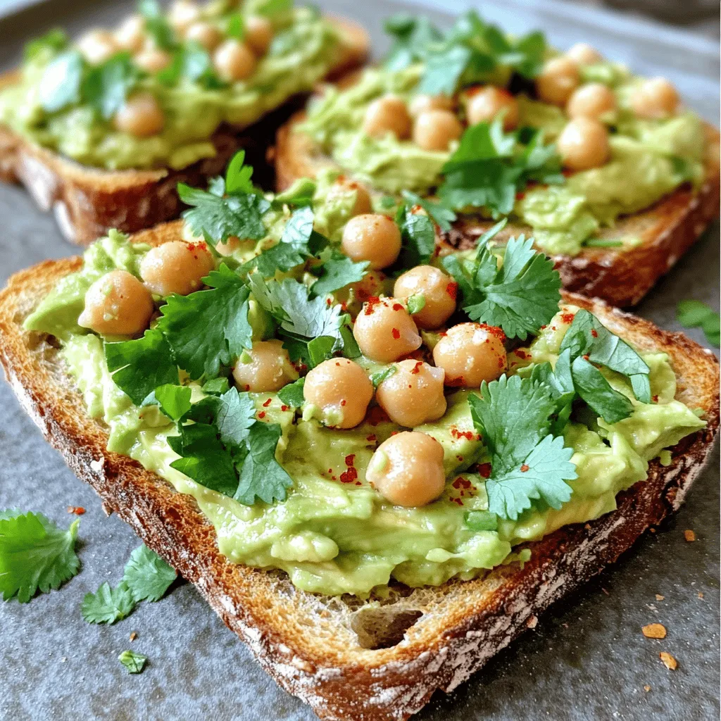 - 1 ripe avocado - 1 cup canned chickpeas, drained and rinsed - 1 tablespoon tahini - 1 teaspoon cumin - 1 teaspoon garlic powder - 1-2 tablespoons lime juice - 1-2 teaspoons sriracha or preferred hot sauce - Salt and pepper to taste - 4 slices whole grain bread - Fresh cilantro or parsley for garnish - Red pepper flakes (optional) Gather these ingredients for a tasty meal. Each one adds a unique flavor and texture. The ripe avocado brings creaminess, while chickpeas add protein. Tahini gives a nutty taste. Cumin and garlic powder enhance the mix with warmth and depth. Lime juice brightens the dish, and sriracha adds a spicy kick. Make sure to have whole grain bread for a hearty base. Fresh herbs like cilantro or parsley add a fresh note. Red pepper flakes can spice things up even more. With this list, you are ready to create your Spicy Avocado Chickpea Toast. For the full recipe, follow along to see how these ingredients come together. Making spicy avocado chickpea toast is easy and fun. Start by gathering all your ingredients. You need ripe avocado, chickpeas, tahini, and spices. The process takes about 20 minutes. This recipe serves four, perfect for sharing! First, take a ripe avocado and cut it open. Use a spoon to scoop out the green flesh into a bowl. With a fork, mash the avocado until it’s mostly smooth. It’s okay to leave some chunky bits for texture. Next, add one cup of drained and rinsed chickpeas to the bowl. With the same fork, lightly mash the chickpeas. Mix them well with the avocado. Now, let’s toast the bread. I like to use whole grain bread for its flavor and crunch. Place four slices in a toaster or on a skillet. Toast them until they are golden and crispy. This step adds a nice crunch to your dish. Once the bread is toasted, it’s time to build your toast. Spread a generous amount of the avocado and chickpea mixture on each slice. Make sure to cover the whole surface. For extra flair, garnish with fresh cilantro or parsley. If you love heat, sprinkle on some red pepper flakes. Enjoy your spicy avocado chickpea toast right away while it's warm and delicious! For the full recipe, check out the details above. To make this toast shine, use ripe avocados. They should feel soft when you press them gently. Combine the avocado with chickpeas for a creamy texture. The tahini adds a nutty flavor, while cumin and garlic powder give warmth. Lime juice brightens the dish, and sriracha packs a punch. Taste as you mix to find your perfect balance. This recipe is naturally vegan, but you can adapt it for different diets. If you want a nut-free option, skip the tahini. You can replace it with sunflower seed butter. For gluten-free folks, use gluten-free bread. If you have nut allergies, avoid any nut-based options. These tweaks keep the dish inclusive and tasty. Presentation matters! Toast the bread until golden brown and crispy. Spread the spicy mixture generously on each slice. For a pop of color, garnish with fresh cilantro or parsley. A sprinkle of red pepper flakes adds extra heat and visual appeal. Serve on a wooden board for a rustic touch. Enjoy this dish fresh from the kitchen. Check out the Full Recipe for more ideas! {{image_2}} If you want to make this dish vegan-friendly, you can easily swap out a few ingredients. Instead of tahini, try using sunflower seed butter or any nut butter. They add creaminess and flavor. If you want a nut-free option, a simple blend of avocado and lemon juice works well too. For the hot sauce, pick a vegan brand or make your own with fresh chilies. This way, you can avoid any animal products and still enjoy a tasty meal. You can customize the spice level based on your local flavors. If you enjoy Indian cuisine, add curry powder or garam masala. For a Middle Eastern twist, try adding za'atar or smoked paprika. If you love heat, increase the sriracha or add chopped jalapeños. Each adjustment adds a unique taste to your spicy avocado chickpea toast, making it fun to experiment with flavors from around the world. While whole grain bread works great, feel free to explore other types. Sourdough gives a tangy flavor and hearty texture. Rye bread adds a nice depth. For a gluten-free option, use gluten-free bread or a slice of sweet potato, toasted until soft and warm. Each type of bread changes the taste and feel of the dish, so choose what you love best. For the complete recipe and more tips, check out the Full Recipe. Store any leftover spicy avocado chickpea mixture in an airtight container. This keeps it fresh and tasty. Place the container in the fridge. It is best eaten within two days. The longer it sits, the more the avocado may brown. To slow browning, add a little lime juice before storing. To reheat the toast, place it in a toaster or toaster oven. This method keeps the bread crispy. Avoid using a microwave, as it can make the bread soggy. Just toast it until warm and crisp again. Then, spread the leftover chickpea mixture on top. You can prepare the spicy avocado chickpea mixture ahead of time. Store it in the fridge for up to two days. When ready to eat, toast your bread fresh. Spread the mixture on the hot toast. This keeps your meal quick and easy, perfect for busy days. Don't forget to garnish with fresh herbs for a pop of color! For the full recipe, check out the ingredients and instructions I provided above. Enjoy your cooking! You can use peanut butter or sunflower seed butter instead of tahini. Both options give a creamy texture. They also add a unique flavor. If you want a lighter taste, try Greek yogurt. This keeps the dish rich and tasty. To add more heat, use more sriracha or your favorite hot sauce. You can also mix in fresh chopped jalapeños for a fresh kick. Another option is to sprinkle chili powder or cayenne pepper into the mix. Adjust it gradually to fit your taste. Yes, you can use fresh chickpeas. Just soak them overnight and cook until soft. This process takes longer than using canned chickpeas. Fresh chickpeas may add a firmer texture, which can be nice. This toast is packed with nutrients. Avocados provide healthy fats and fiber. Chickpeas add protein and more fiber. This dish is also low in sugar and high in vitamins. The whole grain bread offers complex carbs for energy. Overall, it supports a balanced diet. For the full recipe, refer to the instructions above. In this blog post, we explored making tasty spicy avocado chickpea toast. We covered key ingredients, step-by-step prep, and helpful tips. Remember, you can swap ingredients to fit your diet. You can add toppings like cilantro or red pepper for extra flavor. This dish is easy to make and great for any meal. So, get your ingredients ready and enjoy a healthy bite!