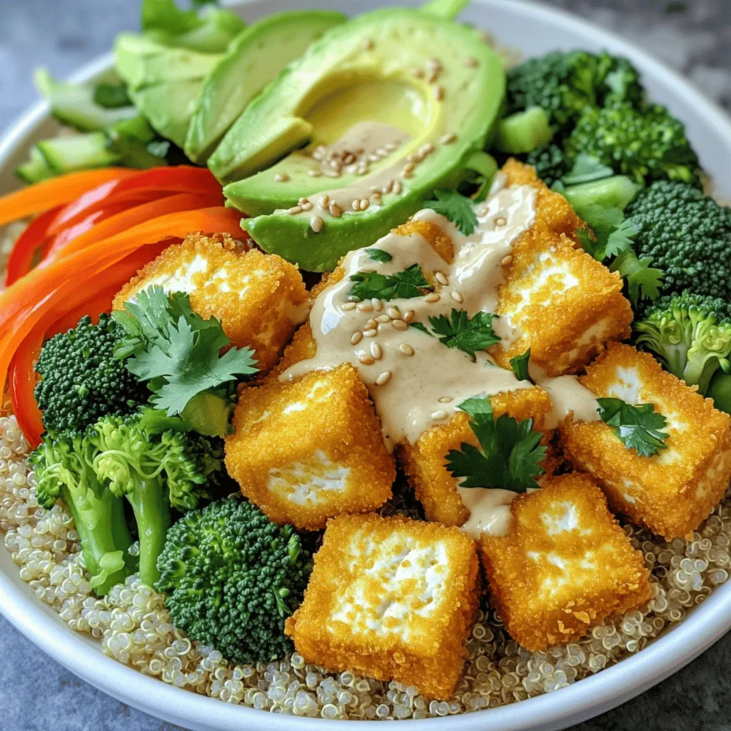- Firm tofu (1 block) - Quinoa (1 cup, cooked) - Mixed vegetables (broccoli, carrot, red bell pepper, avocado) - Soy sauce (2 tablespoons) - Sesame oil (1 tablespoon) - Tahini (2 tablespoons) - Lemon juice (2 tablespoons) - Fresh cilantro - Toasted sesame seeds - Salt and pepper to taste When I make a crispy tofu Buddha bowl, I focus on fresh, quality ingredients. Firm tofu is a must for this dish. You want it to hold its shape while baking. Cooking quinoa adds a nutty flavor and serves as a great base. I love using a mix of vegetables like broccoli, carrots, bell peppers, and avocado. Each adds texture and color. For seasonings, I use soy sauce and sesame oil to marinate the tofu. These ingredients give it a rich taste. Tahini and lemon juice make a simple, creamy sauce that ties everything together. You can adjust the flavors to your liking. Garnishes add the final touch. Fresh cilantro brightens the dish, while toasted sesame seeds add crunch. A sprinkle of salt and pepper helps enhance all the flavors. This Buddha bowl is not just simple; it's a colorful, tasty meal that you'll love. For the complete details, check the Full Recipe. - Preheat your oven to 425°F (220°C). - Take your firm tofu and cube it into bite-sized pieces. - In a bowl, toss the tofu with soy sauce and sesame oil. Make sure each piece is coated well. - Sprinkle cornstarch over the tofu cubes and toss again until all pieces are covered. This will make them crispy! - Spread the coated tofu on a baking sheet lined with parchment paper. It helps with cleanup. - Bake the tofu for 25 to 30 minutes. Flip the tofu halfway through for even crispness. You want it golden brown and crunchy! - While the tofu bakes, steam your broccoli florets until bright green and tender, about 4 to 5 minutes. - In a small bowl, whisk together tahini, lemon juice, salt, and pepper. Add a little water if it's too thick. - In your serving bowls, start with a base of cooked quinoa. - Top it with steamed broccoli, carrot ribbons, red bell pepper slices, crispy tofu, and avocado slices. - Drizzle the tahini dressing over the top. Finish with fresh cilantro and toasted sesame seeds for extra flavor. For the full recipe, check out the details above. Enjoy your colorful and tasty Buddha bowl! To make crispy tofu, start by pressing it. This step removes excess water. Less water means better crispiness when baked. Use a clean kitchen towel or paper towel to press the tofu. Place a heavy object on top for about 15 minutes. Next, cornstarch plays a key role in achieving that crispy texture. After you coat the tofu with soy sauce, sprinkle on cornstarch. Toss it gently until each piece is covered. This creates a crunchy layer when baked. For a beautiful Buddha bowl, arrange your ingredients in sections. Use different colors for a vibrant look. Place quinoa at the bottom, then add broccoli, carrots, red bell pepper, crispy tofu, and avocado. To enhance flavors, try adding spices like smoked paprika or chili flakes. A squeeze of fresh lemon juice can also brighten the dish. If you run out of an ingredient, don't worry! You can swap tofu for tempeh or chickpeas. Both options offer protein and flavor. For a gluten-free version, use tamari instead of soy sauce. If you want to skip tahini, try almond or peanut butter mixed with lemon juice. Adjust the recipe for your needs, and enjoy your meal! For the full recipe, check out the Crispy Tofu Buddha Bowl. {{image_2}} You can easily change the grains in your Buddha bowl. Try using brown rice or farro instead of quinoa. Both options add a nice texture and flavor. For vegetables, mix it up! Spinach, kale, or edamame work great. Each adds its own taste and nutrients. Feel free to experiment with what you have on hand. The sauce can also change your dish. A spicy tahini dressing can add a kick. If you prefer something different, try soy-ginger or peanut sauce. Each sauce brings its own unique flavor to the bowl. You can even mix sauces for a fun twist. If you're not a fan of tofu, use tempeh or chickpeas instead. Tempeh has a nutty flavor, while chickpeas add protein and texture. You can cook tempeh by steaming, sautéing, or baking. Chickpeas can be roasted for a crunchy bite. Each option gives you a chance to enjoy this dish in a new way. For the full recipe, check out the Crispy Tofu Buddha Bowl. Store any leftover Buddha bowl in an airtight container. This helps keep it fresh and full of flavor. The bowl lasts for about 3 to 4 days in the fridge. If you want to keep it even longer, consider freezing parts of it. To reheat crispy tofu, use an oven or an air fryer. This method ensures the tofu stays crunchy. Avoid using the microwave, as it can make the tofu soggy. When reheating, add the vegetables just before serving. This keeps them fresh and bright. Yes, you can freeze the Buddha bowl. However, I suggest freezing the tofu and quinoa separately. Tofu can become mushy when frozen, so make sure to press it well beforehand. Quinoa freezes well, so store it in small portions. When ready to eat, thaw and reheat as needed. To make crispy tofu, follow these key steps: - Press the tofu. Remove moisture by pressing it for about 30 minutes. - Cut the tofu. Cube it into bite-sized pieces for even cooking. - Use cornstarch. Toss the tofu in cornstarch for crunch. - Bake at high heat. Bake at 425°F (220°C) for 25-30 minutes. These steps help create a crunchy outer layer with a soft center. The cornstarch absorbs moisture and enhances crispiness. If you don’t have tahini, try these alternatives: - Peanut butter. It adds a rich, nutty flavor. - Sunflower seed butter. This option is nut-free and similar in texture. - Greek yogurt. This makes a creamy dressing, but it’s not vegan. - Hummus. It provides creaminess and flavor, working well in dressings. These options keep the flavor punch while offering different textures. Yes, this Buddha bowl is healthy! Here’s why: - Tofu: A great source of protein and calcium. - Quinoa: Packed with protein and fiber, it’s a complete grain. - Veggies: Broccoli, carrots, and peppers offer vitamins and minerals. - Healthy fats: Avocado adds good fats for heart health. Together, these ingredients make a balanced meal full of nutrients. Yes, you can prep this bowl in advance! Here are tips: - Cook the quinoa. It stores well in the fridge for 4-5 days. - Prepare tofu in advance. Bake it and store it in an airtight container. - Chop veggies. Pre-cut vegetables and store them in the fridge. - Make dressing ahead. Keep the tahini dressing in a jar for easy access. By prepping these components, you save time during the week. Enhance your Buddha bowl with these toppings: - Nuts or seeds. Almonds or pumpkin seeds add crunch. - Fresh herbs. Cilantro or parsley boost flavor and freshness. - Feta cheese. Crumbled feta adds a salty, creamy touch. - Sliced green onions. They give a mild onion flavor and color. These toppings can elevate the taste and nutrition of your meal. For the complete recipe, check the Full Recipe. This Buddha Bowl recipe combines healthy ingredients and easy steps. Firm tofu, quinoa, and mixed vegetables offer nutrition and flavor. The tips ensure your tofu turns crispy and the bowl looks great. You can vary ingredients and dressings to suit your taste. Lastly, storing and reheating leftovers helps you enjoy this meal later. Embrace this recipe as a fun way to explore healthy eating. It’s simple, flavorful, and versatile for any diet. Enjoy making this bowl your own!