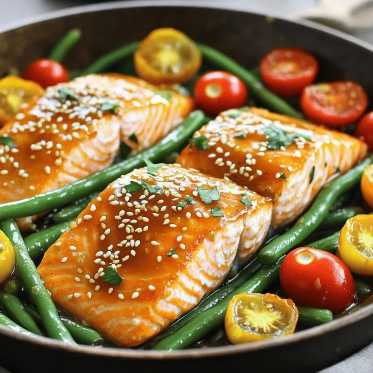 To make One Pan Honey Garlic Salmon, you need a few simple items. Here’s a list: - 2 salmon fillets (6 oz each) - 1/4 cup honey - 3 tablespoons soy sauce (low sodium) - 2 cloves garlic, minced - 1 tablespoon fresh ginger, grated - 1 tablespoon olive oil - Salt and pepper to taste - 1 cup green beans, trimmed - 1 cup cherry tomatoes, halved - 1 tablespoon sesame seeds (for garnish) - Fresh parsley, chopped (for garnish) These ingredients blend well. The honey adds sweetness. The soy sauce brings salt and umami. Garlic and ginger give a punch of flavor. Together, they make the salmon shine. The green beans and tomatoes add color and nutrition. Use fresh ingredients when possible. They make a big difference in taste. If you want more crunch, try adding bell peppers. For a twist, consider using maple syrup instead of honey. Each bite should make you smile. Check out the Full Recipe for more details on how to bring these flavors together. To start, preheat your oven to 400°F (200°C). This helps cook the salmon evenly. Next, prepare the honey garlic sauce. In a small bowl, mix together 1/4 cup honey, 3 tablespoons soy sauce, 2 cloves minced garlic, and 1 tablespoon grated ginger. Whisk until smooth. This sauce will be the star of your dish. Now, let's cook the salmon. Heat 1 tablespoon olive oil in a large oven-safe skillet over medium-high heat. While the oil heats, season 2 salmon fillets with salt and pepper. Once the oil is hot, carefully place the fillets skin-side down in the skillet. Sear them for about 2-3 minutes until the skin is crispy. This step adds great texture. After searing, pour the honey garlic mixture over the salmon fillets. Let it soak in for flavor. Next, it’s time to add some color. Include 1 cup of trimmed green beans and 1 cup of halved cherry tomatoes around the salmon in the skillet. Make sure the veggies get some honey garlic sauce too. Transfer the skillet to the preheated oven. Bake for 12-15 minutes. Check the salmon for doneness; it should flake easily with a fork. When it’s ready, sprinkle sesame seeds and chopped parsley on top. This adds a nice touch for presentation. This One Pan Honey Garlic Salmon is quick and easy. Enjoy your meal with the full recipe for perfect results! To make the best honey garlic salmon, balance is key. Pair savory soy sauce with sweet honey. Use fresh garlic for a sharp taste. If you find the dish too sweet, add a pinch of salt. If it lacks sweetness, drizzle in more honey. Taste as you go. This way, you can adjust to your liking. Cook salmon perfectly by following a few simple steps. First, always start with a hot pan. Sear the salmon skin-side down for 2-3 minutes. This helps get that nice, crispy skin. Use a spatula to gently check if it releases easily from the pan. If it sticks, give it more time. Once flipped, pour the honey garlic sauce over it. Bake until the salmon flakes easily with a fork, around 12-15 minutes. Make your dish look as good as it tastes. Arrange the salmon in the center of the plate. Place the green beans and cherry tomatoes around it. Drizzle any leftover sauce over the top. Finish with a sprinkle of sesame seeds and chopped parsley. This adds color and a pop of flavor. Your meal will look inviting and delicious. For more tips, check out the Full Recipe. {{image_2}} You can easily switch up the ingredients in this recipe. If you want, try using chicken or shrimp instead of salmon. Both options cook well with the honey garlic sauce. For vegetables, feel free to swap green beans and cherry tomatoes with bell peppers or zucchini. These veggies add color and flavor. You can also change the sauce. Instead of honey, use maple syrup for a different taste. Coconut aminos works great too if you want a soy sauce alternative. If you prefer to pan-sear only, skip the oven. Cook the salmon in a hot skillet for about 5-6 minutes on each side. Make sure the skin gets crispy! You can create other one-pan meals with honey garlic flavors. Try honey garlic chicken thighs or tofu. These dishes use the same sauce and cooking method, making meal prep easy and fun. To store your leftover One Pan Honey Garlic Salmon, let it cool first. Place it in an airtight container. This keeps the salmon fresh for up to three days. Be sure to separate the salmon from the veggies for better storage. You can keep them together, but they may lose texture when reheated. When it's time to enjoy your leftovers, the best way to reheat salmon is in the oven. Preheat your oven to 350°F (175°C). Place the salmon in an oven-safe dish and cover it with foil. This keeps the fish moist. Heat for about 10-15 minutes or until warmed through. For a quick option, you can use a microwave. Place the salmon on a microwave-safe plate, cover it with a damp paper towel, and heat in short bursts of 30 seconds. Keep an eye on it to avoid overcooking. To maintain the texture and flavor, avoid reheating too much. Salmon can dry out if heated too long. Always check for warmth in the center before serving. What sides pair best with honey garlic salmon? You can serve honey garlic salmon with many sides. Some great options include: - Steamed rice or quinoa for a filling base. - Roasted or steamed vegetables, like broccoli or asparagus. - A fresh green salad with a light dressing. These sides will balance the sweet and savory flavors of the salmon. Can I use frozen salmon for this recipe? Yes, you can use frozen salmon. Just make sure to thaw it fully before cooking. You can leave it in the fridge overnight or use the cold water method. Place the sealed salmon in a bowl of cold water for about an hour. This will help cook it evenly and keep it moist. How do I know when the salmon is fully cooked? Salmon is fully cooked when it flakes easily with a fork. The flesh should look opaque and be a light pink color. You can also use a food thermometer. The internal temperature should reach 145°F (63°C). This ensures it is safe to eat and still juicy. For more details, check the Full Recipe. This blog post covered a simple, tasty dish: One Pan Honey Garlic Salmon. We looked at key ingredients, step-by-step cooking, and tips for flavor and presentation. You can also swap ingredients and try different cooking methods. I hope you feel ready to make this dish yourself. Enjoy the balance of sweet and savory flavors you create. With practice, you'll impress everyone at the table with your cooking skills!