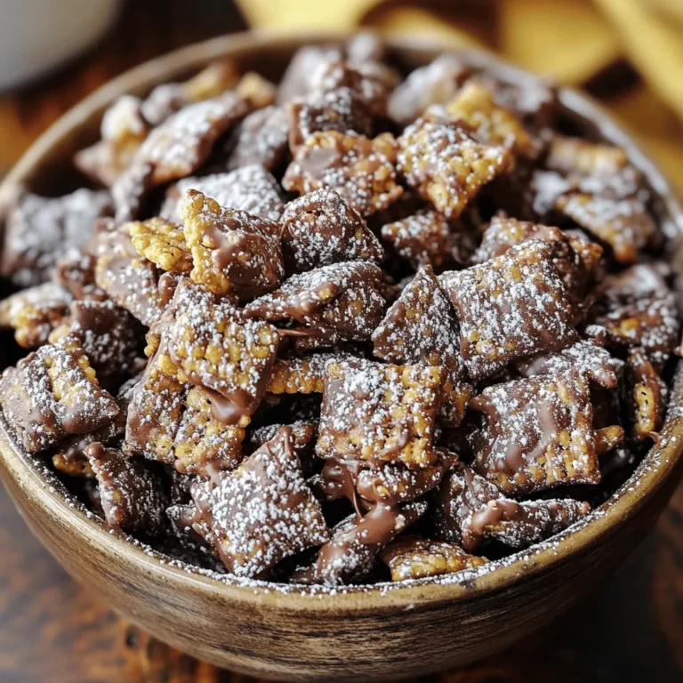 - 6 cups Rice Chex cereal - 1 cup semi-sweet chocolate chips - 1/2 cup creamy peanut butter - 1/4 cup unsalted butter - 1 teaspoon vanilla extract - 1 1/2 cups powdered sugar - A pinch of salt To make Chocolate Peanut Butter Puppy Chow, gather the following amounts: - Rice Chex cereal: 6 cups - Semi-sweet chocolate chips: 1 cup - Creamy peanut butter: 1/2 cup - Unsalted butter: 1/4 cup - Vanilla extract: 1 teaspoon - Powdered sugar: 1 1/2 cups - Pinch of salt: just a little, around 1/8 teaspoon You will need these tools: - A large mixing bowl - A medium saucepan - A whisk or spatula - A large resealable plastic bag or another bowl for shaking with sugar - Wax paper or a baking sheet to cool the mix These ingredients and tools make the process easy. This recipe is simple, quick, and fun. You can enjoy a sweet treat in no time! If you want to see the full recipe, check it out in the main article. Start by preparing your workspace. Clear a large counter space and make sure it's clean. Gather all your ingredients and equipment. You will need a large mixing bowl, a medium saucepan, and a resealable plastic bag. Having everything ready helps you work faster. Now, let’s melt the mixture. In the medium saucepan, combine the semi-sweet chocolate chips, creamy peanut butter, and unsalted butter. Use low heat and stir continuously. This helps avoid burning. Once the mixture melts, it should be smooth and glossy. Remove it from heat. Add the vanilla extract and a pinch of salt for extra flavor. Next, it's time to coat the cereal. In your large mixing bowl, add the Rice Chex cereal. Pour the melted chocolate-peanut butter mixture over the cereal. Gently fold the cereal until every piece is covered. Be careful not to break the cereal. To finish, you need to cool and serve your treat. Place the coated cereal into a large resealable plastic bag or a bowl. Add the powdered sugar. If using a bag, seal it and shake gently. This helps to coat the cereal evenly with sugar. Spread the puppy chow onto a sheet of wax paper or a baking sheet. Let it cool and dry for about 30 minutes. Once it's cool, transfer the puppy chow to a serving bowl. It keeps well in an airtight container for up to a week. Enjoy your delicious Chocolate Peanut Butter Puppy Chow! To make the best Chocolate Peanut Butter Puppy Chow, start by melting the chocolate. Use low heat to prevent burning. Stir constantly to keep the mixture smooth. A double boiler works great for this. If you don’t have one, a bowl over simmering water will do. When coating the cereal, pour the melted mix over the Rice Chex slowly. This helps ensure every piece gets covered. Use a spatula to gently fold the cereal. Be careful not to crush it. One common mistake is overheating the chocolate. This can make it clumpy. If you notice clumps, add a little more peanut butter to help. Another mistake is not mixing enough. If the cereal isn’t coated well, it may taste dry. Make sure each piece has a good layer of the chocolate-peanut butter mix. To add extra flavors, consider a sprinkle of cinnamon or a dash of espresso powder. These can enhance the chocolate taste. You can also add a pinch of sea salt for a sweet-salty balance. If you find the puppy chow too sweet, reduce the powdered sugar a bit. You can also use dark chocolate for a richer taste. Experiment to find your perfect mix! {{image_2}} You can easily switch up the flavors in your Chocolate Peanut Butter Puppy Chow. Try adding caramel for a sweet twist. Just melt some caramel in the saucepan with your chocolate and peanut butter. This adds a rich, buttery taste. White chocolate is another option. Melt it alongside semi-sweet chocolate for a creamy blend. You can also use different cereals. While Rice Chex is classic, you can try Corn Chex or even puffed rice. Each cereal gives a unique crunch and taste. Experiment and find your favorite mix! If you want a gluten-free version, use gluten-free Rice Chex. Many brands offer gluten-free options, so check your local store. You can also swap the cereal for gluten-free rice puffs. This keeps the recipe safe for those with gluten allergies. For a nut-free variation, choose sunbutter instead of peanut butter. Sunbutter has a similar taste and texture. You could also use soy nut butter. These options let everyone enjoy this tasty treat! Get creative with seasonal themes! For Halloween, add orange and black sprinkles to your Puppy Chow. You can even mix in candy corn for extra fun. At Christmas, use red and green sprinkles for a festive touch. For summer, mix in freeze-dried strawberries or crushed graham crackers for a s'mores vibe. Each holiday offers a chance to make this snack special. Let your imagination run wild and enjoy! To keep your Chocolate Peanut Butter Puppy Chow fresh, use airtight containers. Glass jars work well. Plastic containers are also good. Avoid letting air in to keep the texture right. If you store it in a bag, make sure to remove as much air as you can. This helps prevent sogginess. Keep it in a cool, dry place away from sunlight. Chocolate Peanut Butter Puppy Chow lasts about one week. If stored well, it can stay fresh for the entire week. After that, it may lose its crunch. You can check for any signs of moisture or changes in smell. If it seems off, it’s best to toss it. Yes, you can freeze Puppy Chow! To do this right, first, let it cool completely. Then, place it in a freezer-safe bag. Squeeze out as much air as possible. This will help keep it fresh. When you want to eat it, take it out and let it thaw at room temperature. It should stay good for up to three months in the freezer. To make this Chocolate Peanut Butter Puppy Chow nut-free, swap peanut butter with sunbutter. Sunbutter comes from sunflower seeds and has a similar creamy texture. You can also use soy nut butter, which works well too. Both alternatives give a nice taste without nuts. Yes, you can! Dark chocolate adds a richer flavor. It has less sugar, making it less sweet. However, it can also taste more bitter, so consider your taste preference. If you want a sweeter mix, combine dark chocolate with a bit of semi-sweet chocolate for balance. To reduce the sweetness, cut back on powdered sugar. Start with one cup instead of one and a half. You can also add a dash of cocoa powder to balance the sweetness. Mixing in a bit of unsweetened coconut can help, too. Adjust until you find your perfect taste. This blog post gave you all the details to make delicious Puppy Chow. You learned about key ingredients, precise measurements, and step-by-step instructions. I also shared tips for a perfect batch and various flavors you can try. Remember to store your treat properly to keep it fresh. Puppy Chow is fun to make and share. Whether for a party or a snack, you now have all the tools to enjoy it. Happy cooking!