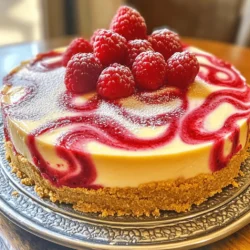 To create a delicious Raspberry Swirl Cheesecake, gather these key ingredients: - 1 ½ cups graham cracker crumbs - ½ cup unsalted butter, melted - 2 tablespoons sugar - 3 (8 oz) packages cream cheese, softened - 1 cup granulated sugar - 1 teaspoon vanilla extract - 3 large eggs - 1 cup sour cream - 1 cup fresh raspberries - ¼ cup raspberry puree (fresh or store-bought) - 2 tablespoons cornstarch Each ingredient plays a special role in building flavor and texture. The graham cracker crumbs and butter form a buttery crust. Cream cheese gives the cake its smooth texture. Eggs help it set firm but creamy. Raspberries add a sweet and tangy swirl that brightens every bite. For the best results, ensure your cream cheese is soft. This helps create a smooth filling. If you want to reduce sugar, feel free to adjust the amounts, but keep the balance in mind. Each ingredient works together, so swapping too much can change the taste. Check out the Full Recipe for step-by-step instructions and tips to make this dessert shine. First, preheat your oven to 325°F (160°C). Next, gather your crust ingredients. In a mixing bowl, combine 1 ½ cups of graham cracker crumbs, ½ cup of melted unsalted butter, and 2 tablespoons of sugar. Mix until everything blends well. Now, press this mixture firmly into the bottom of a 9-inch springform pan. Bake the crust for 10 minutes. Let it cool while you prepare the filling. For the cheesecake filling, start with 3 packages of softened cream cheese. Place it in a large bowl. Beat the cream cheese with a mixer until it is smooth. Gradually add 1 cup of granulated sugar, mixing until creamy. Add 1 teaspoon of vanilla extract and mix until combined. Now, add the eggs, one at a time, mixing well after each one. Be careful not to overmix the batter. Next, mix in 1 cup of sour cream until smooth. Finally, add 2 tablespoons of cornstarch, ensuring everything is well blended. To make the raspberry swirl, take 1 cup of fresh raspberries. Using a fork, gently mash them in a separate bowl. Stir in ¼ cup of raspberry puree until combined. Keep some raspberry chunks for texture. Now, it's time to assemble. Pour half of the cheesecake batter over the cooled crust. Drop spoonfuls of the raspberry mixture over the cheesecake layer. Pour the remaining cheesecake batter on top. Use a knife or skewer to swirl the raspberry mixture gently into the batter. This will create a lovely marbled effect. For the full recipe, refer to the complete instructions provided earlier. To get a creamy cheesecake, avoid overmixing. Overmixing adds too much air, leading to cracks. Mix just until the ingredients blend well. Use room temperature cream cheese and eggs. This helps them mix easily and creates a smooth filling. To prevent cracks, bake your cheesecake in a water bath. This helps keep the temperature even. You can check for doneness by gently shaking the pan. The edges should be set, but the center should still jiggle a bit. Garnish your cheesecake with fresh raspberries. They add a burst of color and flavor. For a nice touch, dust the top with powdered sugar. Serve it chilled for the best taste. {{image_2}} You can make your raspberry swirl cheesecake even more exciting. Try adding lemon zest for a zesty kick. The bright flavor pairs well with the sweet raspberries. You can also include chocolate for a richer taste. Just melt some chocolate and swirl it into the cheesecake. Both options add fun and unique flavors. You can also use other fruits for swirls. Strawberries, blueberries, or blackberries work great. Just mash them like you do with raspberries. You can mix the fruit puree into the batter for a colorful design. Each fruit adds its own flavor, making every bite special. For those who need gluten-free options, you can swap the graham cracker crust. Use gluten-free cookies or ground nuts. Almond flour or crushed gluten-free cookies work well. Just mix them with melted butter and sugar, then press into the pan. If you're looking for a vegan cheesecake, there are simple swaps. Use vegan cream cheese and coconut cream instead of sour cream. Replace eggs with flaxseed meal or aquafaba. These changes make your cheesecake dairy-free and still delicious. Mini cheesecakes are a great idea for parties or gifts. You can make them in cupcake liners or mini springform pans. Just use the same filling and crust. For baking time, check them after 20-25 minutes. They should be set around the edges but still a little jiggly in the center. These mini treats are easy to share and fun to eat. Plus, they look adorable on any dessert table. Enjoy making these little bites of joy! For the full recipe, check out the details above. To keep your raspberry swirl cheesecake fresh, store it in the fridge. Use an airtight container or cover it tightly with plastic wrap. This helps protect it from drying out. Place it on a flat shelf to avoid crushing it. If you want to keep it longer, freezing is a great option. Wrap the cheesecake in plastic wrap, then in foil. This double wrap prevents freezer burn. You can freeze it for up to three months. Just remember to label it for easy identification later. If stored well, your cheesecake can last about a week in the fridge. Look for any signs of spoilage, like off smells or a change in color. If you freeze the cheesecake, it will taste best within three months. When you thaw the cheesecake, it may change a bit. The texture might become softer or a little grainy. This is normal. To maintain the best quality, let it thaw slowly in the fridge. Enjoy your delicious dessert by following these storage tips! For the complete recipe, check the Full Recipe. Cracking can happen for several reasons. Here are some tips to fix it: - Overmixing: Mixing too much adds air which makes cracks. Mix just until smooth. - Temperature: If the oven is too hot, it can cause cracks. Use a water bath for even heat. - Cooling: Cool slowly. Turn off the oven and leave the door open a bit. This helps. To fix cracks, you can cover them with fruit or whipped cream. It gives a nice look and taste. Yes, frozen raspberries work well. Here are some tips: - Thawing: Thaw them first. This helps them mix easier. - Draining: Drain excess water after thawing. Too much liquid can affect the batter. - Flavor: Frozen raspberries might be less tart. Taste them before using. You can add more sugar if needed. Fresh raspberries add a nice texture, but frozen are great too. Setting time is important for a good cheesecake. Here’s what to expect: - Cooling Time: After baking, let it cool in the oven for about an hour. - Chilling Time: Refrigerate the cheesecake for at least 4 hours. For best results, chill overnight. This time helps the cheesecake firm up and flavors to blend. Yes, you can make the cheesecake ahead of time. Here are best practices: - Make it a day before: This gives it time to set well. - Store properly: Cover it with plastic wrap or foil. This keeps it fresh. - Add toppings later: If you use fruit or cream, add it just before serving. Making it ahead saves time and lets flavors develop. You can find the Full Recipe for detailed steps. This blog post covered everything you need to make a delicious raspberry cheesecake. We explored the ingredients, from creamy cheese to fresh raspberries. I shared step-by-step instructions for the crust, filling, and swirl. You learned tips for texture, baking, and presentation. In conclusion, baking this cheesecake can be fun and rewarding. Experiment with flavors and presentation to make it your own. Enjoy sharing this treat with friends and family!