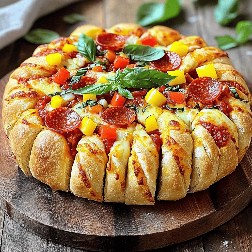 - 1 round loaf of bread (sourdough or Italian) - 1 cup shredded mozzarella cheese - 1 cup pizza sauce - ½ cup pepperoni slices - ½ cup diced bell peppers (red and green) - 1 teaspoon dried oregano - 2 tablespoons olive oil - 1 clove garlic, minced - Fresh basil leaves for garnish To create the best Cheesy Pull-Apart Pizza Bread, you need quality ingredients. I like to use a round loaf of sourdough or Italian bread. They have a nice crust and hold the fillings well. The cheese is key. I recommend using shredded mozzarella because it melts perfectly and gives that gooey, cheesy pull. For the toppings, I love adding pepperoni slices and diced bell peppers. They give great flavor and color. Don't forget the seasonings. Dried oregano adds an Italian touch, while garlic oil brings depth to the dish. If you want to make it extra special, consider fresh basil leaves for garnish. They add a pop of color and a refreshing taste. For the full recipe, check out my detailed guide. Enjoy making this fun snack! 1. First, preheat your oven to 375°F (190°C). This makes sure the bread cooks well. 2. Take the round loaf of bread and place it on a cutting board. With a serrated knife, cut a crisscross pattern into the loaf. Make about 1-inch squares, but don’t cut through the bottom crust. This helps hold the bread together. 1. In a bowl, combine 1 cup of shredded mozzarella cheese, ½ cup of pepperoni slices, and ½ cup of diced bell peppers. Mix well. This is the tasty filling for your bread. 2. In a small skillet, heat 2 tablespoons of olive oil over medium heat. Add 1 clove of minced garlic and sauté it for 1-2 minutes until it smells good. Drizzle this garlic oil over the top of the bread. This adds great flavor. 1. Carefully stuff the bread with your cheese and topping mixture. Make sure to pack it in well so it’s full of flavor. 2. Pour 1 cup of pizza sauce evenly over the top of the stuffed bread. Make sure the sauce fills all the cuts. 3. Wrap the bread loosely in aluminum foil. Place it on a baking sheet and bake it in the preheated oven for 15-20 minutes. This helps the cheese melt. 4. After 20 minutes, remove the foil and bake for another 10 minutes. This makes the cheese bubbly and golden. You can find the full recipe in the article above for more details! To make this cheesy pull-apart pizza bread taste great, use fresh ingredients. Fresh mozzarella melts beautifully and enhances flavor. A good loaf, like sourdough or Italian, gives a nice crust. When cutting the bread, use a serrated knife. Make crisscross cuts, but don’t cut all the way through. This keeps the bread intact and helps hold the gooey cheese. When serving, place the bread on a rustic wooden board. This adds a nice touch. You can garnish with fresh basil leaves for color and flavor. For dips, extra pizza sauce works perfectly. It’s fun to have a sauce on the side for dipping. You can also add a fresh salad or crunchy veggies to the plate. One common mistake is making soggy bread. To prevent this, don’t pour too much sauce on top. Stuff the mixture into the cuts instead. Another mistake is not melting the cheese fully. Bake the bread covered with foil first to keep moisture in. Remove the foil to let the cheese melt and bubble nicely. For the full recipe, check out the steps provided above. {{image_2}} You can easily switch up the cheese in this recipe. Instead of mozzarella, try provolone or gouda. Both melt well and add unique flavors. For toppings, the sky's the limit. You can add veggies like mushrooms, onions, or olives. If you love meat, mix in sausage or bacon. These swaps make the dish your own. Want to make your cheesy pull-apart pizza bread even better? Add spices like crushed red pepper or garlic powder to the filling. Fresh herbs like basil or parsley give it a bright taste. You can also mix in sauces. A splash of pesto or barbecue sauce can create new flavors. These little changes make a big difference. If you need gluten-free options, choose a gluten-free loaf. Many brands offer great alternatives that still taste good. For those who avoid dairy, use vegan cheese. Brands like Daiya or Violife melt nicely. You can also skip cheese altogether and load up on veggies. These adjustments let everyone enjoy this tasty treat. For the full recipe, check out the detailed steps to make this amazing snack. To keep your cheesy pull-apart pizza bread fresh, store leftovers in the fridge. Wrap the bread in plastic wrap or foil. Place it in an airtight container. This method helps maintain moisture and flavor. Leftovers will stay good for about 3-4 days. If you want to save some for later, freezing is a great option. First, let the bread cool completely. Wrap it tightly in plastic wrap, then in aluminum foil. This double wrapping prevents freezer burn. You can freeze it for up to 3 months. To defrost, move it to the fridge overnight. If you need it fast, leave it out at room temperature for a few hours. Reheating is easy and keeps the bread tasty. Preheat your oven to 350°F (175°C). Unwrap the bread and place it on a baking sheet. Cover it loosely with foil to keep it from drying out. Heat for about 10-15 minutes, or until warm. For a crisp crust, remove the foil for the last 5 minutes. Enjoy it like it's fresh out of the oven! You can easily make this recipe your own. Here are some great ideas: - Cheese Choices: Swap mozzarella for cheddar, gouda, or a vegan cheese. - Toppings: Try different meats like sausage or bacon. You can also add veggies like mushrooms or olives. - Spice it Up: Add red pepper flakes for some heat. Fresh herbs like thyme or rosemary also work well. These changes help you create a dish that fits your taste. Feel free to get creative! Yes, you can prep this dish ahead of time. Here are some tips: - Prep the Filling: Mix the cheese, pepperoni, and veggies the night before. Store it in the fridge until you’re ready to bake. - Cut the Bread: You can cut the loaf before baking. Just wrap it well to keep it fresh. - Bake Later: When you’re ready, stuff the bread and bake it. This keeps it fresh and warm. Making it ahead saves you time and effort at mealtime. This cheesy snack pairs well with several sides: - Dips: Serve with extra pizza sauce or marinara for dipping. - Salads: A fresh green salad balances the cheese nicely. - Veggie Platter: Pair with crunchy veggies like carrots and celery for a fun mix. These sides create a tasty meal when combined with the cheesy pull-apart bread. Enjoy your feast! Cheesy Pull-Apart Pizza Bread is fun to make and enjoy. We covered its tasty ingredients, easy preparation, and baking steps. I shared tips for perfect texture and ways to customize your dish. Remember to store leftovers well to keep them fresh. Try different swaps to fit your taste or diet. This dish is perfect for sharing with family and friends. Enjoy crafting your new favorite snack!