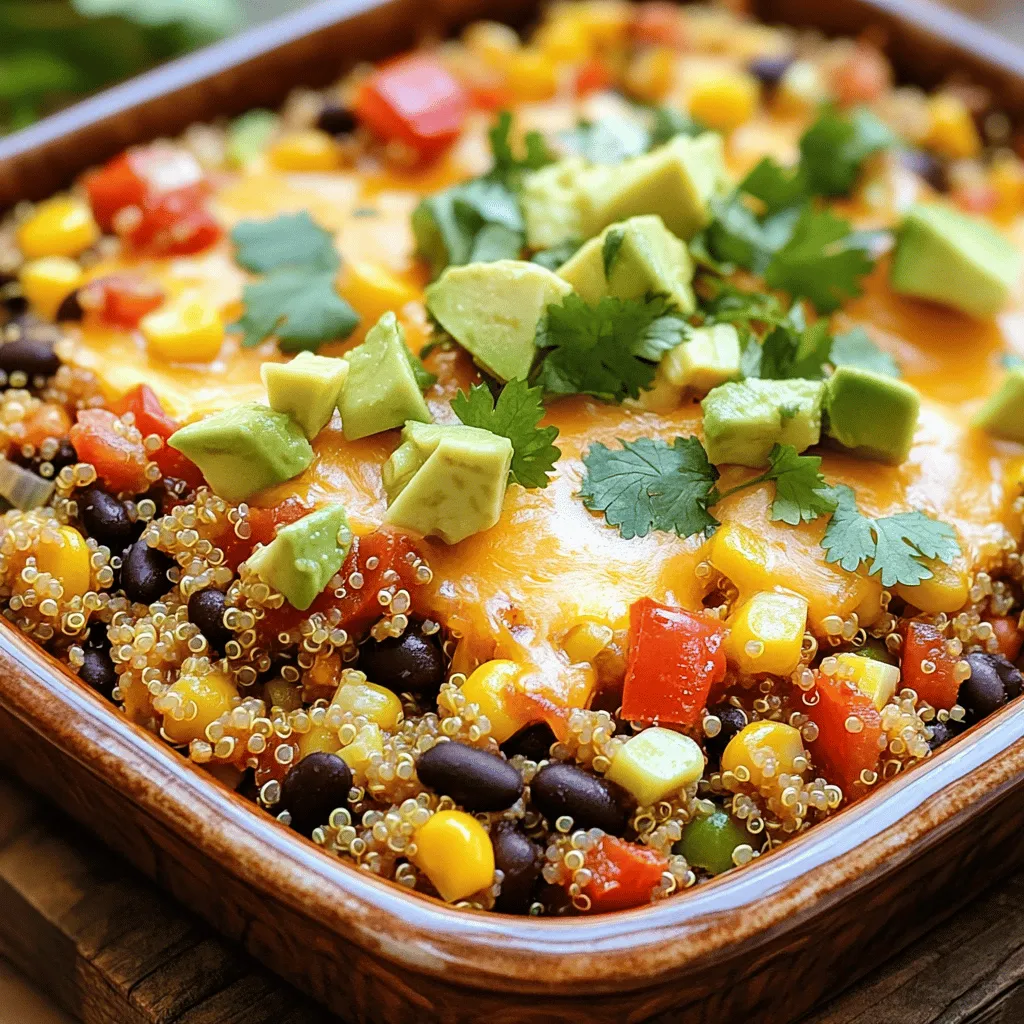 - 1 cup quinoa, rinsed - 2 cups vegetable broth - 1 can (15 oz) black beans, drained and rinsed - 1 can (15 oz) corn, drained - 1 can (14 oz) diced tomatoes with green chilies - 1 bell pepper (red or yellow), diced - 1 small red onion, diced - 2 cloves garlic, minced - 1 teaspoon cumin - 1 teaspoon chili powder - 1 teaspoon paprika - Salt and pepper to taste - 1 cup shredded cheddar cheese - 1 avocado, diced (for garnish) - Fresh cilantro, chopped (for garnish) When I cook, I love to gather fresh ingredients. For the Southwest Quinoa Casserole, I start with high-quality quinoa. Rinsing it helps remove bitter saponins, giving it a nutty taste. I use vegetable broth instead of water. This adds depth and flavor. Next, I add black beans and corn. Both are rich in protein and fiber. The diced tomatoes with green chilies bring a nice kick. I choose a bell pepper for color and crunch. It makes the dish bright and appealing. I don’t forget the aromatics. A small red onion and garlic create a lovely base. Cumin, chili powder, and paprika ensure a warm, spicy taste. I adjust salt and pepper to my liking. You can do the same! Finally, I top the casserole with shredded cheddar cheese. It melts beautifully, adding a creamy finish. For garnish, I add diced avocado and fresh cilantro. They add a fresh, vibrant touch. For the full recipe, check the main article. With these ingredients, you create a flavorful dish that’s healthy and satisfying. Enjoy the process of making this delicious casserole! - Step 1: Preheat the oven to 375°F (190°C). This helps cook the casserole evenly. - Step 2: In a medium saucepan, combine 1 cup of rinsed quinoa and 2 cups of vegetable broth. Bring this mix to a boil. Once boiling, reduce the heat to simmer. Cover it and let it cook for about 15 minutes. The quinoa will absorb all the liquid and become fluffy. - Step 3: In a large mixing bowl, combine the cooked quinoa with 1 can of black beans, 1 can of corn, 1 can of diced tomatoes with green chilies, 1 diced bell pepper, and 1 small diced red onion. Add 2 minced cloves of garlic, 1 teaspoon of cumin, 1 teaspoon of chili powder, 1 teaspoon of paprika, and salt and pepper to taste. Mix everything well until it is all combined. - Step 4: Transfer the mixture into a greased 9x13 inch casserole dish. Spread it evenly across the dish. Then, sprinkle 1 cup of shredded cheddar cheese on top. Cover the dish with foil to keep it moist. - Step 5: Bake it in the preheated oven for about 25 minutes. After that, take off the foil and bake for an additional 10 to 15 minutes. You want the cheese to be melted and bubbly. Enjoy this process; the smells will be amazing! This simple method creates a delicious Southwest Quinoa Casserole that everyone will love. For the detailed steps and ingredients, check out the Full Recipe. To make your Southwest Quinoa Casserole stand out, use freshly rinsed quinoa. Rinsing removes the bitter coating called saponin, giving you a better texture. You can also adjust the spice levels to match your taste. If you like it hot, add more chili powder or jalapeños. If you prefer mild flavors, cut back on the spices. Letting your casserole rest is key before serving. This helps the flavors meld together and makes it easier to cut. For even cooking, make sure you spread the quinoa mixture evenly in your casserole dish. You can also cover it with foil during the first half of baking. This keeps in moisture and helps the cheese melt perfectly. For the full recipe, check out the detailed instructions above. {{image_2}} You can switch up the ingredients in your Southwest Quinoa Casserole. If you want a different base, use rice or couscous instead of quinoa. Both options cook well and add their own unique textures. You can also change the beans. Try using pinto or kidney beans. They add different flavors and give the dish variety. Experiment and find what you like best. Add some excitement to your casserole! If you enjoy heat, toss in jalapeños for a spicy kick. You can use fresh or pickled jalapeños based on your taste. Cheese lovers can switch it up too. Try using Monterey Jack or Pepper Jack cheese. Each type adds a new depth of flavor to the dish. If you want a vegan version, simply swap out the cheese. Use vegan cheese or sprinkle nutritional yeast on top for a cheesy flavor without dairy. Also, make your casserole even better by using homemade vegetable broth. It’s easy to make and adds fresh taste to your dish. For the full recipe, check out the Southwest Quinoa Casserole section. Store leftovers in an airtight container for up to 4 days. This keeps the casserole fresh and tasty. I find that cooling it completely before sealing helps. A good tip is to label the container with the date. This way, you will know when to eat it. You can freeze portions of the casserole for later. Cut it into single servings before you freeze it. Wrap each serving tightly in plastic wrap. Then, place them in a freezer-safe bag or container. This method saves space and makes reheating easy. The casserole can last in the freezer for up to 3 months. To reheat, use the oven or a microwave. If using the oven, set it to 350°F (175°C). Cover the casserole with foil to keep it moist. Heat for about 20-25 minutes. For the microwave, heat in short bursts of 1-2 minutes. Stir in between to help it heat evenly. This way, the casserole stays hot and does not dry out. Enjoy your delicious leftovers! The total time to prepare this dish is 50 minutes. You need about 15 minutes to prepare the ingredients and 35 minutes for cooking. It’s quick and easy! Yes, you can prepare the casserole in advance. Just store it in the fridge before baking. This makes it perfect for busy days. Yes, this casserole can be gluten-free. Just check the packaging of the ingredients you use. Make sure they are labeled gluten-free. If you want to swap quinoa, try using rice or bulgur instead. Both will work well in this tasty dish. This blog post guides you through making a tasty Southwest Quinoa Casserole. You learned about the key ingredients like quinoa, black beans, and spices. I also shared step-by-step instructions for preparation, mixing, and baking. Remember to adjust spices to your taste, and try different ingredients to mix things up. This dish is easy to store and reheat, making it perfect for busy days. Enjoy making your casserole, and let your creativity shine!