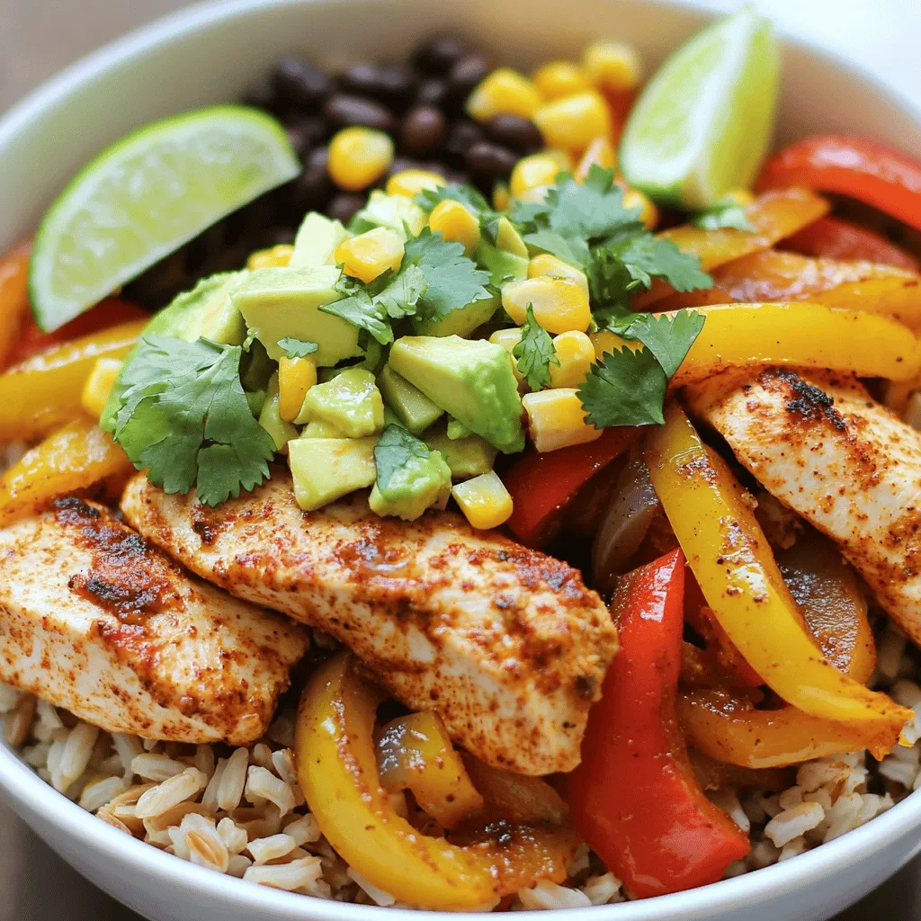 To make easy chicken fajita bowls, you need fresh ingredients. Here’s what you need: - 2 boneless, skinless chicken breasts, sliced - 1 bell pepper (any color), sliced - 1 medium onion, sliced - 1 cup cooked brown rice or quinoa - 1 cup black beans, rinsed and drained - 1 avocado, diced - ½ cup corn (canned or frozen) - Fresh cilantro, chopped (for garnish) - Lime wedges (for serving) These main ingredients create a colorful and tasty dish. Each bite is full of flavor and nutrition. Seasonings make your chicken fajita bowls pop. Here are the key seasonings: - 1 tablespoon olive oil - 1 teaspoon chili powder - 1 teaspoon cumin - 1 teaspoon garlic powder - 1 teaspoon onion powder - Salt and pepper to taste These spices add warmth and depth. The olive oil helps the spices stick to the chicken, making it juicy. You can customize your fajita bowls with fun toppings. Consider adding: - Shredded cheese - Sour cream or Greek yogurt - Salsa or pico de gallo - Jalapeños for some heat These toppings give more flavor and texture. You can mix and match to fit your taste. Want to try a new idea? Check out the Full Recipe for more inspiration! Start by slicing your chicken breasts into thin strips. This helps them cook evenly. In a large bowl, mix the chicken with olive oil, chili powder, cumin, garlic powder, onion powder, salt, and pepper. Make sure the chicken is fully coated. Let it sit for about 10 minutes. This allows the flavors to soak in well. Heat a large skillet over medium-high heat. Once hot, add the marinated chicken. Cook it for about 5-7 minutes. Stir it often to make sure it cooks evenly. The chicken should turn golden brown. Next, add the sliced bell pepper and onion to the skillet. Cook these veggies for another 5 minutes. They should become tender but still crisp. To build your bowls, start with a base of cooked brown rice or quinoa. This gives a nice foundation. Next, add a generous amount of the chicken and veggie mix on top. Then, layer in black beans, corn, and diced avocado. Finish with a sprinkle of fresh cilantro. For a burst of flavor, serve with lime wedges on the side. Enjoy your meal, and check out the Full Recipe for more details! To make tender chicken, use thin slices. This helps the chicken cook evenly. Marinate your chicken for at least 15 minutes. You can let it sit in the spices longer for more flavor. Cooking on medium-high heat keeps the chicken juicy. Avoid overcooking, or it will dry out. Always check if it’s fully cooked by cutting into a piece. The inside should be white, not pink. For more flavor, add lime juice to the marinade. Fresh lime juice brightens the dish. Consider adding smoked paprika for a deeper taste. You can also use fresh herbs like cilantro before serving. If you like heat, add jalapeños or hot sauce. Mixing in a bit of honey or brown sugar can balance the spice. Enjoy experimenting with your favorite spices and herbs! Cooking in batches saves time. You can make several bowls at once. Cook enough chicken and veggies for multiple meals. Store them in separate containers. Keep the toppings aside until you serve. This keeps the bowls fresh. You can mix and match ingredients each day. It makes lunch or dinner easy and quick. For the full recipe, check the instructions provided earlier! {{image_2}} You can swap chicken for tofu or tempeh. Both options absorb flavors well. Cut tofu or tempeh into small cubes. Marinate them just like the chicken. Cook them in the skillet until golden brown. Add your favorite veggies for extra flavor. This option is rich in protein and great for plant lovers. If you like heat, add spices to your chicken. Increase chili powder or add cayenne pepper. You can also mix in some diced jalapeños. For a kick, serve with spicy salsa or hot sauce. This will make your fajita bowls exciting and full of bold flavors. For a low-carb option, use cauliflower rice. Simply pulse cauliflower florets in a food processor until they resemble rice. Sauté the cauliflower in a pan for about five minutes. This gives you a light and healthy base for your fajita bowls. Serve your chicken and veggies on top for a tasty twist. Explore the Full Recipe for more ways to enjoy these delicious Chicken Fajita Bowls! Store your chicken fajita bowls in airtight containers. This keeps them fresh. Let the bowls cool before sealing them. They stay good in the fridge for 3 to 4 days. Make sure to separate the toppings like avocado and cilantro. This keeps them from getting soggy. To reheat, use the microwave. Place the bowl in for about 2 to 3 minutes. Stir halfway through for even heating. You can also use a skillet on low heat. Add a splash of water to keep it moist. Cover with a lid while it warms. You can freeze the chicken fajita mix for later. Place it in freezer-safe bags. Squeeze out the air before sealing. It lasts for about 3 months in the freezer. When ready to eat, thaw it overnight in the fridge. Then, reheat as mentioned above for the best taste. For the full recipe, check out the first section! Chicken fajita bowls last about three to four days in the fridge. Store them in an airtight container. This keeps the flavors fresh. After that time, the chicken may dry out or spoil. Always check for off smells or changes in color before eating. Yes, you can make chicken fajita bowls ahead of time. You can cook the chicken and veggies in advance. Then, store them in separate containers. This way, you keep your rice or quinoa fresh. When you are ready to eat, simply heat everything up. This is a great time-saver for busy days. If you want an alternative to brown rice or quinoa, try cauliflower rice. It is low in carbs and adds a nice texture. You can also use lettuce wraps for a fresh crunch. Another option is to use couscous or farro for a different grain. To make chicken fajita bowls low-carb, use cauliflower rice instead of grains. You can also skip the beans, as they add carbs. Load up on veggies like bell peppers and zucchini. Avocado is a great topping that adds healthy fats. This way, you keep the flavors while reducing carbs. You can still enjoy a delicious meal! You learned how to make easy chicken fajita bowls. We went through the main ingredients, seasonings, and optional toppings. I provided step-by-step cooking instructions and tips for better taste and texture. We explored variations for different diets and discussed how to store leftovers. These bowls offer flexibility and fun in meals. You can mix flavors and enjoy fresh options all week. Whether you stick to chicken or try vegetarian choices, there’s something for everyone. Get creative and enjoy your cooking journey!
