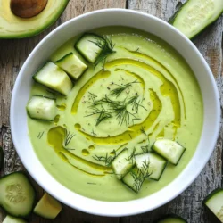 Chilled Cucumber Avocado Soup is a bright and tasty dish. It’s perfect for hot days. You can whip it up in just 15 minutes. This soup is creamy and cool. It combines fresh veggies and yogurt. You’ll love every spoonful! - 2 large cucumbers, peeled and diced - 1 ripe avocado, pitted and diced - 1 cup plain Greek yogurt - 1 cup vegetable broth (chilled) - 1 tablespoon fresh lime juice - 1 garlic clove, minced - 1 tablespoon fresh dill or mint, chopped (plus more for garnish) - Salt and pepper to taste - 1 tablespoon olive oil (optional for drizzling) Gather these simple ingredients before you start. Each one adds flavor and creaminess to the soup. The cucumbers keep it light and fresh. The avocado gives it a rich texture. Greek yogurt adds tanginess and protein. Using chilled vegetable broth makes it refreshing. Don't forget the lime juice for a zing! Fresh herbs like dill or mint give a lovely aroma. You can adjust salt and pepper to suit your taste. For a finishing touch, drizzle olive oil on top. It adds a nice shine and flavor. Enjoy experimenting with these fresh ingredients! Start by prepping your ingredients. Grab two large cucumbers and peel them. Dice them into small pieces. Next, take one ripe avocado. Cut it in half and remove the pit. Scoop the flesh out and dice it. You will also need one cup of plain Greek yogurt. Measure out one cup of chilled vegetable broth. Squeeze one tablespoon of fresh lime juice, and mince one garlic clove. Lastly, chop one tablespoon of fresh dill or mint for flavor. In a blender or food processor, add the diced cucumbers, diced avocado, Greek yogurt, chilled vegetable broth, lime juice, and minced garlic. Blend all these ingredients on high until the mixture is smooth and creamy. If you want a thinner soup, you can add more vegetable broth. After blending, add the chopped dill or mint, along with salt and pepper to taste. Pulse the blender a few times to mix everything well. Once your soup is blended, transfer it to a bowl. Cover it and place it in the fridge for at least 30 minutes. This chilling time allows the flavors to meld together. When you’re ready to serve, stir the soup well. Taste it again to check the seasoning. Ladle the soup into chilled bowls. For a nice touch, drizzle some olive oil on top and sprinkle more dill or mint as a garnish. For the full recipe, check the section above. Enjoy this refreshing summer treat! To make this soup shine, focus on your herbs. Fresh dill or mint adds a bright taste. You can mix both for a unique twist. Consider using lime zest along with lime juice. This adds a punch of citrus that wakes up the flavors. If you like a bit of heat, add a pinch of cayenne or jalapeño. Just a little can make a big difference. Serve this soup in chilled bowls for the best experience. Garnish with a drizzle of olive oil for richness. You can also top it with cucumber slices and avocado cubes for color. Pair it with crusty bread or a fresh salad. This makes a full meal that is light and refreshing. If you like a creamier soup, use more Greek yogurt. Blend longer for a smoother finish. If you want it thinner, add more chilled vegetable broth. Always taste and adjust the seasoning as you blend. This ensures every bite is perfect. Enjoy your delicious creation from the [Full Recipe]! {{image_2}} You can add protein to your chilled cucumber avocado soup for more nutrition. A few great options are cooked shrimp, crab meat, or shredded chicken. Simply mix in your choice after blending. For a vegetarian option, try using chickpeas or white beans. They add creaminess and protein without changing the taste too much. Changing herbs and spices can give this soup a new twist. You might try basil, cilantro, or even chives. Each herb adds its own flavor. For a spicy kick, add a pinch of cayenne pepper or a dash of hot sauce. These small changes can turn your dish into something special. If you want a dairy-free version, swap the Greek yogurt for coconut yogurt or silken tofu. Both options create a creamy base and keep the soup smooth. You can also use almond milk or cashew cream for a lighter texture. These swaps maintain the soup's flavor while catering to your dietary needs. To keep your chilled cucumber avocado soup fresh, store it in an airtight container. Make sure to seal it well. This method keeps the soup from absorbing other smells in the fridge. The soup stays good for about three days. If you notice any changes in color or smell, it’s best to toss it. You can freeze this soup, but it’s not my first choice. Frozen avocado can change texture when thawed. If you decide to freeze it, place the soup in a freezer-safe container. Leave some space for expansion. It can last up to two months. When ready to use, thaw it in the fridge overnight. Chilled soup is meant to be served cold, so reheating isn’t ideal. If you prefer it warm, gently heat it on the stove over low heat. Stir often and avoid boiling. You want to keep the creamy texture. Adjust salt and pepper if needed after heating. Enjoy this refreshing summer treat in whichever way you like! Yes, you can make this soup ahead of time. I often prepare it a day in advance. Chilling it overnight helps the flavors blend nicely. Just remember to store it in an airtight container. This keeps it fresh and tasty. You can store the soup for up to three days in the fridge. After that, the cucumbers may lose their crunch. If you want to keep it longer, consider freezing it. However, freezing may change the texture slightly. Absolutely! Feel free to swap out cucumbers or add other veggies. Zucchini or bell peppers can work well. You could even try adding spinach for a nutrient boost. Just keep in mind, this may change the color and taste. For the best results, stick to veggies that blend smoothly. For the full recipe and more ideas, check the [Full Recipe]. This blog post guides you through making a fresh chilled cucumber and avocado soup. We explored the simple ingredients like cucumbers, avocado, and Greek yogurt, and shared step-by-step steps to prepare it. I provided tips to enhance flavor, serving ideas, and ways to customize the soup. In the end, this recipe is easy and fun. It’s a cool treat perfect for warm days. Enjoy your time making this dish and feel free to experiment with your own twists!