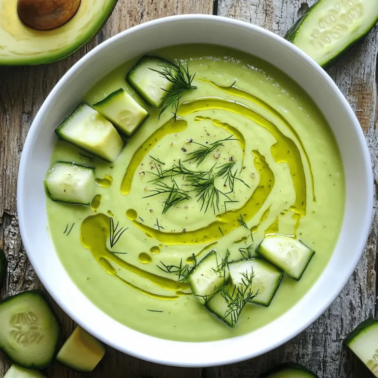 Chilled Cucumber Avocado Soup is a bright and tasty dish. It’s perfect for hot days. You can whip it up in just 15 minutes. This soup is creamy and cool. It combines fresh veggies and yogurt. You’ll love every spoonful! - 2 large cucumbers, peeled and diced - 1 ripe avocado, pitted and diced - 1 cup plain Greek yogurt - 1 cup vegetable broth (chilled) - 1 tablespoon fresh lime juice - 1 garlic clove, minced - 1 tablespoon fresh dill or mint, chopped (plus more for garnish) - Salt and pepper to taste - 1 tablespoon olive oil (optional for drizzling) Gather these simple ingredients before you start. Each one adds flavor and creaminess to the soup. The cucumbers keep it light and fresh. The avocado gives it a rich texture. Greek yogurt adds tanginess and protein. Using chilled vegetable broth makes it refreshing. Don't forget the lime juice for a zing! Fresh herbs like dill or mint give a lovely aroma. You can adjust salt and pepper to suit your taste. For a finishing touch, drizzle olive oil on top. It adds a nice shine and flavor. Enjoy experimenting with these fresh ingredients! Start by prepping your ingredients. Grab two large cucumbers and peel them. Dice them into small pieces. Next, take one ripe avocado. Cut it in half and remove the pit. Scoop the flesh out and dice it. You will also need one cup of plain Greek yogurt. Measure out one cup of chilled vegetable broth. Squeeze one tablespoon of fresh lime juice, and mince one garlic clove. Lastly, chop one tablespoon of fresh dill or mint for flavor. In a blender or food processor, add the diced cucumbers, diced avocado, Greek yogurt, chilled vegetable broth, lime juice, and minced garlic. Blend all these ingredients on high until the mixture is smooth and creamy. If you want a thinner soup, you can add more vegetable broth. After blending, add the chopped dill or mint, along with salt and pepper to taste. Pulse the blender a few times to mix everything well. Once your soup is blended, transfer it to a bowl. Cover it and place it in the fridge for at least 30 minutes. This chilling time allows the flavors to meld together. When you’re ready to serve, stir the soup well. Taste it again to check the seasoning. Ladle the soup into chilled bowls. For a nice touch, drizzle some olive oil on top and sprinkle more dill or mint as a garnish. For the full recipe, check the section above. Enjoy this refreshing summer treat! To make this soup shine, focus on your herbs. Fresh dill or mint adds a bright taste. You can mix both for a unique twist. Consider using lime zest along with lime juice. This adds a punch of citrus that wakes up the flavors. If you like a bit of heat, add a pinch of cayenne or jalapeño. Just a little can make a big difference. Serve this soup in chilled bowls for the best experience. Garnish with a drizzle of olive oil for richness. You can also top it with cucumber slices and avocado cubes for color. Pair it with crusty bread or a fresh salad. This makes a full meal that is light and refreshing. If you like a creamier soup, use more Greek yogurt. Blend longer for a smoother finish. If you want it thinner, add more chilled vegetable broth. Always taste and adjust the seasoning as you blend. This ensures every bite is perfect. Enjoy your delicious creation from the [Full Recipe]! {{image_2}} You can add protein to your chilled cucumber avocado soup for more nutrition. A few great options are cooked shrimp, crab meat, or shredded chicken. Simply mix in your choice after blending. For a vegetarian option, try using chickpeas or white beans. They add creaminess and protein without changing the taste too much. Changing herbs and spices can give this soup a new twist. You might try basil, cilantro, or even chives. Each herb adds its own flavor. For a spicy kick, add a pinch of cayenne pepper or a dash of hot sauce. These small changes can turn your dish into something special. If you want a dairy-free version, swap the Greek yogurt for coconut yogurt or silken tofu. Both options create a creamy base and keep the soup smooth. You can also use almond milk or cashew cream for a lighter texture. These swaps maintain the soup's flavor while catering to your dietary needs. To keep your chilled cucumber avocado soup fresh, store it in an airtight container. Make sure to seal it well. This method keeps the soup from absorbing other smells in the fridge. The soup stays good for about three days. If you notice any changes in color or smell, it’s best to toss it. You can freeze this soup, but it’s not my first choice. Frozen avocado can change texture when thawed. If you decide to freeze it, place the soup in a freezer-safe container. Leave some space for expansion. It can last up to two months. When ready to use, thaw it in the fridge overnight. Chilled soup is meant to be served cold, so reheating isn’t ideal. If you prefer it warm, gently heat it on the stove over low heat. Stir often and avoid boiling. You want to keep the creamy texture. Adjust salt and pepper if needed after heating. Enjoy this refreshing summer treat in whichever way you like! Yes, you can make this soup ahead of time. I often prepare it a day in advance. Chilling it overnight helps the flavors blend nicely. Just remember to store it in an airtight container. This keeps it fresh and tasty. You can store the soup for up to three days in the fridge. After that, the cucumbers may lose their crunch. If you want to keep it longer, consider freezing it. However, freezing may change the texture slightly. Absolutely! Feel free to swap out cucumbers or add other veggies. Zucchini or bell peppers can work well. You could even try adding spinach for a nutrient boost. Just keep in mind, this may change the color and taste. For the best results, stick to veggies that blend smoothly. For the full recipe and more ideas, check the [Full Recipe]. This blog post guides you through making a fresh chilled cucumber and avocado soup. We explored the simple ingredients like cucumbers, avocado, and Greek yogurt, and shared step-by-step steps to prepare it. I provided tips to enhance flavor, serving ideas, and ways to customize the soup. In the end, this recipe is easy and fun. It’s a cool treat perfect for warm days. Enjoy your time making this dish and feel free to experiment with your own twists!