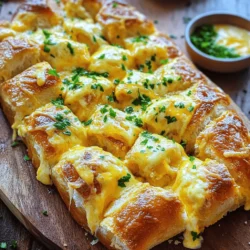 To make Cheesy Garlic Pull Apart Bread, gather these items. Each one enhances the taste and texture of the bread. - Fresh bread options (sourdough or pull-apart loaf) - Cheese selections (mozzarella and cheddar) - Seasoning essentials (garlic, Italian herbs, and red pepper flakes) - Optional garnishes (parsley and extra butter) Using fresh bread is key. Sourdough adds a tangy flavor. A pull-apart loaf is soft and easy to pull apart. For cheese, mozzarella gives that gooey texture. Cheddar adds a sharp taste. You can mix and match cheese types for even more flavor. Garlic is a must for this recipe. It brings out the best in the bread. Italian herbs add depth. Red pepper flakes give a kick, but they are optional. Finally, parsley brightens the dish. Extra butter can serve as a dip. You can find the Full Recipe above for the full list and cooking steps. Gather these ingredients, and you are ready to make a treat that everyone will love! First, preheat your oven to 375°F (190°C). This is key for getting that nice, golden crust. While the oven heats, let’s make our garlic butter blend. In a small bowl, mix 4 tablespoons of melted butter with 4 minced garlic cloves, 1 teaspoon of dried Italian herbs, a pinch of red pepper flakes, and a bit of salt. Stir well to combine. Next, prepare the cheese mixture. Grab 1 cup of shredded mozzarella and ½ cup of shredded cheddar cheese. This combo adds great flavor and gooeyness. Now, it’s time to cut the bread. Use a serrated knife to make diagonal cuts across the loaf. Cut in both directions to create diamond shapes. Be careful not to slice all the way through. You want the loaf to stay intact. Once you’ve made the cuts, gently pull them apart. This creates room for all that cheesy goodness! Now for the fun part! Take your garlic butter mix and drizzle it into the cuts in the bread. Use a spoon or brush to get the mixture deep inside. Next, stuff the shredded mozzarella and cheddar into the cuts. Make sure it’s evenly distributed. After that, wrap the bread in aluminum foil, leaving the top exposed. Place it on a baking sheet and pop it in the oven. Bake for 15 to 20 minutes. Once the time is up, remove the foil and bake for another 10 minutes. This helps the cheese get bubbly and the bread crusty. When done, remove it from the oven and sprinkle some chopped fresh parsley on top for a tasty finish. Enjoy this cheesy garlic pull apart bread right away! For the full recipe, check the recipe section above. To get that golden crust, start with fresh bread. I love using sourdough or a pull-apart loaf. These types hold up well and give a great bite. Brush the top with the garlic butter mixture before baking. This helps the crust brown nicely. To avoid soggy bread, make sure to cut the loaf without going all the way through. This keeps the bottom intact and helps the bread hold its shape. Also, do not skip the step of wrapping the bread in foil. It helps steam the bread, keeping it soft. Unwrap it for the last part of baking to let the crust crisp up. Bake your cheesy garlic pull apart bread at 375°F (190°C). Start by covering it with foil for the first 15-20 minutes. This cooks the inside well. After that, remove the foil and bake for about 10 more minutes. You want the cheese bubbly and the bread golden. Covering the bread during the first part of baking is key. It helps the cheese melt evenly. You want that gooey center, but a nice crust on the outside too. For the best presentation, serve the bread on a large wooden board. This adds warmth to your table. Place a small bowl of extra garlic butter on the side for dipping. It makes for a fun, interactive way to enjoy this dish. Pair your cheesy garlic pull apart bread with a fresh salad or a warm bowl of soup. The contrast in textures and flavors will elevate your meal. You can also enjoy it with a glass of wine for a cozy evening. For the full recipe, check out the detailed steps to make this delightful dish. {{image_2}} You can switch up the cheese in your pull apart bread. While mozzarella and cheddar work great, try other options. Gouda gives a smoky flavor. Parmesan adds a salty zing. For a fun twist, use pepper jack. It brings heat that many love. If you want a unique taste, try adding feta or blue cheese. Adding flavored cheese can also elevate the dish. Think garlic and herb cream cheese or sun-dried tomato cheese. These choices create new and exciting flavors. Experimenting with cheese makes the bread even more fun. You can add veggies to your pull apart bread for extra taste and nutrients. Spinach is a great choice. It adds color and a mild flavor. Roasted peppers also work well. They bring sweetness and a pop of color. Chopped olives can add a briny touch. Herbs and spices can make a big difference too. Fresh basil or rosemary can enhance the aroma. A sprinkle of crushed red pepper can bring some heat. Don't be afraid to mix and match. Your taste buds will thank you! If you want a lighter option, consider using whole wheat bread. This choice adds fiber and nutrients. Gluten-free bread is a great alternative for those with dietary needs. You can also reduce the amount of cheese. Less cheese still gives great flavor. Use a mix of cheese and some Greek yogurt for creaminess. This keeps it tasty while cutting calories. With these swaps, you can enjoy cheesy garlic pull apart bread without the guilt. For the full recipe, check out the link above. To keep your cheesy garlic pull apart bread fresh, store it properly. First, let it cool completely. Next, wrap it in plastic wrap or aluminum foil. This keeps the bread soft and prevents it from drying out. You can also place it in an airtight container. For refrigeration, your leftovers will last about 3 to 4 days. If you want to keep them longer, freezing is the best choice. Wrap the bread well, then place it in a freezer bag. It can stay frozen for up to 3 months. Just remember to label it with the date! When reheating, you want to avoid drying out the bread. The best way is to wrap it in foil and place it in a preheated oven at 350°F (175°C). Heat for about 10 to 15 minutes. This method warms the bread evenly and keeps it soft. If you have leftover bread that you stored in the fridge, it’s best to eat it within 3 to 4 days. If frozen, try to use it within 3 months for the best taste. Always check for any signs of freezer burn before cooking! How to make cheesy garlic pull apart bread ahead of time? You can prepare the bread a few hours before baking. Follow the recipe up to the point of wrapping it in foil. Store it in the fridge. When you're ready, bake it straight from the fridge. This keeps the flavors fresh and tasty. Can I use pre-made bread instead of fresh? Yes, using pre-made bread is fine. Just make sure it is still soft. Store-bought pull-apart bread or baguettes work well. This saves time and still gives you great results. What to do if the cheese spills out during baking? If cheese spills out, don’t worry! It happens. Just scoop up the cheese and place it back on the bread. Next time, stuff the cheese a little less to prevent this from happening. How to ensure even baking and cheese melting? To bake evenly, make sure the oven is fully preheated. Place the bread in the center of the oven. Rotate the baking sheet halfway through baking. This helps the heat reach all sides. What can I substitute for garlic? If you don't have garlic, try using garlic powder. Use about one teaspoon for each clove. You can also try onion powder for a different flavor. Can I use dried herbs instead of fresh? Yes, dried herbs work great! Use one-third of the amount if using dried. For example, if the recipe calls for one teaspoon fresh, use about one-third teaspoon dried. This blog post covered how to make cheesy garlic pull-apart bread. We started with the essential ingredients and the steps to prepare and bake. I gave you tips for perfect texture and serving ideas. You also learned about variations and how to store leftovers. In the end, this dish is fun to make and share. Enjoying cheesy bread brings joy to any meal.