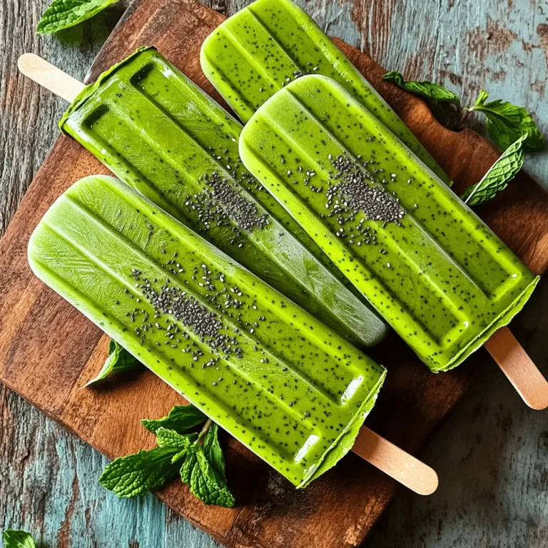- 2 tablespoons matcha green tea powder - 1 cup milk (dairy or non-dairy) - 1 cup coconut milk - 2-3 tablespoons honey or maple syrup - 1 teaspoon vanilla extract - A pinch of sea salt - Optional ingredients: chia seeds or chopped nuts To make the best Iced Matcha Latte Popsicles, gather your ingredients first. I love starting with the matcha powder. Choose a high-quality matcha for a vibrant color and rich flavor. The milk can be dairy or non-dairy, like almond or oat milk, based on your taste. Next, combine coconut milk for a creamy base that adds a tropical twist. Sweeten your mixture with honey or maple syrup. Adjust the sweetness according to your taste. A touch of vanilla extract boosts the flavor, while the sea salt helps balance the sweetness. If you want a fun texture, consider adding chia seeds or chopped nuts. These extras give your popsicles a nice crunch. Ensure you have everything ready before moving to the next steps. Each ingredient plays a vital role in creating a refreshing treat that’s both delicious and visually appealing. Enjoy the process, and have fun experimenting! 1. Sift matcha powder to remove clumps. This helps make your popsicles smooth. If you skip this step, you might have lumps in your mix. 2. Combine all liquid ingredients in a bowl. This includes milk, coconut milk, honey or maple syrup, vanilla extract, and sea salt. Mixing them well ensures great flavor. 3. Whisk until smooth and lump-free. Use a whisk for best results. It takes only a minute or two. 1. Stir in optional texture ingredients. You can add chia seeds or chopped nuts here. These give your popsicles a nice crunch. 2. Pour the mixture into molds. Fill them up but leave a little room at the top. The liquid will expand as it freezes. 3. Insert popsicle sticks and freeze. Make sure the sticks are centered. Freeze for at least 4-6 hours or until solid. 1. Tips for easy unmolding. When ready, run warm water over the outside of the molds. This helps release the popsicles without breaking them. 2. Recommended freezing time. For best results, freeze your popsicles for at least 6 hours. The longer, the better! These steps will guide you to make refreshing Iced Matcha Latte Popsicles. For the Full Recipe, check the ingredients and instructions above. To make the best iced matcha latte popsicles, start with high-quality matcha powder. Look for a vibrant green color, which means it is fresh. Ceremonial grade matcha is great for this recipe. It has a smooth taste that works well in popsicles. Next, adjust the sweetness to fit your taste. You can use honey or maple syrup. Start with less and add more if needed. This way, your popsicles will not be too sweet. Remember, the flavor of matcha should shine through! Adding texture can make these popsicles even better. Consider stirring in chia seeds or chopped nuts. Chia seeds add a fun crunch, while nuts give a lovely bite. They help make every lick interesting. Think about how texture affects enjoyment. A smooth popsicle can be nice, but adding bits makes it exciting. It breaks up the creaminess and gives you a tasty surprise. When it's time to serve, make your popsicles look great! Try placing them on a rustic wooden board or a bright plate. You can sprinkle some matcha powder on top or add fresh mint leaves. Both add a nice touch. Pair these popsicles with other desserts or drinks. They go well with fruity sorbets or a cold brew coffee. Enjoying them together makes for a fun treat! For the full recipe, check out the section above. {{image_2}} If you want to skip dairy, many options exist. Almond milk is a great choice. It has a light flavor that pairs well with matcha. Oat milk is thicker and creamier. It enhances the popsicle's texture. Coconut milk is another fantastic option. It adds a rich, tropical taste. Plus, it helps keep the popsicles creamy. Coconut milk is rich in healthy fats. These fats help your body absorb vitamins. They also provide a nice, smooth mouthfeel. Using coconut milk can make your popsicles more filling. It’s a perfect way to enjoy a treat without dairy. Want to spice up your popsicles? Adding fruit puree is a fun way to do it! You can use berries, mango, or even pineapple. Just blend your fruit and mix it into the matcha base. This gives your popsicles a fruity twist. It’s refreshing on hot days! You can also try different sweeteners. Honey and maple syrup are common, but there are more. Agave syrup is a great choice for a light sweetness. Coconut sugar adds a unique flavor. Experiment with what you like best. This way, you can create a popsicle that suits your taste. Popsicles reflect trends and seasons. You might see seasonal flavors like pumpkin spice in fall. Or how about a peppermint matcha during winter? These seasonal twists keep things exciting! Matcha itself has global roots. It comes from Japan, where it is a key part of tea ceremonies. Pop culture now embraces matcha in many treats. From lattes to cakes, matcha is everywhere! By blending global flavors, you can create unique popsicles. Try adding spices like ginger or cardamom for a twist. The possibilities are endless! For the full recipe to create these delightful treats, be sure to check out the [Full Recipe]. To keep your Iced Matcha Latte Popsicles fresh, always store them in the freezer. Wrap each popsicle in plastic wrap. This helps prevent freezer burn. You can also place them in an airtight container. This adds an extra layer of protection. If you have many popsicles, use a freezer-safe bag. Make sure to remove as much air as possible before sealing. The best temperature for freezing popsicles is 0°F (-18°C) or lower. This helps them freeze faster and stay solid. To avoid ice crystals, freeze your popsicles quickly. Pour the mixture into molds and freeze as soon as possible. Avoid opening the freezer door too often. Each time you open it, warm air enters and can affect the freezing process. These popsicles can last about 2 to 3 months in the freezer. However, for the best taste, enjoy them within a month. Signs of spoilage include off smells, discoloration, or ice crystals on the surface. If you notice any of these, it's best to toss them. Enjoy your popsicles while they're fresh for the best flavor and texture. The best matcha powder for popsicles is ceremonial grade. This type is bright green and smooth. It offers a rich flavor and vibrant color. Look for brands that are organic and finely ground. Higher quality matcha gives your popsicles a nice taste. Yes, you can make these popsicles vegan. Just use non-dairy milk instead of regular milk. Coconut milk works great and adds creaminess. For sweetener, use maple syrup or agave nectar. Both are vegan-friendly and tasty. You need to freeze the popsicles for at least 4-6 hours. This ensures they freeze solid. If they are not fully frozen, they will be hard to unmold. For best results, leave them overnight. Yes, you can use other sweeteners. Agave nectar and coconut sugar are good options. You can also use stevia for a low-calorie choice. Adjust the amount based on your taste. Each sweetener may change the flavor slightly. Check the Full Recipe for more details. This blog post has walked you through making delicious matcha popsicles. We covered ingredients, preparation steps, and tips for the best flavor and texture. You can customize them with fun add-ins and flavors. Remember to store them properly to keep them fresh for longer. Enjoy making these treats at home! With simple steps, you'll impress friends and family. Dive in and explore these tasty popsicle variations whenever you crave something cool and refreshing.