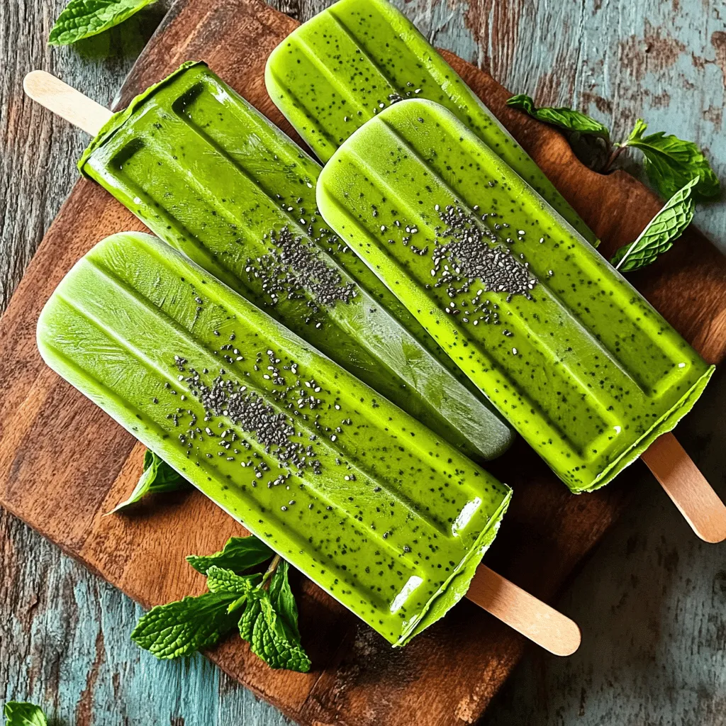 - 2 tablespoons matcha green tea powder - 1 cup milk (dairy or non-dairy) - 1 cup coconut milk - 2-3 tablespoons honey or maple syrup - 1 teaspoon vanilla extract - A pinch of sea salt - Optional ingredients: chia seeds or chopped nuts To make the best Iced Matcha Latte Popsicles, gather your ingredients first. I love starting with the matcha powder. Choose a high-quality matcha for a vibrant color and rich flavor. The milk can be dairy or non-dairy, like almond or oat milk, based on your taste. Next, combine coconut milk for a creamy base that adds a tropical twist. Sweeten your mixture with honey or maple syrup. Adjust the sweetness according to your taste. A touch of vanilla extract boosts the flavor, while the sea salt helps balance the sweetness. If you want a fun texture, consider adding chia seeds or chopped nuts. These extras give your popsicles a nice crunch. Ensure you have everything ready before moving to the next steps. Each ingredient plays a vital role in creating a refreshing treat that’s both delicious and visually appealing. Enjoy the process, and have fun experimenting! 1. Sift matcha powder to remove clumps. This helps make your popsicles smooth. If you skip this step, you might have lumps in your mix. 2. Combine all liquid ingredients in a bowl. This includes milk, coconut milk, honey or maple syrup, vanilla extract, and sea salt. Mixing them well ensures great flavor. 3. Whisk until smooth and lump-free. Use a whisk for best results. It takes only a minute or two. 1. Stir in optional texture ingredients. You can add chia seeds or chopped nuts here. These give your popsicles a nice crunch. 2. Pour the mixture into molds. Fill them up but leave a little room at the top. The liquid will expand as it freezes. 3. Insert popsicle sticks and freeze. Make sure the sticks are centered. Freeze for at least 4-6 hours or until solid. 1. Tips for easy unmolding. When ready, run warm water over the outside of the molds. This helps release the popsicles without breaking them. 2. Recommended freezing time. For best results, freeze your popsicles for at least 6 hours. The longer, the better! These steps will guide you to make refreshing Iced Matcha Latte Popsicles. For the Full Recipe, check the ingredients and instructions above. To make the best iced matcha latte popsicles, start with high-quality matcha powder. Look for a vibrant green color, which means it is fresh. Ceremonial grade matcha is great for this recipe. It has a smooth taste that works well in popsicles. Next, adjust the sweetness to fit your taste. You can use honey or maple syrup. Start with less and add more if needed. This way, your popsicles will not be too sweet. Remember, the flavor of matcha should shine through! Adding texture can make these popsicles even better. Consider stirring in chia seeds or chopped nuts. Chia seeds add a fun crunch, while nuts give a lovely bite. They help make every lick interesting. Think about how texture affects enjoyment. A smooth popsicle can be nice, but adding bits makes it exciting. It breaks up the creaminess and gives you a tasty surprise. When it's time to serve, make your popsicles look great! Try placing them on a rustic wooden board or a bright plate. You can sprinkle some matcha powder on top or add fresh mint leaves. Both add a nice touch. Pair these popsicles with other desserts or drinks. They go well with fruity sorbets or a cold brew coffee. Enjoying them together makes for a fun treat! For the full recipe, check out the section above. {{image_2}} If you want to skip dairy, many options exist. Almond milk is a great choice. It has a light flavor that pairs well with matcha. Oat milk is thicker and creamier. It enhances the popsicle's texture. Coconut milk is another fantastic option. It adds a rich, tropical taste. Plus, it helps keep the popsicles creamy. Coconut milk is rich in healthy fats. These fats help your body absorb vitamins. They also provide a nice, smooth mouthfeel. Using coconut milk can make your popsicles more filling. It’s a perfect way to enjoy a treat without dairy. Want to spice up your popsicles? Adding fruit puree is a fun way to do it! You can use berries, mango, or even pineapple. Just blend your fruit and mix it into the matcha base. This gives your popsicles a fruity twist. It’s refreshing on hot days! You can also try different sweeteners. Honey and maple syrup are common, but there are more. Agave syrup is a great choice for a light sweetness. Coconut sugar adds a unique flavor. Experiment with what you like best. This way, you can create a popsicle that suits your taste. Popsicles reflect trends and seasons. You might see seasonal flavors like pumpkin spice in fall. Or how about a peppermint matcha during winter? These seasonal twists keep things exciting! Matcha itself has global roots. It comes from Japan, where it is a key part of tea ceremonies. Pop culture now embraces matcha in many treats. From lattes to cakes, matcha is everywhere! By blending global flavors, you can create unique popsicles. Try adding spices like ginger or cardamom for a twist. The possibilities are endless! For the full recipe to create these delightful treats, be sure to check out the [Full Recipe]. To keep your Iced Matcha Latte Popsicles fresh, always store them in the freezer. Wrap each popsicle in plastic wrap. This helps prevent freezer burn. You can also place them in an airtight container. This adds an extra layer of protection. If you have many popsicles, use a freezer-safe bag. Make sure to remove as much air as possible before sealing. The best temperature for freezing popsicles is 0°F (-18°C) or lower. This helps them freeze faster and stay solid. To avoid ice crystals, freeze your popsicles quickly. Pour the mixture into molds and freeze as soon as possible. Avoid opening the freezer door too often. Each time you open it, warm air enters and can affect the freezing process. These popsicles can last about 2 to 3 months in the freezer. However, for the best taste, enjoy them within a month. Signs of spoilage include off smells, discoloration, or ice crystals on the surface. If you notice any of these, it's best to toss them. Enjoy your popsicles while they're fresh for the best flavor and texture. The best matcha powder for popsicles is ceremonial grade. This type is bright green and smooth. It offers a rich flavor and vibrant color. Look for brands that are organic and finely ground. Higher quality matcha gives your popsicles a nice taste. Yes, you can make these popsicles vegan. Just use non-dairy milk instead of regular milk. Coconut milk works great and adds creaminess. For sweetener, use maple syrup or agave nectar. Both are vegan-friendly and tasty. You need to freeze the popsicles for at least 4-6 hours. This ensures they freeze solid. If they are not fully frozen, they will be hard to unmold. For best results, leave them overnight. Yes, you can use other sweeteners. Agave nectar and coconut sugar are good options. You can also use stevia for a low-calorie choice. Adjust the amount based on your taste. Each sweetener may change the flavor slightly. Check the Full Recipe for more details. This blog post has walked you through making delicious matcha popsicles. We covered ingredients, preparation steps, and tips for the best flavor and texture. You can customize them with fun add-ins and flavors. Remember to store them properly to keep them fresh for longer. Enjoy making these treats at home! With simple steps, you'll impress friends and family. Dive in and explore these tasty popsicle variations whenever you crave something cool and refreshing.
