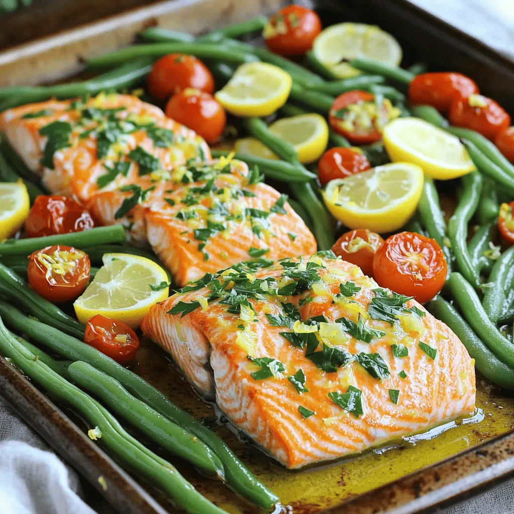 To create this dish, gather these key ingredients: - 4 salmon fillets (skin-on preferred) - 2 tablespoons olive oil - 4 cloves garlic, minced - Juice and zest of 2 lemons - 1 teaspoon dried oregano - 1 teaspoon smoked paprika - Salt and pepper to taste - 2 cups green beans, trimmed - 1 cup cherry tomatoes, halved - Fresh parsley, chopped for garnish These ingredients come together to make a tasty and healthy meal. The salmon provides healthy fats and protein. The garlic and lemon add bright flavors. You can add a few extra items to boost taste: - 1 tablespoon honey for sweetness - 1 teaspoon capers for a briny touch - A pinch of red pepper flakes for heat These optional ingredients can really take the dish to a new level. Feel free to mix and match based on what you like. To make this recipe, you will need: - A large mixing bowl - A whisk or fork - A large baking sheet - Parchment paper (optional for easy cleanup) - A sharp knife and cutting board Having the right tools makes cooking easier and more fun. With these items, you can create a delicious one pan meal without any fuss. You can find the full recipe in the earlier sections. Start by gathering all your ingredients. You need salmon, olive oil, garlic, lemons, and spices. Make sure to have green beans and cherry tomatoes ready, too. Preheat your oven to 400°F (200°C). This step is vital for a perfect bake. In a bowl, mix olive oil, minced garlic, lemon juice, and zest. Add oregano, smoked paprika, salt, and pepper. Whisk everything until it blends well. This mixture gives a zesty kick to the meal. After mixing, place the salmon fillets in the bowl. Make sure to coat each fillet well with the mixture. Set aside some of the mix for the veggies. On a large baking sheet, arrange the trimmed green beans and halved cherry tomatoes. Drizzle them with the reserved lemon garlic mix. Toss to coat evenly. This will enhance their flavor as they bake. Move the veggies to the edges of the sheet. This creates space for the salmon. Place the fillets in the center, skin side down. Bake everything for about 15 to 18 minutes. The salmon should flake easily when done, and the veggies should be tender. To save time, prep the ingredients while the oven heats. This way, you can get the meal ready quickly. If you have extra time, let the salmon marinate in the mix for 10 minutes. It adds more flavor. While everything bakes, clean your prep area. This keeps your space tidy and makes serving easier. You can also chop fresh parsley for garnish during this time. The whole process should take around 30 minutes, and you’ll serve a delicious meal. For the complete cooking instructions, check the Full Recipe. When picking salmon, look for bright, vibrant color. Fresh fillets should shine. Avoid any that smell fishy. The skin should be smooth and intact. Skin-on fillets hold moisture and flavor better. If you can, buy wild-caught salmon. It tastes better and is healthier. To get flaky salmon, do not overcook it. Bake it until it is just opaque. A fork should easily flake the fish apart. Using a meat thermometer helps. Aim for 125°F (52°C) for medium-rare. Let the salmon rest for a few minutes before serving. This helps it stay juicy. You can boost the flavor of your salmon in many ways. Adding fresh herbs like dill or tarragon makes it pop. A sprinkle of lemon zest brightens the dish. For added heat, include red pepper flakes. Experiment with citrus juice, like lime or orange, for a twist. You can also use different oils, like avocado, for a richer taste. {{image_2}} You can make this dish even healthier by adding more veggies. Try using asparagus, zucchini, or bell peppers. Each of these adds color and flavor. You can mix and match based on what you have at home. Just remember to cut them to similar sizes for even cooking. If you want a new taste, switch up the herbs and spices. Fresh dill or basil can bring a fresh twist. You can also use lemon thyme or rosemary for a strong flavor. If you like heat, add a pinch of red pepper flakes. Adjust these ingredients to suit your taste. This dish is great on its own, but you can pair it with many sides. Try serving it with brown rice or quinoa for a hearty meal. A simple green salad also works well. You could even add a light vinaigrette for extra flavor. For something special, serve with roasted potatoes. Each side adds a new layer of taste to your meal. For the full recipe, check out the detailed steps. If you have leftover salmon, store it in an airtight container. Place a piece of parchment paper between the salmon and the lid. This helps keep the fish fresh. Refrigerate it right away. Leftover salmon can last up to three days in the fridge. If it's not eaten, it may lose its taste and texture. To freeze leftover salmon, wrap each fillet tightly in plastic wrap. Then, place the wrapped salmon in a freezer-safe bag. This protects it from freezer burn. Frozen salmon can last for about three months. To thaw, place the salmon in the fridge overnight. For a quick method, submerge the sealed bag in cold water for about an hour. To reheat salmon, do it gently. Preheat the oven to 275°F (135°C). Place the salmon on a baking sheet and cover it with foil. Heat for about 15 minutes. This keeps the fish moist and prevents it from drying out. You can also use a microwave, but do this in short bursts to avoid overcooking. Enjoy your meal again with the same great taste as the first time! For the full recipe, check out the earlier sections. Bake salmon for 15 to 18 minutes at 400°F (200°C). The salmon should flake easily with a fork when it is done. This time may vary slightly based on the thickness of the fillets. Thicker pieces may need a few more minutes. Always check for doneness to avoid overcooking. Yes, you can use frozen salmon. Just make sure to thaw it first. Thaw salmon overnight in the fridge or place it in cold water. Once thawed, you can follow the same steps in the Full Recipe. Cooking time may stay the same, but check for doneness. You can use other vegetables like asparagus, broccoli, or zucchini. Carrots or bell peppers work well too. For tomatoes, try using diced bell peppers or even olives for a different flavor. The key is to choose veggies that cook around the same time as the salmon for best results. In this blog post, we covered how to make one pan lemon garlic salmon. I shared the main and optional ingredients, along with tools needed. You learned step-by-step instructions for prepping and cooking. I also provided tips for choosing salmon and enhancing flavor. Lastly, I discussed variations, storage tips, and answered common questions. Enjoy cooking and making this dish your own. With practice, you will impress everyone at the table.