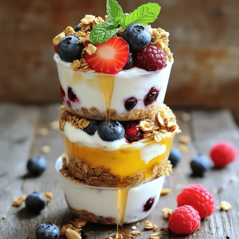 To make Frozen Yogurt Granola Cups, you need these ingredients: - 2 cups Greek yogurt (plain or flavored) - 1 cup granola (your choice of flavor) - 1 cup mixed berries (strawberries, blueberries, raspberries) - 2 tablespoons honey or maple syrup - 1 teaspoon vanilla extract - 1/4 cup chopped nuts (almonds, walnuts, or pecans) - Fresh mint leaves for garnish (optional) When choosing Greek yogurt, opt for plain for a lower sugar option. Flavored yogurts can add sweetness but may have more sugar. For granola, select a brand that has whole grains and minimal added sugars. You can also make your own granola at home for the best taste and health. Nuts add crunch and healthy fats. Almonds and walnuts work great, but pecans add a nice sweetness. Fresh berries taste great, but frozen berries are just as good. Frozen berries are often picked at their peak ripeness, so they can be just as flavorful. If you use frozen berries, let them thaw slightly before adding them to the cups. This helps them blend better with the yogurt and granola. To make Frozen Yogurt Granola Cups, start by gathering your ingredients. You need Greek yogurt, granola, mixed berries, honey, vanilla, and nuts. In a mixing bowl, combine the Greek yogurt, honey, and vanilla extract. Stir until the mix is smooth. This smooth mixture is key for a tasty cup. Next, take a muffin tin and line it with cupcake liners. This helps with easy removal later. Spoon about one tablespoon of your yogurt mix into each liner. Spread it evenly across the bottom. Then, add about one tablespoon of granola on top. Press down slightly to secure it in place. Now, add a layer of mixed berries. You can use whole berries or slice larger ones. Top each cup with another tablespoon of the yogurt mix to cover the berries. Finish by sprinkling chopped nuts over the top. Finally, place the muffin tin in the freezer for at least four hours. To get a smooth yogurt mixture, make sure your yogurt is at room temperature. Cold yogurt can clump up, making it hard to mix. Stir the honey and vanilla extract in well. If you want an extra creamy texture, try using full-fat Greek yogurt. It blends better and tastes richer. Layering is key to great Frozen Yogurt Granola Cups. Start with yogurt, then granola, and finish with berries. Make sure to press each layer down lightly. This helps hold everything together when you take a bite. If you want more crunch, add more nuts on top. They add a nice texture. When you serve, peel away the liners carefully to keep the shape. For more detailed steps and insights, check the Full Recipe. You can make your granola cups special. Try different yogurts, like fruit-flavored or vanilla. You can also switch granola. Use chocolate or cinnamon granola for a twist. Want to add some extra fun? Mix in your favorite nuts or seeds. You can even swap berries for other fruits. Kiwi and mango are great choices! To boost flavor, consider adding a pinch of salt. It makes sweet flavors pop! You can also add spices. Cinnamon or nutmeg gives a warm touch. Want a creamy texture? Fold in a bit of nut butter. Almond or peanut butter works well. For a sweet zing, add a few drops of lemon or orange juice. One common mistake is overfilling the cups. Leave some space at the top. This helps them freeze well. Another mistake is not pressing the granola down. Press it firmly to hold the layers together. Lastly, don’t forget to freeze long enough. Four hours is the least you should aim for. If you skip this, your cups will be too soft. {{image_2}} You can have fun with flavors in your frozen yogurt granola cups. Try tropical flavors by adding coconut and pineapple. Mix in some mango for a fresh twist. If you love chocolate, use chocolate yogurt and add cocoa powder. You could even sprinkle chocolate chips on top for extra richness. The key is to play with what you like. Each flavor brings a new joy. Switch up the nuts and fruits to change the taste. Almonds, walnuts, or pecans work great. You can use any nut you prefer. For fruits, try bananas, peaches, or apples. Each fruit adds its own sweetness and texture. You can even mix different berries for a burst of flavor. The more you experiment, the more fun you will have. If you want a vegan option, use coconut yogurt or almond yogurt. These give a creamy texture without dairy. For sweetening, try agave syrup instead of honey. You can also use dairy-free granola. Make sure to check the labels for any hidden dairy. With these swaps, you can enjoy these treats without dairy while keeping them tasty. Try the full recipe to see how easy it is to create these custom cups! To keep your frozen yogurt granola cups fresh, store them in an airtight container. Line the container with parchment paper for extra protection. This helps avoid freezer burn and keeps them tasty. If you have extra cups, consider wrapping each one in plastic wrap before placing them in the container. This way, they stay fresh and easy to grab. Your frozen yogurt granola cups can last up to three months in the freezer. When you’re ready to enjoy them, take out as many as you want. Let them sit at room temperature for about five to ten minutes. This makes them easier to remove from the liners. You can also use a warm knife to help pop them out if they stick. Always check your cups for signs of spoilage. If you see ice crystals or a weird smell, it’s best to throw them away. If they look dry or have a change in texture, these are signs they are no longer good. Enjoy your frozen yogurt granola cups while they are fresh for the best taste! Frozen Yogurt Granola Cups are a great snack. They provide protein, fiber, and vitamins. Greek yogurt offers probiotics, which help gut health. Granola adds whole grains and healthy fats. Berries bring antioxidants and natural sweetness. Overall, these cups are a balanced treat. Yes, you can make these cups ahead. They freeze well and stay fresh for weeks. Prepare them one day and freeze for later. Just pull them out when you want a snack. This makes them a perfect option for busy days. To make these cups dairy-free, use coconut yogurt instead of Greek yogurt. Check for a brand that has good taste and texture. You can also try almond or cashew yogurt. These options still provide creaminess and flavor. You can get creative with toppings! Try using seeds like chia or flax. You can also add shredded coconut or dark chocolate chips. For more fruit, consider banana slices or kiwi. The options are endless, so mix and match! Adjusting sweetness is easy! If you prefer less sugar, use less honey or maple syrup. You can also try adding mashed banana or applesauce for natural sweetness. Taste the yogurt mixture and add more if needed. In this blog post, we explored making frozen yogurt granola cups. We covered ingredient choices, preparation steps, and tips for a smooth mix. You learned how to customize flavors and avoid common mistakes. We also shared ideas for variations and proper storage techniques. Frozen yogurt granola cups are versatile and easy to make. They offer a healthy treat for you and your family. With these simple steps, you can enjoy a delicious snack at home!