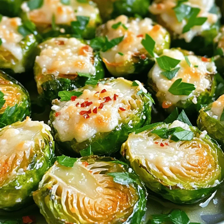 - 1 pound Brussels sprouts, trimmed and halved - 4 tablespoons olive oil - 4 cloves garlic, minced - ½ cup grated Parmesan cheese - 1 teaspoon garlic powder - ½ teaspoon crushed red pepper flakes (optional) - Salt and pepper to taste - 2 tablespoons fresh parsley, chopped (for garnish) You can swap out olive oil for coconut or avocado oil. If you want a different cheese, try Pecorino Romano. For a vegan option, use nutritional yeast instead of cheese. When picking Brussels sprouts, look for bright green ones. They should feel firm and heavy. Avoid any yellow or wilted leaves. Fresh garlic adds great taste. It should be firm and dry. Avoid garlic that is sprouting or soft. These tips can make your Garlic Parmesan Brussels Sprouts shine. For the full recipe, check the previous section. 1. Preheat your oven to 400°F (200°C). This ensures even cooking. 2. Prepare a baking sheet by lining it with parchment paper. This helps with easy cleanup. 3. In a large mixing bowl, combine the halved Brussels sprouts, olive oil, minced garlic, garlic powder, crushed red pepper flakes, salt, and pepper. 4. Toss everything together until the Brussels sprouts are well coated. This step adds flavor. 1. Spread the Brussels sprouts in a single layer on the baking sheet. Avoid crowding them. 2. Roast the sprouts in the preheated oven for about 25-30 minutes. Stir halfway through for even cooking. 3. Check for doneness. The sprouts should be golden brown and tender. If they need more time, roast for a few extra minutes. 1. Once roasted, remove the baking sheet from the oven. 2. Sprinkle grated Parmesan cheese over the hot Brussels sprouts. This helps the cheese melt better. 3. Return the baking sheet to the oven for an additional 5 minutes. This makes the cheese slightly crispy and delicious. 4. Remove from the oven and garnish with fresh chopped parsley before serving. This adds a nice pop of color and freshness. For the full recipe, you can refer back to the beginning. Enjoy your cooking! To boost the taste of your Garlic Parmesan Brussels sprouts, consider adding spices. A pinch of smoked paprika gives a nice smoky flavor. You can also try adding onion powder for depth. Mixing in other veggies can create a colorful dish. Carrots, bell peppers, or red onions pair nicely. Their sweetness balances the sprouts' natural bitterness. If you want options beyond roasting, sautéing or air frying works well. Sautéing gives a nice golden color while keeping the sprouts tender. Air frying makes them crispy without much oil. For even cooking, cut the Brussels sprouts into similar sizes. This helps them roast or fry consistently. Stir them halfway through cooking to avoid burning. When serving, a simple platter looks great. You can place the Brussels sprouts in a bowl and drizzle with more olive oil. For garnishing, sprinkle fresh parsley on top. It adds a pop of color and fresh taste. You might also add lemon zest for a bright finish. For the full recipe, check out the link! {{image_2}} You can easily adapt this dish to fit your diet. For a vegan or dairy-free option, swap out the Parmesan cheese with nutritional yeast. This gives a cheesy flavor without dairy. You can also try using a cashew cream for a rich taste. If you're on a low-carb or keto diet, keep the Brussels sprouts as they are. They are low in carbs and high in fiber. Just skip the cheese, or use a small amount to stay within your carb limit. Want to spice things up? Add more crushed red pepper flakes or a dash of sriracha. This will give your Brussels sprouts a nice kick. If you prefer something sweet, drizzle some maple syrup or balsamic glaze before roasting. This balances the savory garlic and Parmesan. You can take this dish around the world with a few simple changes. For an Italian twist, add balsamic vinegar and fresh herbs like oregano or thyme. This gives a bright flavor that complements the sprouts well. For an Asian-inspired version, mix in soy sauce or sprinkle sesame seeds on top. These additions bring a nutty taste and a different texture. Don't be afraid to get creative and make it your own! For the full recipe, check out the section on ingredients and instructions. To store leftovers, place the Brussels sprouts in an airtight container. They stay fresh in the fridge for about 3 to 4 days. When you're ready to eat them, the best way to reheat is in the oven. Set it to 350°F (175°C). Spread the sprouts on a baking sheet and heat for about 10 minutes. This keeps them crispy and tasty. If you want to freeze Garlic Parmesan Brussels Sprouts, first let them cool completely. Place them in a single layer on a baking sheet and freeze for 1 to 2 hours. Then, transfer the sprouts to a freezer-safe bag or container. They can stay in the freezer for up to 3 months. To thaw, move them to the fridge overnight. Reheat in the oven the same way as before for best results. For the best taste, eat the Brussels sprouts within 3 to 4 days if stored in the fridge. Watch for signs of spoilage, like a sour smell or mushy texture. If they look slimy or have dark spots, it's best to toss them. Always check for freshness to enjoy your Garlic Parmesan Brussels Sprouts at their best. To make Garlic Parmesan Brussels sprouts, follow these steps: 1. Preheat your oven to 400°F (200°C). 2. Trim and halve 1 pound of Brussels sprouts. 3. In a bowl, mix Brussels sprouts with 4 tablespoons of olive oil, 4 minced garlic cloves, 1 teaspoon of garlic powder, and salt and pepper to taste. 4. Spread the mixture on a baking sheet lined with parchment paper. 5. Roast for about 25-30 minutes, stirring halfway through. 6. Add ½ cup of grated Parmesan cheese and roast for another 5 minutes. 7. Garnish with chopped parsley before serving. This simple recipe creates a tasty dish that's easy to love. You can find the Full Recipe for more details. Yes, you can prepare Brussels sprouts ahead of time. Clean and cut them a day before and store them in an airtight container in the fridge. This saves time on busy days. You can also toss them with olive oil and seasonings beforehand. Just cover and chill until ready to roast. This way, your meal prep becomes quick and easy. Garlic Parmesan Brussels sprouts pair well with many dishes. Here are some ideas: - Roast chicken or turkey for a hearty meal. - Grilled salmon adds nice flavor and protein. - Serve with quinoa or rice for a filling side. - Include a fresh salad for a light touch. These options make your meal colorful and balanced. You can make Garlic Parmesan Brussels sprouts healthier by trying these tips: - Use less olive oil or swap for a spray version. - Replace Parmesan with a lower-fat cheese or nutritional yeast. - Skip the red pepper flakes if you want less heat. - Add more veggies like carrots or bell peppers to increase fiber. These changes help you enjoy a tasty dish while keeping an eye on calories. In this post, we explored how to make Garlic Parmesan Brussels Sprouts. We covered the essential ingredients, substitutions, and tips for freshness. I provided step-by-step instructions for preparing and roasting. We discussed flavor enhancements, cooking techniques, and creative variations. Lastly, I shared storage tips to keep them fresh. Overall, these sprouts are tasty and easy to make. You can enjoy them as a side or a healthy snack option.