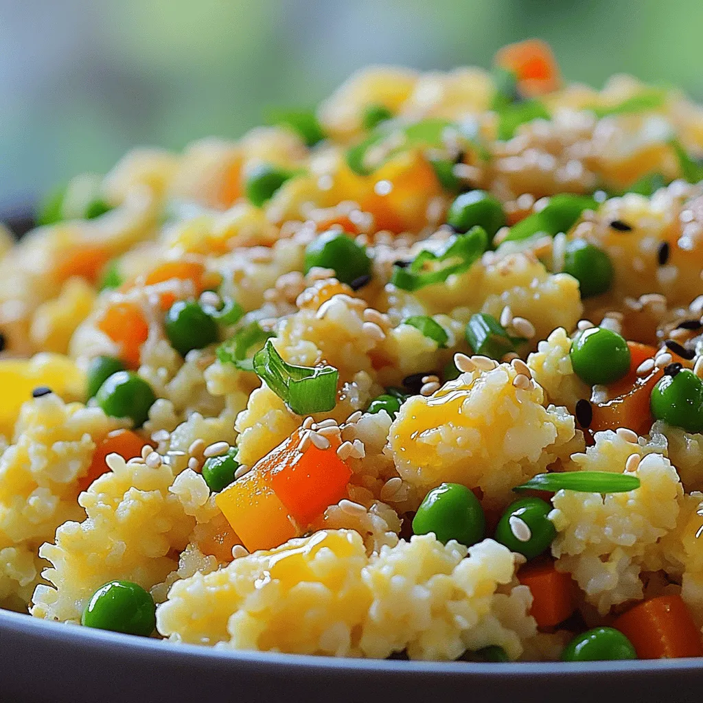 To make a tasty cauliflower fried rice, gather these main ingredients: - 1 medium head of cauliflower, grated or riced - 1 cup mixed vegetables (carrots, peas, bell peppers) - 2 eggs, lightly beaten - 2 green onions, chopped - 2 cloves garlic, minced - 1 tablespoon ginger, minced - 3 tablespoons soy sauce (or tamari for gluten-free) - 1 tablespoon sesame oil - 2 tablespoons olive oil - Salt and pepper to taste These ingredients give you a great base for flavor and texture. The cauliflower acts as a low-carb rice substitute. The eggs provide protein, while the mixed vegetables add color and nutrients. You can customize your cauliflower fried rice with these optional ingredients: - Cooked chicken, shrimp, or tofu for added protein - Other vegetables like broccoli, corn, or zucchini - Red pepper flakes for heat - Fresh herbs like cilantro or basil for extra flavor Feel free to mix and match these extras to suit your taste. This recipe is flexible and can adapt to what you have on hand. To make this dish, you'll need a few simple tools: - A food processor or box grater for ricing cauliflower - A large non-stick skillet or wok for cooking - A spatula for stirring - Measuring spoons and cups for accuracy Having the right tools makes cooking easier and more fun. They help you create a delicious meal with minimal fuss. Follow the [Full Recipe] for step-by-step guidance on how to prepare your meal. Start with the cauliflower. Remove the leaves and stem. Cut the florets into small chunks. Use a food processor or box grater to make rice-sized pieces. This gives your dish a great texture. Next, gather your other ingredients. Chop the green onions, mince the garlic, and ginger. You want everything ready to go. This makes cooking quick and easy. Heat 1 tablespoon of olive oil in a large skillet or wok over medium-high heat. Add the minced garlic and ginger. Stir for about 30 seconds until they smell good. Now, toss in the mixed vegetables. Cook them for 3-4 minutes. Stir often until they are tender and bright. Push the veggies to one side of the skillet. Pour the beaten eggs on the empty side. Scramble the eggs until they are fully cooked. Then, mix them with the veggies. It's time for the riced cauliflower! Add it to the skillet along with the soy sauce. Stir everything together well. Cook for 5-7 minutes, stirring often. This helps the cauliflower soften a bit. Drizzle the sesame oil over your dish and mix it in. Season with salt and pepper to taste. Remove the skillet from the heat. Garnish with chopped green onions and sesame seeds if you like. Your cauliflower fried rice is now ready to serve! For the full recipe, check the earlier section. To make great cauliflower rice, choose a firm head of cauliflower. Start by removing the leaves and stem. Cut the florets into smaller pieces. Use a food processor or box grater to turn the florets into rice-sized bits. Aim for a fine consistency, but avoid making it mushy. You can swap some ingredients for a personal touch. If you don’t have green onions, use chives or shallots. For a different flavor, try coconut aminos instead of soy sauce. If you want it spicy, add chili flakes or fresh peppers. You can also use any veggies you like, such as zucchini or broccoli. Cauliflower fried rice is a great main dish or side. Serve it with grilled chicken or shrimp for protein. You can also top it with a fried egg for an extra treat. Garnish with sesame seeds and fresh herbs to add color and flavor. For a fun twist, try serving it in a lettuce wrap. For the complete recipe, check out the Full Recipe section. {{image_2}} You can easily add chicken to your cauliflower fried rice. Start with one cup of diced cooked chicken. Add it to the skillet after cooking the vegetables. This boosts protein and makes the dish heartier. Use grilled or rotisserie chicken for a quick option. Stir it well with the vegetables before adding the cauliflower. For a vegan twist, simply skip the eggs. You can add more veggies like mushrooms or zucchini. Tofu is a great option too. Use firm tofu and cube it before cooking. Sauté it with the garlic and ginger for flavor. You can also add nutritional yeast for a cheesy taste. This keeps the meal tasty without animal products. If you like heat, try adding chili paste or sriracha. Mix in one tablespoon at the end for a spicy kick. You can also include sliced jalapeños while cooking the veggies. Another option is to sprinkle red pepper flakes on top before serving. Adjust the spice to fit your taste. Explore the full recipe to find more ideas and flavor combinations. After you enjoy your meal, cool the leftover cauliflower fried rice. Transfer it to an airtight container. This helps keep the flavors fresh. Store it in the fridge for up to four days. If you want it to last longer, think about freezing it. When you're ready to eat the leftover fried rice, take it out of the fridge. You can reheat it in a microwave or on the stove. For the microwave, place it in a bowl and cover it. Heat for 1-2 minutes, stirring halfway through. On the stove, add a little oil to a skillet over medium heat. Add the rice and stir for about 3-5 minutes until it's hot. To freeze your cauliflower fried rice, make sure it is cool first. Use freezer-safe bags or containers. Remove as much air as you can. This helps prevent freezer burn. You can freeze it for up to three months. When you’re ready to eat, thaw it overnight in the fridge before reheating. Check out the Full Recipe for more details on making this dish. Yes, cauliflower fried rice is a healthy meal. It has fewer carbs than regular rice. Cauliflower is low in calories and high in fiber. This dish also contains veggies, which add vitamins and minerals. Using eggs boosts protein, making it filling. Overall, it's a great choice if you want a lighter meal. Yes, you can use frozen cauliflower rice. It saves time and is easy to find. Just heat it in the pan without thawing first. This keeps it from getting mushy. Make sure to adjust cooking time as needed. Check the package for instructions to ensure the best results. To change the serving size, simply scale the ingredients up or down. For fewer servings, halve the ingredients. For more, double or triple them. Keep the same ratios for flavor. This way, you can make just what you need. It’s that easy! For the full recipe, refer back to the beginning. Cauliflower fried rice is a simple and healthy dish that you can make at home. We explored key ingredients, cooking steps, and tips for perfect results. You can customize it with various proteins and spices. Remember to store leftovers properly to keep them fresh. With this guide, you can enjoy delicious, easy meals that fit your taste. Embrace the creativity this dish offers and share it with others. Enjoy your cooking journey!