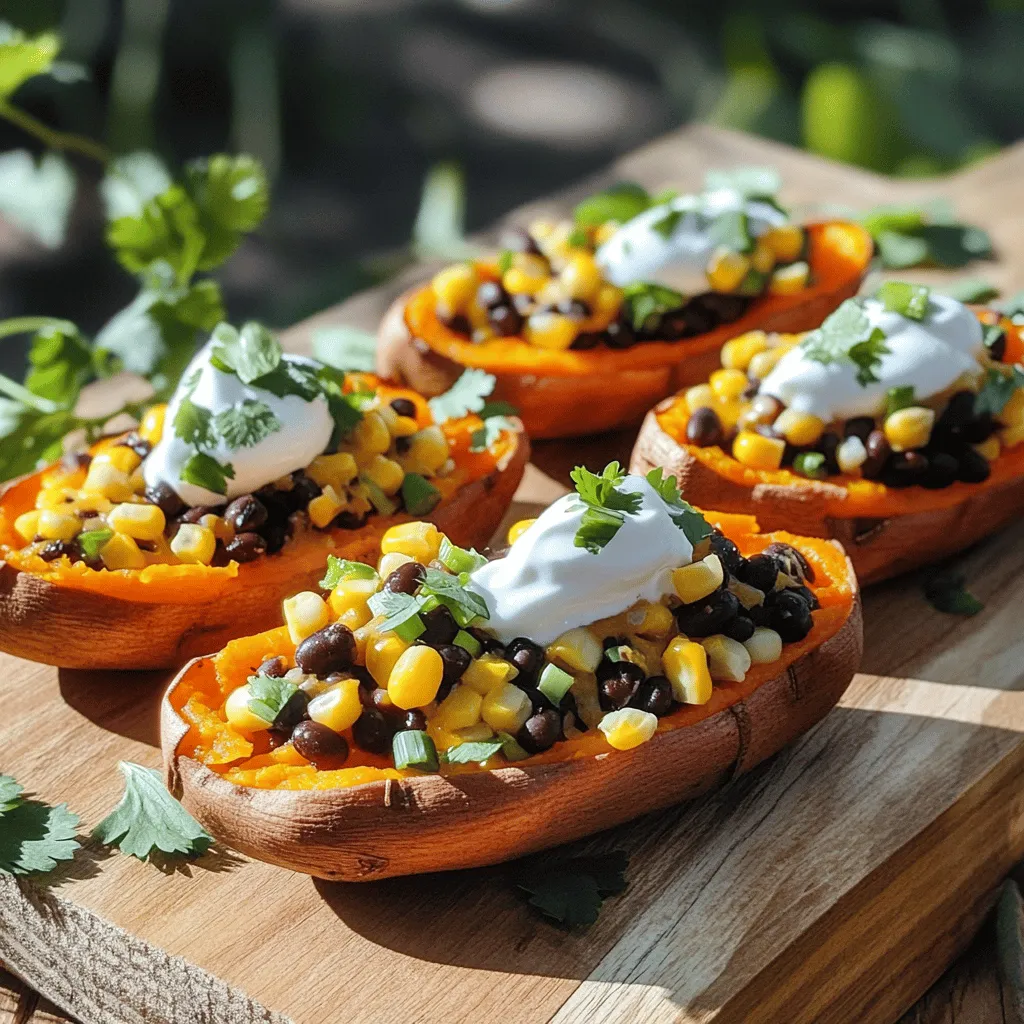 To make loaded sweet potato skins, gather these main items: - 4 medium sweet potatoes - 1 cup black beans, drained and rinsed - 1 cup corn kernels (fresh or canned) - 1 cup shredded cheddar cheese (or vegan cheese) - 1/2 cup sour cream (or Greek yogurt) - 1/4 cup green onions, chopped These ingredients bring great flavor and texture. Sweet potatoes add a natural sweetness. Black beans give protein and heartiness. Corn adds a nice crunch, while cheese brings creamy goodness. You can add more fun with these optional items: - 1 tablespoon olive oil - 1 teaspoon cumin - 1 teaspoon chili powder - Salt and pepper to taste - Fresh cilantro for garnish These extras help boost the taste. Olive oil keeps it moist. Cumin and chili powder add warmth and spice. Salt and pepper bring all the flavors together. Fresh cilantro adds a pop of color and freshness. To make this recipe easier, use the following tools: - Baking sheet - Parchment paper - Fork - Mixing bowl - Spoon or scoop These tools help you prepare and bake the sweet potatoes. A mixing bowl is great for blending the filling. A fork helps with poking holes in the potatoes before baking. These simple tools make the cooking process smooth and fun. First, preheat your oven to 400°F (200°C). This step helps cook the sweet potatoes perfectly. Then, wash and scrub the sweet potatoes to remove any dirt. Use a fork to poke holes in each potato. This allows steam to escape while baking. Place the sweet potatoes on a baking sheet lined with parchment paper. Bake them for 45-50 minutes. They are done when they feel soft. After baking, remove them from the oven and let them cool for a few minutes. This makes them easier to handle. Next, slice each sweet potato in half lengthwise. Use a spoon to scoop out some of the flesh. Leave about 1/4 inch of the flesh on the sides. In a small bowl, mix the scooped sweet potato flesh with black beans, corn, cumin, chili powder, olive oil, salt, and pepper. Stir until everything is well combined. This mixture adds great flavor to the sweet potato skins. Now, fill each sweet potato skin with the mixture. Be generous while filling them! Top each one with a good amount of shredded cheese. Return the filled sweet potato skins to the oven. Bake them for another 10-15 minutes. Keep an eye on them until the cheese melts and bubbles. Once they are done, take them out and let them cool for a few minutes. Serve the loaded sweet potato skins with dollops of sour cream, green onions, and fresh cilantro. Enjoy this tasty treat as a snack or meal! For the full recipe, click here. To get the best texture, bake your sweet potatoes well. I like to poke holes in them. This helps steam escape and keeps the skins from getting soggy. Bake them until they are soft, about 45-50 minutes. After baking, let them cool a bit. This makes it easier to scoop out the flesh without breaking the skin. I love cheese, but you can switch it up! For a vegan option, use vegan cheese. It melts well and tastes great. You can also try cream cheese or goat cheese for a tangy twist. Mix your cheese into the filling for a creamy texture. Serve your loaded sweet potato skins hot. Top them with fresh sour cream or Greek yogurt. Add chopped green onions and cilantro for a fresh taste. If you want some heat, try adding jalapeños. They add a nice kick! Enjoy your dish with a side salad or tortilla chips for a fun meal. For the full recipe, check the recipe section above. {{image_2}} For a vegan twist, swap out the cheese and sour cream. Use vegan cheese that melts well. You can also replace sour cream with cashew cream or a simple avocado mash. Both options add creaminess without dairy. This style keeps the dish flavorful and healthy. If you love heat, add chopped jalapeños to the filling mix. You can also sprinkle some red pepper flakes on top before baking. For an extra kick, use spicy vegan cheese or hot sauce. These tweaks will turn your loaded sweet potato skins into a fiery dish. To make these skins healthier, skip the cheese completely. Instead, pile on extra veggies like spinach or bell peppers. You can also reduce the amount of olive oil used in the filling. This helps cut calories while keeping the taste bold and fresh. Explore the [Full Recipe] for all the details to create these tasty variations! After you enjoy your loaded sweet potato skins, let them cool. Place any leftovers in an airtight container. Store them in the fridge for up to three days. Make sure to separate the toppings if you want them fresh. This helps keep the skins crispy and tasty. To reheat your loaded sweet potato skins, use an oven for best results. Preheat it to 350°F (175°C). Place the skins on a baking sheet. Heat them for about 10 to 15 minutes. This method keeps them crispy. You can also use a microwave, but they may turn soft. If you use the microwave, heat them for 1 to 2 minutes. If you want to save some for later, you can freeze them. First, let the skins cool completely. Wrap each skin tightly in plastic wrap. Then, place them in a freezer-safe bag. They can stay in the freezer for up to three months. When you’re ready to eat, thaw them overnight in the fridge. Then, reheat in the oven for the best taste. Enjoy the flavors again! To make loaded sweet potato skins, start by baking four medium sweet potatoes in a hot oven. Preheat it to 400°F (200°C). Wash and poke each sweet potato with a fork. This helps steam escape. Bake them for 45-50 minutes until soft. Once cool, slice each potato in half and scoop out some flesh, leaving a bit inside. Mix the scooped flesh with black beans, corn, cumin, chili powder, olive oil, and seasoning. Fill the skins with this mix and top with cheese. Bake them again for about 10-15 minutes until the cheese melts. Serve with sour cream, green onions, and cilantro. For the detailed steps, check the Full Recipe. Yes, you can use different cheeses! Cheddar is great, but feel free to try mozzarella, Monterey Jack, or even vegan cheese. Each cheese brings its own flavor and texture. If you want a stringy melt, go for mozzarella. For a sharp taste, cheddar is the way to go. You can mix cheeses too for a unique twist. There are many tasty toppings for loaded sweet potato skins. Sour cream or Greek yogurt adds creaminess. Green onions offer a fresh crunch. You can add diced tomatoes, jalapeños, or avocado for extra flavor. For a bit of heat, try some hot sauce or fresh herbs like cilantro. Get creative and use what you love! You learned about loaded sweet potato skins, from ingredients to tips. We covered the main and optional ingredients, tools, and each step in making them. I shared ways to get perfect texture and serving ideas. You also found variations for different diets and storage info for leftovers. Try these tips to make your dish stand out. Enjoy creating delicious meals that everyone loves!