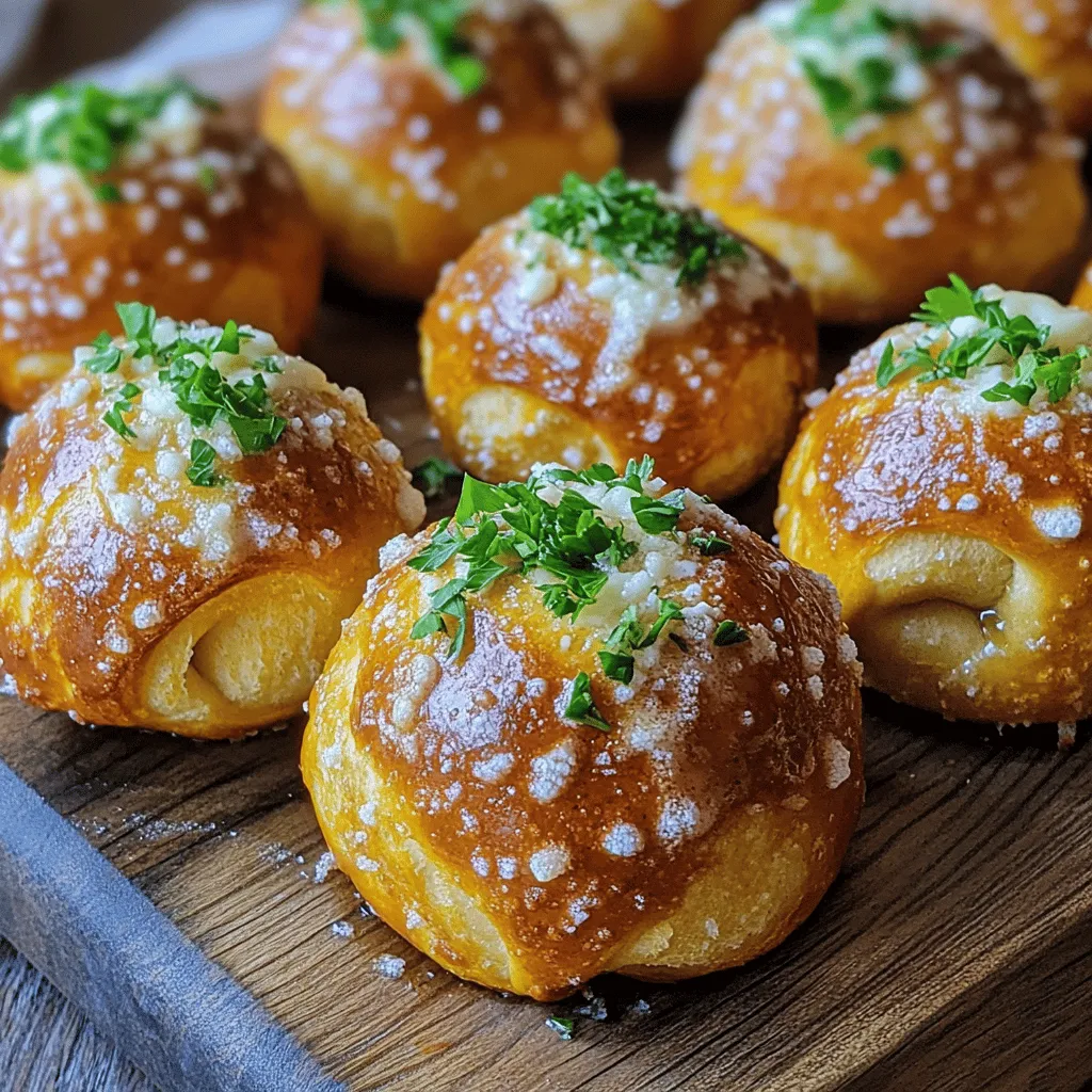 To make Quick Garlic Parmesan Pretzel Bites, you need the following items: - 1 can of refrigerated pizza dough - 1/4 cup baking soda - 1 cup water - 4 tablespoons unsalted butter, melted - 1 teaspoon garlic powder - 1/2 teaspoon salt - 1 cup grated Parmesan cheese - 1 tablespoon fresh parsley, chopped (for garnish) When measuring ingredients, use dry measuring cups for solids and liquid cups for liquids. For butter, a stick is often marked, making it easy to measure. If you need a precise amount, use a scale. This can help with the baking soda and cheese. Remember, too much of these can change the taste and texture. If you don't have pizza dough, you can use bread dough or even biscuit dough. For the baking soda, do not substitute with baking powder as they work differently. If you want a different cheese, try mozzarella or cheddar. If you need a dairy-free option, use plant-based butter and cheese alternatives. These changes can still give you a tasty snack! For the full recipe, refer to the section above. First, get your oven hot. Preheat it to 425°F (220°C). While that heats, line a baking sheet with parchment paper. This keeps the bites from sticking. Next, unroll your pizza dough. Cut it into small squares, about 1-inch each. This size is perfect for snacking. Now, let's prepare the baking soda solution. In a pot, bring 1 cup of water to a boil. Once boiling, add 1/4 cup of baking soda. Stir until it dissolves. This step gives the pretzels their classic flavor and texture. Using a slotted spoon, dip each square of dough into the boiling solution for 30 seconds. This helps them puff up while baking. After that, place the dough pieces on your prepared baking sheet. Now it's time to add flavor. In a bowl, mix 4 tablespoons of melted butter, 1 teaspoon of garlic powder, and 1/2 teaspoon of salt. Brush this mixture over each pretzel bite. Don’t be shy! Make sure they’re well-coated. Next, sprinkle 1 cup of grated Parmesan cheese over the dough pieces. This cheese will melt and create a tasty crust. Once you finish this, it’s time to bake. Place the baking sheet in the preheated oven. Bake for 10-12 minutes, or until the bites turn golden brown. After baking, take them out and let them cool for a few minutes. If you have extra garlic butter left, drizzle it on top for more flavor. These pretzel bites are great on their own. Serve them warm for the best taste. You can also pair them with your favorite dipping sauces. Mustard or marinara sauce works well. For a fresh touch, sprinkle chopped parsley on top before serving. This adds color and a burst of flavor. For more details, refer to the Full Recipe. Enjoy making these quick garlic Parmesan pretzel bites! To get soft and chewy pretzel bites, you must boil the dough. Boiling it in baking soda water helps create that classic pretzel crust. Keep the boil time short, just 30 seconds. This step is key for the right texture. The outside becomes crisp, while the inside stays fluffy. While garlic and Parmesan shine, you can add more flavors. Try adding Italian herbs or chili flakes for a kick. You can also mix some smoked paprika into the butter for a deeper taste. Experiment with different cheeses like cheddar or mozzarella for fun twists. One common mistake is not boiling long enough. This can lead to pretzel bites that are too soft. Another mistake is skipping the melted butter. The butter adds flavor and helps the cheese stick. Lastly, don’t overcrowd the baking sheet; give each bite space to rise. For the full recipe, you can refer back to the main section. {{image_2}} You can switch up the cheese in these pretzel bites. Try using cheddar or mozzarella. For a spicy kick, add pepper jack cheese. Each cheese brings a new taste and fun twist. You can mix two or more types for a rich flavor. Experiment with different cheeses to find your favorite blend. Dipping sauces add more fun to your pretzel bites. You can go classic with mustard or ranch dressing. For a zesty option, try a spicy Sriracha mayo. Cheese sauce is a great choice for cheese lovers. You can even make a sweet dip with chocolate or caramel for a dessert twist. Feel free to get creative with seasonings. You can add Italian herbs like oregano or basil for a fresh taste. Smoked paprika gives a nice smoky flavor. If you love heat, sprinkle some cayenne or chili powder. You can also use everything bagel seasoning for a crunchy topping. Each seasoning adds a unique touch to your pretzel bites. To keep your pretzel bites fresh, place them in an airtight container. You can store them at room temperature for up to two days. If you want them to last longer, place them in the fridge. In the fridge, they stay fresh for about a week. Just make sure to cool them completely before sealing. When you're ready to enjoy your pretzel bites again, the oven is best. Preheat your oven to 350°F (175°C). Place the bites on a baking sheet. Heat them for about 5 to 8 minutes. This keeps them crispy. You can also use a microwave, but they may get soft. Heat them for 15 to 20 seconds, checking after each interval. If you want to save some for later, freezing is a great option. First, let the pretzel bites cool completely. Then, place them in a single layer on a baking sheet. Freeze them for about an hour. Once frozen, transfer them to a freezer bag or container. They can stay in the freezer for up to three months. To eat, thaw them in the fridge overnight and reheat as mentioned above. For the full recipe, refer back to the ingredients and steps provided earlier. To make these pretzel bites gluten-free, you can use gluten-free pizza dough. Many stores sell it. Look for brands that are soft and easy to shape. When baking, keep an eye on the time. Gluten-free dough sometimes bakes faster. This way, you can still enjoy a tasty snack without gluten. Yes, you can use different cheeses! Cheddar, mozzarella, or even a spicy pepper jack work great. Each cheese adds a unique flavor. Experiment with your favorites to find your best match. Mixing cheeses can also create a fun taste. These pretzel bites go well with many dips. A simple cheese dip is a classic choice. You can also serve them with mustard or ranch dressing. For a fresh touch, try a spicy salsa. These dips enhance the flavor of the bites. To make homemade pretzel dough, you need just a few ingredients. Mix warm water, yeast, flour, and a bit of salt. Knead the dough until it is smooth. Let it rise for about an hour. After that, shape it into bites and follow the rest of the baking steps. Making your dough gives a personal touch. For the complete instructions and ingredients, refer to the Full Recipe for Quick Garlic Parmesan Pretzel Bites. It lays out everything you need to create this fun snack! This post covered how to make delicious pretzel bites from start to finish. We explored ingredients, preparation, and baking. I shared tips for the best texture and flavor. Variations with cheese and dips add fun twists. Lastly, I provided storage tips to keep your bites fresh. Now, you’re ready to enjoy these tasty treats. Happy baking!