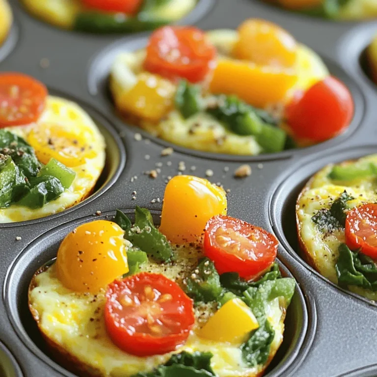 - 6 large eggs - 1 cup spinach, chopped - 1/2 cup bell peppers, diced - 1/4 cup red onion, finely chopped - 1/2 cup cherry tomatoes, halved - 1/4 cup shredded cheese (cheddar or mozzarella) - 1 teaspoon garlic powder - 1 teaspoon salt - 1/2 teaspoon black pepper - Cooking spray or oil for greasing muffin tin These ingredients make a great breakfast. They are easy to find. Eggs are the base. They provide protein and keep you full. Spinach adds vitamins and a nice green color. Bell peppers bring sweetness and crunch. Red onion gives a mild bite. Cherry tomatoes add juiciness. Cheese adds creaminess and flavor. Garlic powder boosts taste without extra work. Salt and pepper balance all the flavors. - Calories per muffin: Each muffin has about 90 calories. - Macronutrient breakdown: You get around 6g of protein, 4g of fat, and 8g of carbs. - Vitamins and minerals: These muffins are rich in vitamins A, C, and K, plus calcium and iron. Eating these muffins helps you stay healthy. You get a good mix of protein, fats, and carbs. They are low in calories, making them a smart choice for a meal. With the right balance of nutrients, you can enjoy them guilt-free. For the complete cooking guide, check out the Full Recipe. First, you need to preheat your oven to 350°F (175°C). This step helps bake the muffins evenly. While the oven heats, grab a muffin tin. Spray it with cooking spray or use a little oil to prevent sticking. Make sure each cup is well-coated. Next, take a large mixing bowl and crack the six eggs into it. Whisk them well until they blend smoothly. This step is key for fluffy muffins. Now, add the chopped spinach, diced bell peppers, finely chopped red onion, and halved cherry tomatoes. Toss in the shredded cheese, garlic powder, salt, and black pepper. Stir everything together until it is evenly mixed. Every bite will be packed with flavor. Now it’s time to pour the egg mixture into the muffin tin. Fill each cup about three-quarters full. This allows the muffins to rise without spilling over. Place the muffin tin in the preheated oven. Bake for 18-20 minutes. You’ll know they are done when the tops are slightly golden and the muffins are firm. Carefully remove them from the oven and let them cool for a few minutes. Run a knife around the edges to help pop them out easily. Enjoy warm or store them in an airtight container for later. For the full recipe, check out the details above. To avoid overcooking your egg muffins, keep an eye on them as they bake. Baking them for 18 to 20 minutes usually works well. If the tops look golden and the edges pull away from the tin, they are done. Insert a toothpick into the center; it should come out clean. If it comes out wet, give them a few more minutes. For a fluffier texture, whisk the eggs well before adding other ingredients. This adds air and makes the muffins light. Also, you can add a splash of milk or cream to enhance the fluffiness. These small tips make a big difference in the final dish. Feel free to swap ingredients to suit your taste. If you don’t like spinach, try kale or zucchini. You can also skip the cheese or use a different kind, like feta or goat cheese. If you want a kick, add some diced jalapeños or hot sauce. Adding protein options can make your muffins heartier. Diced ham or crumbled bacon works great. You can also use cooked sausage or tofu for a vegetarian option. Mix and match to find your favorite combo. For preparation, a large mixing bowl and a whisk are essential. You will also need a good muffin tin. A non-stick muffin tin helps the muffins release easily after baking. Silicone muffin tins are great too, as they allow for easy removal. Choose a standard 12-cup muffin tin for this recipe. If you want mini muffins, use a smaller tin and adjust the baking time. These tools will help you create a perfect batch of veggie egg muffins. For the full recipe, check out the complete list above. {{image_2}} You can easily change up your veggie egg muffins. Here are some ideas for healthy add-ins: - Zucchini: Grate it and mix it in for moisture. - Mushrooms: Chop them fine for an earthy flavor. - Broccoli: Steam and chop it for added crunch. - Kale: Use instead of spinach for a different green. For cheese, consider these alternatives: - Feta: Adds a tangy kick. - Goat cheese: Creamy and rich in flavor. - Nutritional yeast: A great dairy-free option that adds cheesy notes. If you want to spice things up, try these options: - Jalapeños: Dice them for a kick of heat. - Hot sauce: A few drops can really wake up the flavors. You can also infuse your muffins with fresh herbs: - Basil: Adds a sweet, aromatic taste. - Thyme: Brings a warm and earthy flavor. For those watching carbs, consider these low-carb swaps: - Cauliflower rice: Replace some veggies for a lighter muffin. - Egg whites: Use them to cut calories and fat. If you need dairy-free options, here’s what to do: - Almond milk: Use it for fluffiness without dairy. - Dairy-free cheese: Many brands offer good alternatives. These variations make the veggie egg muffins fun and adaptable. You can always find a way to make them fit your taste and needs. For the complete recipe, check out the Full Recipe! To store leftovers, let your veggie egg muffins cool completely. Place them in an airtight container. This keeps them fresh for up to five days in the fridge. For the best results, use glass or plastic containers with tight-fitting lids. Freezing these muffins is simple. First, let them cool fully. Then, wrap each muffin in plastic wrap. Place the wrapped muffins in a freezer-safe bag. Squeeze out the air before sealing. This method helps them stay fresh for up to three months. When you are ready to eat, take out your muffins and let them thaw in the fridge overnight. Reheating your veggie egg muffins can be done a few ways. The best method is using an oven. Preheat your oven to 350°F (175°C). Place the muffins on a baking sheet and heat for about 10 minutes. This helps keep the texture nice. You can also use a microwave. Heat each muffin for about 30 seconds. If you want a crispy edge, try a toaster oven. Just watch them closely to avoid overcooking. These egg muffins last about 5 days in the fridge. Store them in an airtight container. This keeps them fresh and safe to eat. If you want them to last longer, freeze them. They can stay good in the freezer for up to 3 months. Just make sure to wrap each muffin well. Use plastic wrap or a freezer bag. This helps prevent freezer burn. Yes, you can make these muffins ahead of time. They are perfect for meal prep. You can cook them on a Sunday and enjoy them all week. Just follow the recipe and let them cool. Once cool, store them in your fridge. This way, you have a healthy breakfast ready to go. Grab one as you head out the door. It saves time and keeps you full. To reheat veggie egg muffins, use the microwave or oven. For the microwave, place one muffin on a plate. Heat it for about 30 seconds. Check if it’s warm enough. If not, heat for another 10 seconds. For the oven, preheat it to 350°F (175°C). Place the muffins on a baking sheet. Heat for about 10 minutes. This keeps them soft and tasty. Enjoy them warm for the best flavor. In this blog post, we explored a simple recipe for veggie egg muffins. You learned about the key ingredients, how to prepare and bake them, and tips for seasoning and storage. These muffins are not only tasty but also easy to customize. They fit well into busy lifestyles and healthy eating plans. With the right mix of veggies and spices, you can make these muffins a staple in your kitchen. Enjoy experimenting with different flavors and share your creations!