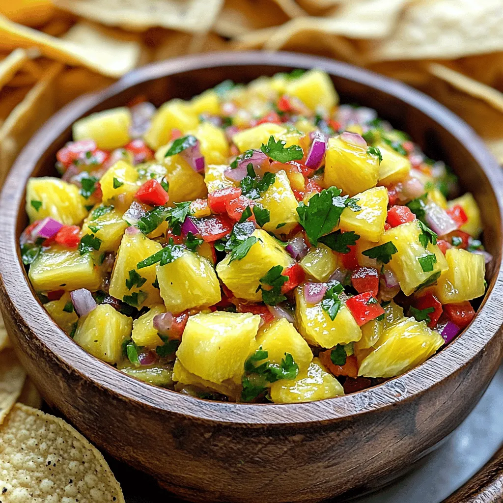 - 2 cups fresh pineapple, diced - 1 medium red bell pepper, finely chopped - 1 small red onion, finely chopped - 2 habanero peppers, seeded and minced - 1/4 cup fresh cilantro, chopped - Juice of 1 lime - Salt to taste - 1 tablespoon honey (optional) Fresh ingredients make all the difference in taste. When you use ripe pineapple, it adds sweetness. The red bell pepper brings a nice crunch and color. Fresh cilantro gives the salsa a bright flavor. Lime juice adds tang, making each bite pop. Using fresh produce makes your salsa vibrant and tasty. If you can’t find fresh pineapple, try canned pineapple. Just drain it well. For the red bell pepper, you can use green bell pepper. If red onion is not available, yellow onion works too. You can swap habaneros with jalapeños for less heat. If you don’t like cilantro, parsley is a good alternative. Lime juice can be replaced with lemon juice. If you want more sweetness, try maple syrup instead of honey. First, gather all your ingredients. Fresh pineapple is key for bright flavor. Dice the pineapple into small chunks. Chop the red bell pepper and red onion finely. Habanero peppers pack heat, so be careful. Seed and mince them, adjusting the number for your spice level. Rinse and chop the cilantro. Finally, squeeze the lime for its juice. This will add a zesty kick. In a large bowl, combine the diced pineapple, red bell pepper, and red onion. Mix these three first to form a colorful base. Next, carefully add the minced habanero peppers. Be cautious with them! You can taste a tiny bit to check the heat. After that, toss in the chopped cilantro and lime juice. Stir everything gently but well. This ensures all the flavors mix nicely. Finally, season with salt to taste. If you like it sweeter, add honey, too. Let the salsa sit for at least 30 minutes. This resting time helps the flavors blend. You can cover it and place it in the fridge. The cool temperature enhances the taste. For best results, serve it chilled or at room temp. Pair it with tortilla chips, grilled meats, or tacos. This Pineapple Habanero Salsa will wow your guests with its vibrant flavor. You can change the heat by using fewer habanero peppers. If you want more spice, add an extra pepper. Always taste a small piece first. This lets you know how spicy it is. For a milder salsa, use jalapeños instead. They add flavor without too much heat. To get the right texture, chop your fruit finely. Avoid large chunks that can make it hard to scoop. If you want a smoother salsa, blend it lightly. Just a few pulses will do. Make sure not to over-blend, or you might lose the fresh taste. You can add extra ingredients to boost flavor. A splash of vinegar gives it a tangy kick. Chopped tomatoes add juiciness and color. For sweetness, consider using mango or peach. You can also mix in diced avocado for creaminess. Each addition makes the salsa unique. For the full recipe, check the original instructions. {{image_2}} You can change the fruit in this salsa. Mango or peach add a sweet twist. These fruits blend well with the heat of the habanero. To use mango, just dice it like the pineapple. For peach, peel and chop them up. You can mix and match to find your favorite! If you want a different level of spice, try other peppers. Jalapeños will give you a milder heat. Serrano peppers pack more heat than jalapeños but less than habaneros. You could even try ghost peppers if you love extreme spice. Always taste a small piece first to know how hot it is. You can also add other tasty items. Diced avocado brings creaminess to the salsa. Sweet corn adds a nice crunch and extra flavor. Try black beans for protein. Just be careful with how much you add. You want to keep the balance of flavors. For the full recipe, check out the instructions above! To keep your Pineapple Habanero Salsa fresh, store it in an airtight container. This prevents air from spoiling the salsa and keeps it tasty. Place the salsa in the fridge right after making it. The cold slows down spoilage and keeps flavors bright. You can freeze Pineapple Habanero Salsa for a longer shelf life. Pour the salsa into a freezer-safe bag or container. Make sure to leave some space for expansion. Seal it tightly and label it with the date. When you want to use it, thaw it overnight in the fridge. This helps keep the texture nice. Fresh Pineapple Habanero Salsa lasts about 3 to 5 days in the fridge. If you freeze it, it can last up to 3 months. Always check for signs of spoilage, like off smells or discoloration. Enjoy your salsa at its best! For the complete recipe, refer to the Full Recipe section. To make Pineapple Habanero Salsa less spicy, reduce the number of habanero peppers. You can also remove the seeds and membranes from the peppers. These parts hold the most heat. Adding more pineapple and bell pepper can balance the spice. You might also mix in avocado or mango for creaminess and sweetness. These tips help tame the heat while keeping the flavor. Pineapple Habanero Salsa pairs well with many dishes. It's great with tortilla chips for a tasty snack. You can serve it with grilled chicken or fish for a fresh twist. Tacos also love this salsa. Just spoon it on top for a burst of flavor. You can even use it as a topping for nachos or in burritos. Many grocery stores offer pre-made Pineapple Habanero Salsa. Look in the salsa aisle or the deli section. You can also check local markets or specialty stores. Some brands sell it online too. If you prefer to make it at home, check out the Full Recipe for a fresh version. This blog post covers the key ingredients, preparation, and tips for making Pineapple Habanero Salsa. Fresh ingredients like pineapple, peppers, and cilantro bring vibrant flavors. Adjust the heat and try different fruits to suit your taste. Remember to store it right to keep it fresh. Overall, this salsa adds excitement to any meal. You can enjoy it now or save it for later. Dive into this easy recipe, and bring this tasty twist to your table!