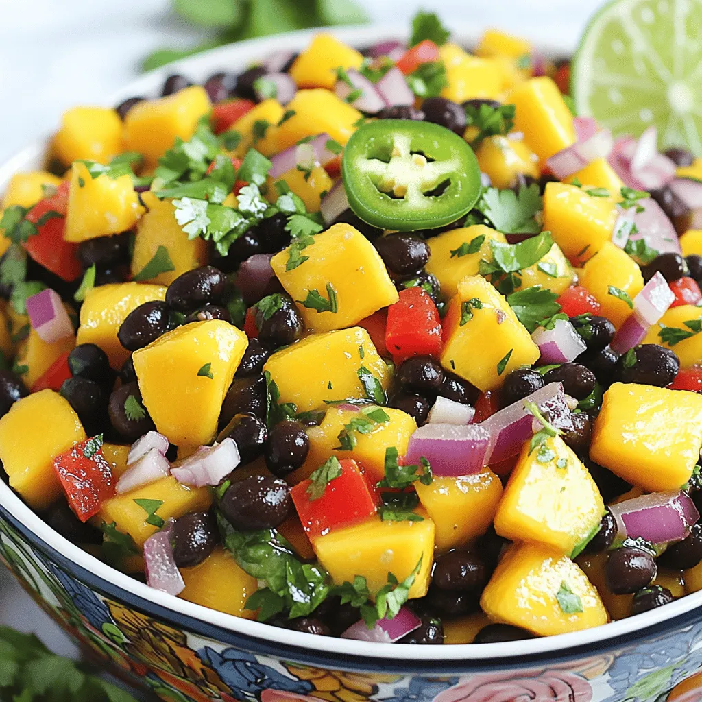 - 1 ripe mango, diced - 1 can (15 oz) black beans, rinsed and drained - 1 red bell pepper, finely chopped - 1/2 red onion, finely chopped - 1 small jalapeño, seeded and minced - 1/4 cup fresh cilantro, chopped - Juice of 1 lime - 1 tablespoon olive oil - Salt and pepper to taste Mango black bean salsa shines because of its fresh and vibrant flavors. The main ingredients bring bright color and nutrition to the dish. The ripe mango adds sweetness, while black beans provide protein and fiber. The red bell pepper gives a nice crunch and a pop of color. I love adding a bit of red onion for its sharp flavor. The jalapeño adds a kick, but you can adjust it to your spice level. Fresh cilantro brings a herbaceous note that ties everything together. The dressing is simple yet effective. Fresh lime juice adds brightness. Olive oil gives a rich mouthfeel. A pinch of salt and pepper will enhance all the flavors. For the full recipe, check the detailed instructions. This salsa is perfect for any gathering or as a fresh topping on grilled meats. With these ingredients, you can create a refreshing and flavorful dish that everyone will enjoy! - Combine mango, black beans, red bell pepper, and red onion in a bowl. - Add jalapeño and cilantro to the mix. First, I like to gather all my ingredients. Dicing the mango is fun. You want it ripe but not mushy. Rinse the black beans well to remove extra salt. Chop the red bell pepper and red onion finely. Next, you add the minced jalapeño. This adds a great kick! If you want less heat, use less jalapeño. Finally, toss in some fresh cilantro. It makes everything bright and fresh. - Whisk together lime juice, olive oil, salt, and pepper. For the dressing, take a small bowl. Squeeze the lime juice into it. I love fresh lime juice; it tastes better than bottled. Then, add the olive oil. This brings a nice richness. Don’t forget to sprinkle in salt and pepper. Whisk it all together until it is smooth. - Pour dressing over salad and toss gently. - Adjust seasoning and let sit for flavor melding. Now, pour the dressing over your salsa mix. Toss gently to coat everything evenly. You want every bite to taste amazing. After that, take a moment to taste. You may want to add more lime or salt. Let your salsa sit for at least 15 minutes. This waiting time helps the flavors blend. Trust me, it makes a big difference in taste! For the full recipe, check out the section above. To make your mango black bean salsa shine, let it rest for a while before serving. This time allows all the flavors to blend well. I usually wait at least 15 minutes. You can adjust the lime and seasoning to fit your taste. If you want more zing, add a bit more lime juice or salt. This salsa tastes best with tortilla chips. The crunchiness of the chips pairs well with the soft mango and beans. You can also use the salsa as a topping for grilled meats. It brings a fresh twist to dishes like chicken or fish. Make your salsa look as good as it tastes. Garnish it with extra cilantro and lime wedges for a fresh look. Serving it in a colorful bowl adds to its appeal. A bright dish makes the salsa more inviting and fun to eat. You can find the full recipe to get started on this delightful dish! {{image_2}} You can switch things up with this salsa. Instead of black beans, try corn. Corn adds a sweet crunch. It pairs well with the mango. You can also add avocado for a creamy texture. The avocado makes the salsa rich and smooth. If you want less heat, use a milder pepper. A green bell pepper works well. It keeps the flavor but tones down the spice. If you like it hot, add more jalapeño. Just chop it finely and mix it in. Adjust the amount to your taste. You can serve this dish as a salad, not just as salsa. It makes a great side dish. Another fun idea is to pair it with different bases. Try it with cream cheese or Greek yogurt for a new twist. You can spread it on crackers or toast. These variations make the dish more versatile and fun to enjoy. Mango black bean salsa tastes best when fresh. You can store it in the fridge for up to 2 days. Keep it in an airtight container. This helps to lock in flavors and keep it crisp. Before serving, give it a quick stir. The salsa might separate a bit while sitting. I do not recommend freezing mango black bean salsa. Freezing changes the texture of fresh ingredients. The mango and peppers may become mushy when thawed. This will affect the salsa's taste and crunch. Enjoy it fresh instead! This salsa is best served cold. Do not reheat it, as heat can ruin the fresh taste. If you want to warm it up, try serving it with warm dishes instead. Pair it with grilled chicken or fish to enjoy the flavors together. For the full recipe, check out the previous sections. Mango Black Bean Salsa is a vibrant dish that mixes sweet and savory. It features ripe mango, black beans, and colorful veggies. The sweet mango balances the earthy flavor of beans. The lime juice adds a tangy kick. You get a refreshing taste with every bite. This salsa is perfect for warm days or any gathering. If you want to tone down the heat, here are some tips: - Use less jalapeño or skip it entirely. - Remove the seeds and ribs from the jalapeño. - Add more mango to balance the spice. - Mix in some diced bell pepper or cucumber for a cooler taste. You can use canned mango, but fresh is best. Fresh mango gives the salsa a bright flavor and nice texture. If using canned, make sure it’s in juice, not syrup. Drain it well before adding. Canned mango can work in a pinch, but fresh will always shine. Mango Black Bean Salsa stays fresh for about 2 days in the fridge. Store it in an airtight container for best results. After 2 days, the ingredients may lose their crunch. The colors might dull too, so enjoy it fresh for the best taste. Yes, you can get creative with fruits! Here are some ideas: - Add diced pineapple for a tropical twist. - Try chopped kiwi for a tart bite. - Use strawberries for a sweet and juicy addition. - Experiment with peaches for a summer flavor. Mango Black Bean Salsa pairs well with many dishes. Here are some of my favorites: - Serve it with crunchy tortilla chips. - Use it as a topping for grilled chicken or fish. - Try it on tacos for a fresh twist. - It also works great on a salad or in a wrap. For the full recipe, check out the [Full Recipe]. Mango Black Bean Salsa is easy to make and packed with flavor. We covered the main ingredients, preparation steps, and serving tips. Remember to let it rest for better flavor. You can also switch up ingredients for your taste. Store it in the fridge for a couple of days. This salsa is refreshing and perfect for many meals. Enjoy it with chips or grilled foods. You’ll love how simple and tasty it is!